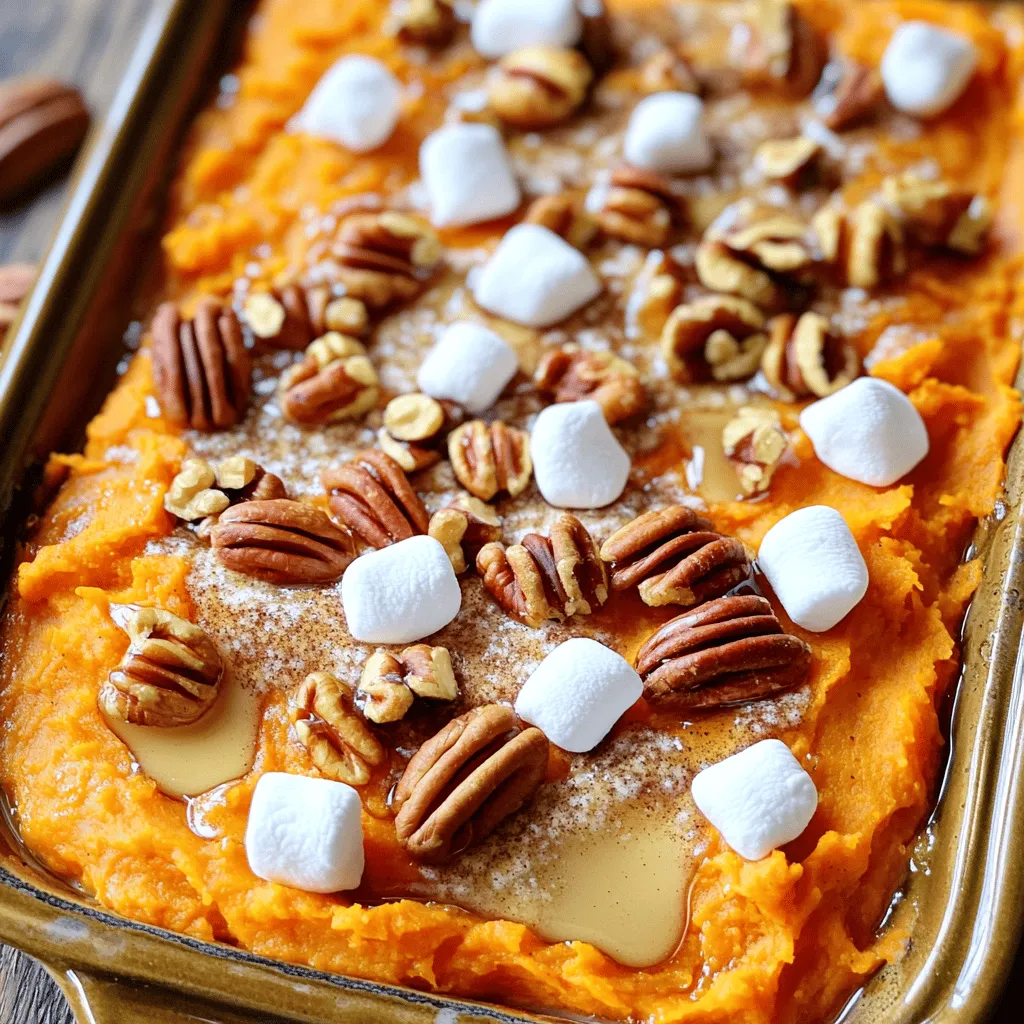 Making a Maple Pecan Sweet Potato Casserole is easy and fun. The flavors blend so well together. Here is what you need: - 4 large sweet potatoes, peeled and cubed - 1/2 cup maple syrup - 1/4 cup milk (or almond milk for a dairy-free option) - 1/4 cup unsalted butter, melted (or coconut oil for a dairy-free option) - 1 teaspoon vanilla extract - 1/2 teaspoon cinnamon - 1/4 teaspoon nutmeg - Salt to taste - 1 cup pecans, chopped - 1/2 cup miniature marshmallows (optional) Sweet potatoes are the star here. They bring sweetness and creaminess. Maple syrup adds a rich, natural taste. You can use milk or almond milk to make it creamy. The butter or coconut oil gives a nice richness. Vanilla makes everything taste better. Now, let's talk spices. Cinnamon and nutmeg add warmth and depth. They balance the sweetness and enhance the overall flavor. Chopped pecans add crunch and nutty goodness. If you like marshmallows, you can add them on top. They get all gooey and sweet when baked. You can find the full recipe for this delightful dish to guide you step by step. Cooking should be fun, and this casserole is a sure way to impress your family and friends! Boiling Sweet Potatoes Start by peeling and cubing four large sweet potatoes. Place them in a large pot. Cover the sweet potatoes with salted water. Bring the water to a boil over medium heat. Cook them for about 15 to 20 minutes. You want the sweet potatoes to be tender. Test them by poking with a fork. Once tender, drain the potatoes and let them cool slightly. Mashing Until Smooth In a mixing bowl, add the drained sweet potatoes. Mash them well until they are smooth. This step is key for a creamy texture. You can use a potato masher or a fork. It helps to get rid of any lumps. The smoother the mash, the better your casserole will be. Mixing Sweet Potato Mixture Now, add your flavor boosters. Pour in half a cup of maple syrup and a quarter cup of milk. If you want a dairy-free option, use almond milk. Then, add melted butter or coconut oil, one teaspoon of vanilla extract, half a teaspoon of cinnamon, and a quarter teaspoon of nutmeg. Add salt to taste. Mix everything well until it is creamy and fully combined. Transferring to Baking Dish Take a greased 9x13-inch baking dish. Carefully transfer the sweet potato mixture into the dish. Use a spatula to smooth the top. This helps ensure even baking. Mixing Pecans and Marshmallows In a separate bowl, chop one cup of pecans. If you like, you can add half a cup of miniature marshmallows. This is optional, but it adds sweetness. Mix the pecans and marshmallows together. Sprinkling Mixture over Sweet Potatoes Evenly sprinkle the pecan mixture over the sweet potato layer. This topping creates a great crunch. It also adds a lovely flavor contrast to the sweet potatoes. Setting the Oven Preheat your oven to 375°F (190°C). Make sure it is fully heated before baking. Baking Time and Temperature Now, place your casserole in the oven. Bake for 25 to 30 minutes. You want the casserole to be hot and the topping lightly toasted. When it’s done, remove it from the oven and let it cool for a few minutes before serving. This dish is a flavor explosion that everyone will love! For the full recipe, check out the detailed instructions provided earlier. Mashing Techniques To get the best texture, mash your sweet potatoes well. Use a potato masher or a ricer. These tools help achieve a creamy consistency. Avoid using a blender, as it can make the potatoes gluey. Avoiding Stringy Sweet Potatoes Choose fresh sweet potatoes. Older potatoes can be stringy. Boil them until they are very soft. This step helps you avoid any unpleasant strings in your casserole. Accurate Measurements for Success Measuring ingredients correctly is key for a great casserole. Use dry measuring cups for solids and liquid measuring cups for liquids. Level off flour or sugar with a knife for accuracy. This ensures your flavors come together perfectly. Additional Spices and Herbs You can boost flavor with more spices. Besides cinnamon and nutmeg, try a pinch of ginger or allspice. These spices add warmth and depth to your dish. Using Fresh Ingredients Always use fresh ingredients when possible. Fresh sweet potatoes taste better than canned. Fresh spices have more flavor than old ones. This tip will make your casserole a hit. For the full recipe, check the earlier sections. {{image_2}} You can easily make this casserole dairy-free. For milk, use almond milk or coconut milk. Both will keep it creamy and delicious. Instead of butter, try coconut oil. It adds a nice flavor and keeps the dish rich. If you need a gluten-free dish, check your ingredients. Ensure the maple syrup and any toppings are gluten-free. Most nuts are naturally gluten-free, so using pecans is a great choice. You can switch up the topping to suit your taste. Instead of pecans, try walnuts or hazelnuts for a new flavor. You can also add extra crunch with sunflower seeds. For a twist, consider sweet toppings. Mini marshmallows give a fun touch. If you prefer savory, add crispy bacon bits or herbs like rosemary. Each option adds a unique flavor and texture to your Maple Pecan Sweet Potato Casserole. For the full recipe, check out the details above. To keep your Maple Pecan Sweet Potato Casserole fresh, refrigerate it. First, let the casserole cool to room temperature. Then, cover it tightly with plastic wrap or aluminum foil. You can also transfer it to an airtight container. Proper refrigeration can keep it fresh for about three to five days. When reheating, you want to maintain that great flavor. The best way is to use an oven. Preheat your oven to 350°F (175°C). Place the casserole in a baking dish and cover it with foil. Heat it for about 20-25 minutes. This method keeps it moist and tasty. You can also use a microwave, but the oven is best for flavor. Want to save some for later? You can freeze the casserole! First, let it cool completely. Then, cut it into portions. Wrap each piece in plastic wrap and place them in a freezer-safe bag. This way, you can enjoy it for up to three months. When you're ready to eat, just thaw it overnight in the fridge before reheating. For the complete recipe, refer to the [Full Recipe]. Yes, you can prepare this casserole in advance. Cook the sweet potatoes and mash them as directed. Mix in the other ingredients and place the mixture in your baking dish. Cover it and store it in the fridge for up to two days. When you are ready to bake, add the topping and bake it straight from the fridge. Just remember to check it for doneness, as it may take a bit longer to heat through. If you don't have maple syrup, you can use honey, agave nectar, or brown sugar. Each will give a sweet flavor, but the taste will vary. Honey is thicker and has a floral note. Agave is a bit sweeter and more neutral. Brown sugar gives a rich, caramel-like taste. Adjust the amount based on your sweetness preference. You can tell the casserole is done by checking its temperature and appearance. Look for a golden brown topping and bubbling edges. Insert a fork into the center; it should feel hot and creamy. If the topping is golden but the casserole isn't warmed all the way, cover it loosely with foil and bake a bit longer. Yes, you can easily make this recipe vegan. Substitute regular milk with almond milk or any plant-based milk. Replace unsalted butter with coconut oil or vegan butter. Use maple syrup as your sweetener, which is vegan-friendly. This way, you can enjoy the same great flavor without animal products. Maple Pecan Sweet Potato Casserole is nutritious and packed with vitamins. Sweet potatoes are high in fiber and vitamin A. The pecans add healthy fats and protein. On average, each serving has about 200 calories, 5g of protein, and 10g of fat. If you want to check specific nutritional values, consider using an online calculator with the Full Recipe. This helps you stay on track with your dietary needs. This blog post covered how to make a tasty Maple Pecan Sweet Potato Casserole. We looked at the key ingredients like sweet potatoes, maple syrup, and spices. Then, I shared the steps for preparation and baking. You also learned tips to improve texture and flavor. Finally, I discussed how to store leftovers or make variations. This dish is a great choice for gatherings or family meals. Enjoy it!