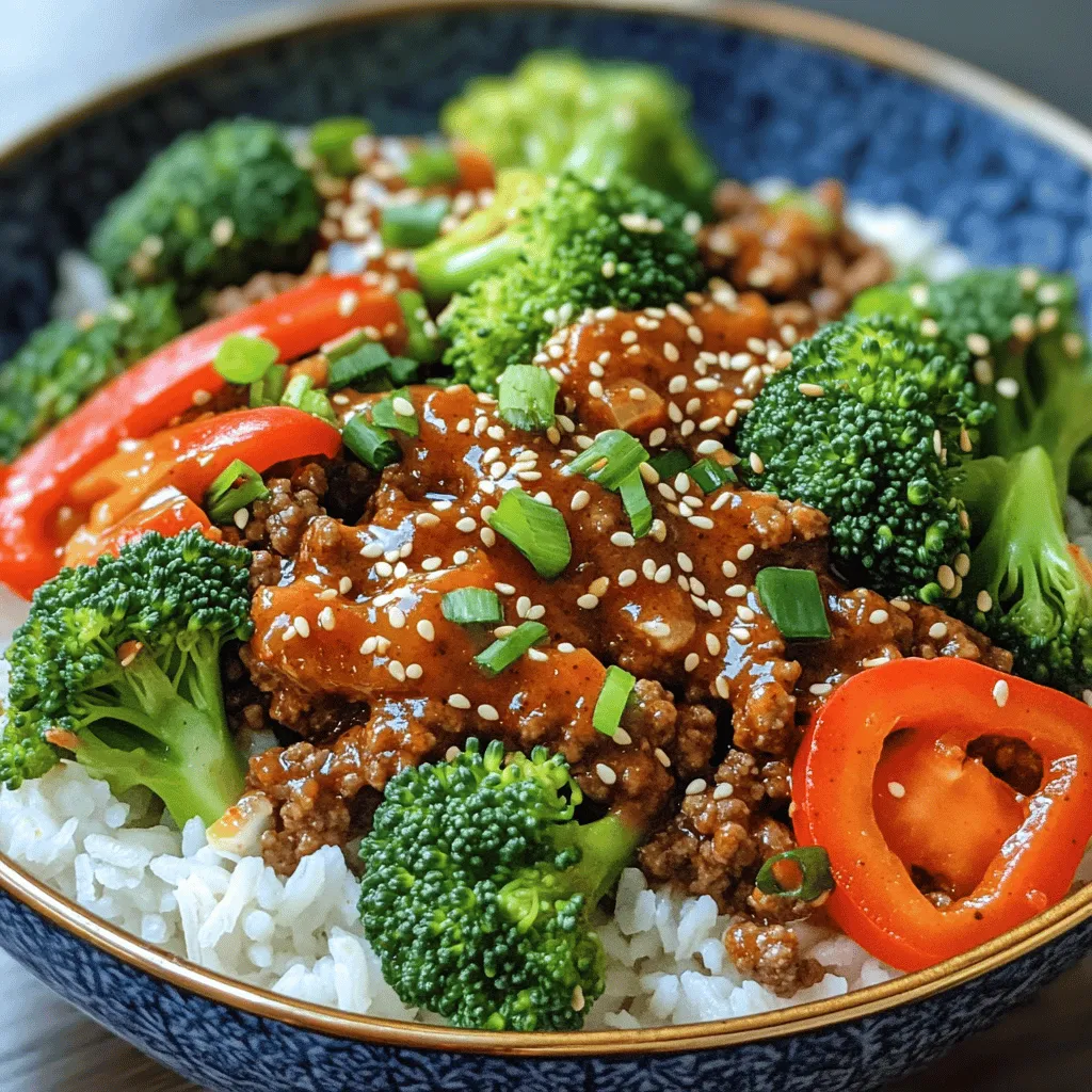 To make Spicy Korean Beef Bowls, you will need the following ingredients: - 1 lb (450g) ground beef - 2 cloves garlic, minced - 1 teaspoon ginger, grated - 3 tablespoons soy sauce - 2 tablespoons gochujang (Korean chili paste) - 1 tablespoon sesame oil - 1 tablespoon brown sugar - 1 cup broccoli florets - 1 carrot, julienned - 1 red bell pepper, sliced - 2 green onions, chopped - Cooked rice (white or brown, for serving) - Sesame seeds, for garnish - Optional: Kimchi, for serving These ingredients combine to create a dish that is spicy, savory, and full of flavor. The ground beef serves as a hearty base, while the gochujang adds heat and depth. Fresh veggies like broccoli, carrot, and bell pepper give color and crunch. You can adjust some ingredients based on your taste. For example, if you prefer less spice, use less gochujang. If you want more crunch, you can add more vegetables. These ingredients are easy to find in most grocery stores. You can also explore local markets for fresher options. Check out the Full Recipe for step-by-step instructions on how to put it all together. - Heat the sesame oil in a skillet. Start by pouring the sesame oil into a large skillet. Set the heat to medium-high. - Sauté garlic and ginger. Next, add the minced garlic and grated ginger. Cook them for about one minute. You want them to smell amazing. - Cook the ground beef. Increase the heat to high and add the ground beef. Cook it for about five to seven minutes. Break it up into smaller pieces as it cooks. - Mix soy sauce, gochujang, and brown sugar. In a small bowl, combine the soy sauce, gochujang, and brown sugar. Stir this well until the sugar dissolves. - Add to the cooked beef. Pour your sauce mixture over the cooked beef. Stir the beef until it is well coated. - Incorporate vegetables. Now, add the broccoli, carrots, and red bell pepper. Cook this for another three to four minutes. You want the veggies to be tender, but still crisp. - Spoon rice into bowls. Grab your cooked rice and spoon it into serving bowls. - Top with the beef and vegetable mixture. Now, add the spicy beef and veggie mix on top of the rice. - Garnish and add optional sides. Sprinkle sesame seeds over the bowl. If you like, add kimchi on the side for extra flavor. For the full recipe, check out [Full Recipe]. Enjoy your meal! To make your Spicy Korean Beef Bowls shine, start with high-quality gochujang. This Korean chili paste adds depth and heat. It has a unique flavor that makes the dish pop. Look for brands that use natural ingredients. A good gochujang will elevate your meal. Balancing spice levels is key. If you want a milder taste, use less gochujang. You can add more sugar to balance the heat. On the other hand, if you love spice, feel free to add more. Taste as you go and adjust to your liking. Browning ground beef well is essential. Use a large skillet and heat it over high heat. This helps achieve a nice brown color. Break the meat into smaller pieces while it cooks. This allows for even cooking and flavor absorption. For tender-crisp vegetables, don’t overcook them. Add broccoli, carrots, and bell peppers toward the end of cooking. Stir-fry them for just a few minutes. This keeps the veggies bright and crunchy, adding great texture. For a complete meal, pair your beef bowls with side dishes like kimchi or pickled vegetables. They add tangy flavors that complement the heat. You can also serve it with steamed edamame or a simple cucumber salad. Garnishes can enhance the dish too. Sprinkle sesame seeds on top for crunch. Chopped green onions add freshness. You can also drizzle extra sesame oil for a rich flavor. Feel free to get creative with your toppings! {{image_2}} You can easily swap out the proteins in this dish. Instead of ground beef, try ground chicken or turkey. For a meat-free option, use firm tofu. Just crumble it into the skillet for a great texture. Vegetable substitutions can also enhance this recipe. If you don't have broccoli, use snap peas or green beans. Instead of red bell pepper, try yellow or orange peppers. Feel free to mix in your favorite veggies for added color and nutrients. To make a milder version, reduce the gochujang. You can start with just one tablespoon and taste as you go. Adding a bit of brown sugar can help balance the heat too. If you want extra spice, add more gochujang or a sprinkle of red pepper flakes. A dash of hot sauce when serving can also kick things up a notch. Just remember, you can always add more heat, but it’s hard to take it away! You can serve this dish in fun ways. For a fresh twist, make lettuce wraps. Just spoon the spicy beef mixture into large lettuce leaves and roll them up. This adds crunch and is great for a low-carb option. Another idea is to turn it into noodle bowls. Use your favorite noodles, like rice noodles or soba. Simply lay the noodles in a bowl, top with the spicy beef and veggies, and enjoy. Each bite will be a delicious blend of flavors. For the full recipe, check the original ingredients and steps. To store leftover Spicy Korean Beef Bowls, let them cool first. Place the beef and veggies in an airtight container. Make sure to cover it tightly. In the fridge, these bowls last about 3 to 4 days. If you want to keep them fresh longer, consider freezing. You can freeze the cooked beef mixture. Just place it in a freezer-safe container or a zip-top bag. Remove as much air as you can. This helps prevent freezer burn. The beef will stay good for up to 3 months. When you're ready to eat, thaw it overnight in the fridge. Reheat it in a skillet or microwave until hot. Preparing ingredients in advance can save time. Chop the veggies and store them in separate containers. You can also mix the sauce and keep it in the fridge. When you want a quick meal, just cook the beef, add the prepped veggies, and mix in the sauce. This way, you can enjoy a tasty dish in no time. You can find the Full Recipe above to guide you. How long does it take to cook Spicy Korean Beef Bowls? It takes about 25 minutes to cook Spicy Korean Beef Bowls. The prep time is 10 minutes, and the cooking time is 15 minutes. This quick meal fits perfectly into busy weeknights. Can I make this recipe ahead of time? Yes, you can make this dish ahead of time. Cook the beef and veggies, then store them in the fridge. Reheat them when you're ready to eat. What can I substitute for gochujang? You can use sriracha or chili paste if you don't have gochujang. Both options provide heat but may lack the same depth of flavor. Is there a vegetarian alternative to this recipe? Absolutely! You can use plant-based ground meat or tofu instead of ground beef. The flavors will still shine through, giving you a tasty meal. Can I use a slow cooker for this recipe? Yes, a slow cooker works well for this dish. Just brown the beef first, then add all ingredients to the slow cooker. Cook on low for 4-6 hours. What’s the best way to cook ground beef? The best way to cook ground beef is to use high heat in a skillet. Break it apart with a spatula as it cooks. This makes it brown nicely and keeps it juicy. For the full recipe, check here. This blog post shared a simple recipe for Spicy Korean Beef Bowls. We covered ingredients, steps, and tips to make your dish shine. Remember to adjust spice levels for your taste. Don’t hesitate to swap ingredients for a fun twist. You can even meal prep for busy days! Enjoy making this easy recipe, knowing you can create a flavorful meal anytime. Dive into your kitchen and savor every bite you make!
