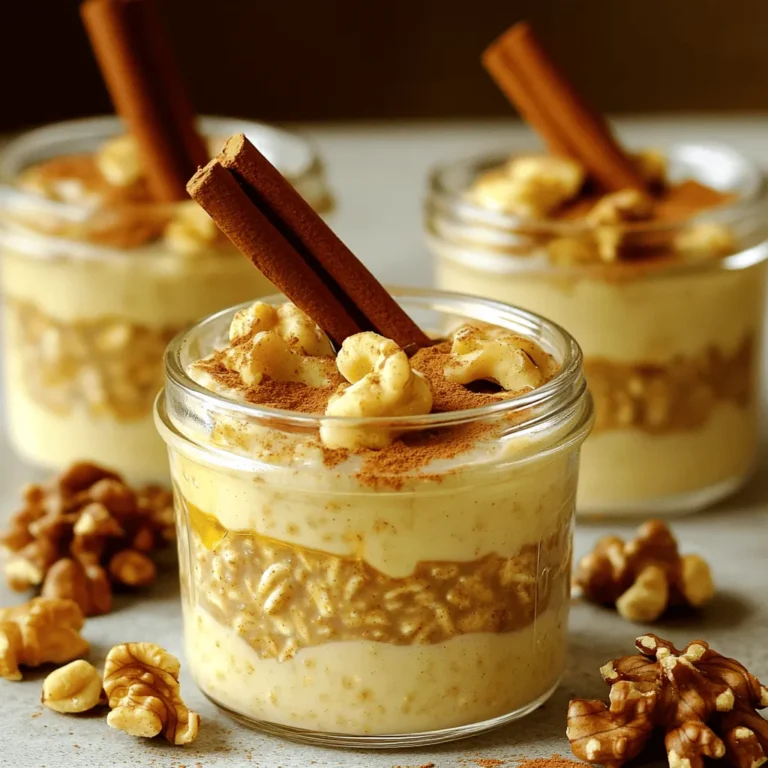 To create the perfect gingerbread overnight oats, gather these key ingredients: - 1 cup rolled oats - 2 cups almond milk (or any milk of choice) - 1 tablespoon chia seeds - 1 teaspoon ground ginger - 1 teaspoon ground cinnamon - ¼ teaspoon ground nutmeg - 1 tablespoon molasses - 1 tablespoon maple syrup (adjust for sweetness) - ½ cup Greek yogurt (optional for creaminess) - ¼ cup chopped walnuts or pecans (for crunch) - Pinch of salt These ingredients work together to create a delicious, spiced flavor. The oats soak up the almond milk overnight, making them soft and creamy. Many people have different dietary needs. Here are some swaps you might consider: - Use coconut milk or soy milk instead of almond milk for a different flavor. - For a nut-free option, use oat milk or hemp milk. - Swap chia seeds with flax seeds if you prefer. - If you want to skip the Greek yogurt, try using coconut yogurt for a dairy-free option. - For a sugar substitute, consider using agave syrup instead of maple syrup. These options let everyone enjoy the oats while meeting their dietary needs. Toppings can take your gingerbread overnight oats to the next level. Here are some fun ideas: - Add a sprinkle of extra cinnamon or nutmeg for more spice. - Top with additional chopped walnuts or pecans for more crunch. - A dollop of whipped cream or yogurt makes it feel special. - Fresh fruit like bananas or berries can add sweetness and color. - Drizzle with extra maple syrup for a sweet touch. These toppings add flavor, texture, and a festive look to your oats. For the full recipe, check the main article! Start by gathering all your dry ingredients. You will need: - 1 cup rolled oats - 1 tablespoon chia seeds - 1 teaspoon ground ginger - 1 teaspoon ground cinnamon - ¼ teaspoon ground nutmeg - Pinch of salt In a large mixing bowl, add the rolled oats, chia seeds, ground ginger, ground cinnamon, ground nutmeg, and the pinch of salt. Mix them well using a whisk or a spoon. This step ensures that all the flavors blend together nicely. For the wet ingredients, you will need: - 2 cups almond milk (or any milk of choice) - 1 tablespoon molasses - 1 tablespoon maple syrup (adjust for sweetness) - ½ cup Greek yogurt (optional for creaminess) In a separate bowl, combine the almond milk, molasses, and maple syrup. Whisk them together until fully blended. If you want creamier oats, add the Greek yogurt now. Mix until smooth. Now, pour the wet mixture into the dry ingredients. Stir them together until everything is evenly combined. Gently fold in the chopped walnuts or pecans if you like some crunch. Once mixed, divide the mixture into individual jars or containers. Seal them with lids and place them in the refrigerator. Let them chill overnight or for at least 4-5 hours. This lets the oats absorb the liquid and soften. When morning arrives, stir the oats again. If you need a thinner consistency, add a splash of almond milk. Serve chilled, topped with nuts, a sprinkle of cinnamon, or a dollop of yogurt for extra flair. Enjoy! For the complete recipe, check the Full Recipe section. To make your oats creamy, use rolled oats. They soak up liquid better than instant oats. Adding Greek yogurt gives a rich texture. Mix it in well with the wet ingredients. If you want a lighter version, skip the yogurt. Instead, add more almond milk for creaminess. You can also try using coconut milk for a tropical twist. Taste is key when it comes to sweetness. Start with one tablespoon of maple syrup. If you like it sweeter, add more syrup. You can also switch molasses for honey or agave. For spices, use one teaspoon of ground ginger and cinnamon. Adjust these to fit your taste. A dash of nutmeg adds warmth but use it lightly. Gingerbread overnight oats are perfect for meal prep. Mix a batch in just ten minutes. Divide into jars and store in the fridge. They keep well for four to five days. On busy mornings, grab one jar and go! You can enjoy them cold or warm them up in the microwave. Add toppings like nuts or fresh fruit right before eating. For the complete recipe, refer to the Full Recipe section. {{image_2}} You can change the flavor of your gingerbread overnight oats easily. Try pumpkin spice for a warm twist. It adds nice notes of nutmeg and allspice. Or, mix in cocoa powder for a chocolate version. This gives a rich flavor and a fun look. You can even add vanilla extract for extra depth. These swaps keep your oats fun and fresh. If you need vegan options, swap the Greek yogurt for almond yogurt. Use maple syrup instead of molasses for sweetness. For gluten-free oats, make sure to choose certified gluten-free oats. These small changes let everyone enjoy this tasty dish without worry. You can still savor that gingerbread flavor while meeting your dietary needs. When serving gingerbread oats, add toppings for extra flavor and texture. Fresh fruit like sliced bananas or berries brightens the dish. Nuts like almonds or pecans give a nice crunch. You can also sprinkle on some pumpkin seeds for added nutrition. A drizzle of extra maple syrup or a dollop of yogurt can enhance the sweetness. These toppings make the oats even more delicious and fun to eat. To keep your gingerbread overnight oats fresh, use airtight containers. Glass jars work great. Make sure the lids seal tightly. This helps keep the oats moist and tasty. If you add toppings, store them separately. Gingerbread overnight oats can last up to five days in the fridge. After that, the oats may become too soggy. Always check for any signs of spoilage before eating. If it smells off or has a strange color, throw it away. You can freeze gingerbread overnight oats for up to three months. Just use a freezer-safe container. Leave some space at the top for expansion. When ready to eat, thaw in the fridge overnight. You can also warm them up in the microwave. They may need a splash of milk to regain creaminess after freezing. For the full recipe, check out the detailed instructions above. Yes, you can make Gingerbread Overnight Oats ahead of time. This recipe works best when you prepare it the night before. The oats soak up the flavors and become soft and creamy. You can make a batch for the week and store them in the fridge. Just divide them into jars or containers. This helps you grab breakfast easily. If you don’t have Greek yogurt, you can try several options. You can use regular yogurt for a similar taste. If you want a dairy-free option, go for coconut yogurt or almond yogurt. For a thicker texture, use silken tofu blended until smooth. This will add creaminess without the dairy. Each option will give a different flavor, so pick what you like! Making these oats vegan is easy. Simply skip the Greek yogurt or use a plant-based yogurt. Use almond milk or other dairy-free milk options. For sweetness, maple syrup is already vegan, so you are good with that. This way, you can enjoy a tasty and healthy breakfast that fits your diet. Check the Full Recipe for more details. In this blog post, we explored the world of Gingerbread Overnight Oats. We covered ingredients, step-by-step instructions, tips for creaminess, and fun variations. You learned how to store your oats properly for lasting flavor. Also, we answered common questions about meal prep and substitutions. These oats are a tasty and healthy choice. You can easily make them suit your needs. Enjoy your delicious creation and have fun experimenting with flavors!