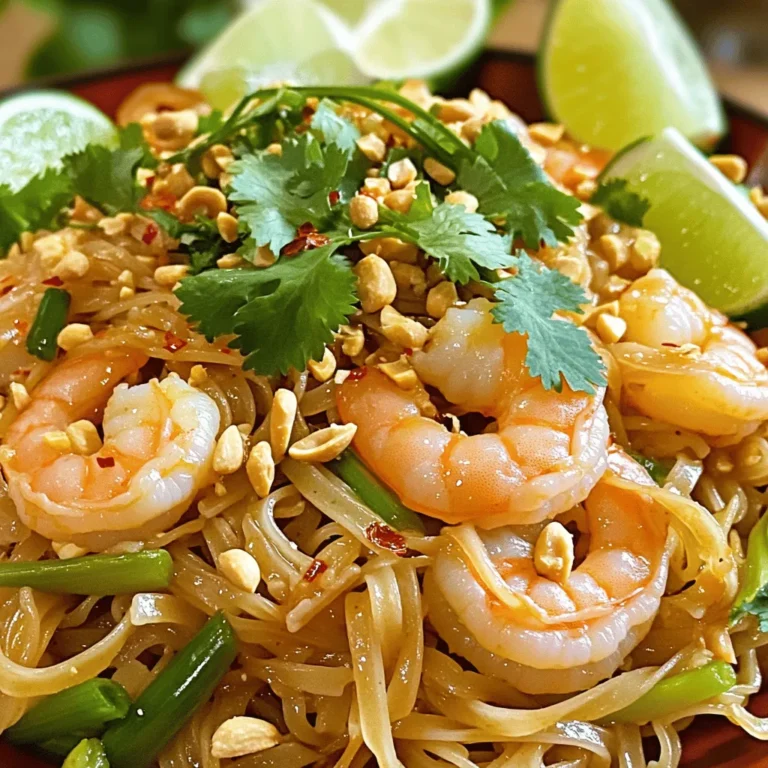 To make Easy Pad Thai with shrimp, you need some key ingredients: - 8 ounces rice noodles - 1 tablespoon vegetable oil - 1 pound shrimp, peeled and deveined - 2 cloves garlic, minced - 2 eggs, lightly beaten - 1 cup bean sprouts - 3 green onions, sliced - 1/4 cup roasted peanuts, chopped - 3 tablespoons tamarind paste - 3 tablespoons fish sauce - 2 tablespoons sugar - 1 lime, cut into wedges - Fresh cilantro, for garnish - Red pepper flakes, optional These ingredients give Pad Thai its famous taste. The rice noodles are soft and chewy. The shrimp adds a sweet and salty flavor. Garlic gives it a nice kick, while the eggs make it rich and filling. The bean sprouts and green onions add crunch and freshness. You can change up your Pad Thai to match your taste: - Additional proteins like chicken or tofu - Substitutions for shrimp, such as scallops or veggies - Garnishes like sesame seeds or lime zest Customizing your dish makes it more personal. You can mix and match to suit your family’s likes. Each serving of Easy Pad Thai with shrimp has around 400 calories. Here’s a quick look at the macronutrients: - Protein: 25 grams - Carbohydrates: 55 grams - Fat: 15 grams This dish is not only tasty, but it also has health benefits. Shrimp is high in protein and low in fat. The vegetables provide vitamins and minerals. Eating Pad Thai can be a balanced part of your meal plan. For the full recipe, check out the details above. To start, soak the rice noodles in hot water. This takes about 20 minutes. Make sure they soften but do not over-soak. Drain the noodles well when ready. For perfect texture, aim for a bit of firmness. They will cook more when you add them to the pan later. Next, heat the vegetable oil in a skillet over medium-high heat. When it's hot, add the shrimp and minced garlic. Cook for about 2-3 minutes. You'll know the shrimp is done when it turns pink and opaque. Remove the shrimp from the skillet and set them aside. In the same skillet, pour in the beaten eggs. Scramble them until fully cooked. Then, mix the eggs back with the shrimp. Now, it’s time to bring everything together. Add the soaked noodles to the skillet. In a small bowl, mix the tamarind paste, fish sauce, and sugar. Pour this sauce over the noodles. Toss everything together well until combined. For the final touch, add bean sprouts and sliced green onions. Toss for another 2 minutes until warmed. Serve your Pad Thai on plates, topping with chopped peanuts and fresh cilantro. Don't forget the lime wedges for that zesty finish! For a full recipe, you can check the earlier section. - Overcooking shrimp: This can make shrimp tough. Cook them just until they turn pink and opaque. - Incorrect noodle preparation: Soak rice noodles until they are soft, but not mushy. Drain them well before use. - Best skillet or wok to use: A large skillet or a wok works best. These allow for even cooking and easy tossing. - Recommended utensils for easy cooking: Use a wooden spoon or spatula. These tools help mix the ingredients without sticking. - Pairing side dishes: Serve with a light salad or spring rolls. These complement the flavors of Pad Thai. - Best beverages to complement the meal: A cold Thai iced tea or a light beer pairs well. They balance the meal's bold flavors. {{image_2}} For a vegetarian or vegan Pad Thai, swap the shrimp with tofu or tempeh. Both add protein and absorb flavors well. You can also skip the eggs or replace them with scrambled tofu. For the sauce, use soy sauce or a vegan fish sauce. Check labels to ensure they fit your diet. Want to spice things up? Add chili paste or red pepper flakes for heat. You can also toss in more veggies like bell peppers, carrots, or snap peas. These add color and crunch. Fresh herbs like basil or mint can boost the flavor too. In Thailand, Pad Thai often has a sweeter sauce and more peanuts. Some places add lime juice for tanginess. In Western versions, chefs may use chicken or beef. They might even include cheese! These twists make the dish unique but still delicious. For the full recipe, check out the Easy Shrimp Pad Thai section. After you enjoy your Easy Pad Thai with Shrimp, store any extras in the fridge. Use an airtight container to keep it fresh. This dish stays good for about 3 to 4 days. If you want to enjoy it later, proper storage is key. You can freeze Pad Thai, but it’s best to separate the components. Freeze the noodles and shrimp in one bag. Keep the sauce and veggies in another. This way, they stay fresh longer. When you want to eat them, thaw everything in the fridge overnight. To bring back the great taste, reheat the Pad Thai in a skillet. Add a splash of water or broth to help it steam, keeping it moist. If you have more veggies, throw them in while heating. You can also use leftover Pad Thai as a filling for spring rolls or a topping for a salad. Enjoy new meals without waste! To make Pad Thai taste authentic, focus on key ingredients. Use rice noodles, tamarind paste, and fish sauce. These add real depth to the dish. Cooking techniques matter too. Stir-fry quickly over high heat. This keeps the noodles tender and the shrimp juicy. Yes, you can use other noodles if needed. Options include egg noodles or even zucchini noodles. However, keep in mind their texture and flavor. Rice noodles provide a chewy base that holds sauce well, while egg noodles are richer and softer. Pad Thai can be gluten-free. Use rice noodles and gluten-free fish sauce. Check the labels on sauces for hidden gluten. If you worry about cross-contamination, clean all cooking surfaces and utensils thoroughly before making your dish. Pair Pad Thai with fresh spring rolls for a light side. You can also serve it with a simple cucumber salad. For dessert, try mango sticky rice. This sweet treat balances the savory Pad Thai perfectly. You learned about making Easy Pad Thai with Shrimp. We covered key ingredients, cooking steps, and tips to avoid mistakes. You can customize it with different proteins or veggies. Remember the storage tips to enjoy leftovers later. Pad Thai is versatile and can suit many diets. Whether you stick to the traditional recipe or try variations, the goal is delicious food. Dive into this tasty dish and impress your friends and family!