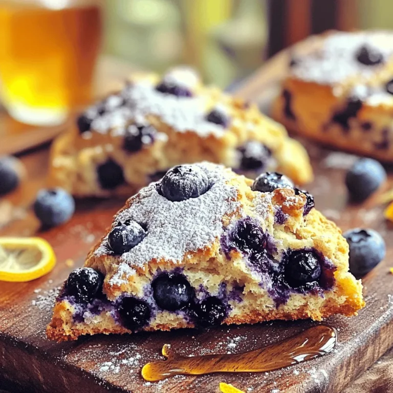 To make these tasty Lemon Blueberry Scones, gather these items: - 2 cups all-purpose flour - 1/3 cup granulated sugar - 1 tablespoon baking powder - 1/2 teaspoon salt - 1/2 cup unsalted butter, cold and cubed - 1 cup fresh blueberries - Zest of 1 lemon - 1 tablespoon lemon juice - 1/2 cup heavy cream - 1 large egg - Additional cream for brushing - Turbinado sugar for topping - All-purpose flour: This flour gives scones their nice structure. - Granulated sugar: It adds sweetness and helps with browning. - Baking powder: This helps the scones rise, making them fluffy. - Salt: A little salt enhances the overall flavor. - Unsalted butter: Use cold butter for a flaky texture. - Fresh blueberries: These add a burst of flavor and color. - Lemon zest: It brightens the scone with fresh lemon flavor. - Lemon juice: Adds acidity and balances sweetness. - Heavy cream: It keeps the dough moist and helps with richness. - Egg: This binds the ingredients and adds structure. - Turbinado sugar: It gives a nice crunch on top. - Gluten-free flour: Replace all-purpose flour with a gluten-free blend. - Dairy-free butter: Use coconut oil or a vegan butter substitute. - Non-dairy milk: Substitute heavy cream with almond or oat milk. - Egg replacement: Use a flax egg or applesauce for a vegan option. These options help you enjoy the scones while fitting your dietary needs. You can find the full recipe to guide you through creating these delightful treats! Start by preheating your oven to 400°F (200°C). Line a baking sheet with parchment paper. In a large bowl, mix the flour, sugar, baking powder, and salt. Use a whisk to combine them well. Next, add the cold, cubed butter into the bowl. With a pastry cutter or your fingers, work the butter into the mix. You want it to look like coarse crumbs. Now, gently fold in the blueberries and lemon zest. Be careful not to crush the berries as you do this. In another bowl, whisk together the heavy cream, egg, and lemon juice. Once blended, pour this mixture into the dry ingredients. Stir until just combined. The dough will feel a bit sticky. Turn the dough out onto a floured surface. Knead it gently a few times until it forms a ball. Pat the dough down into a circle, about 1 inch thick. Cut it into 8 wedges and place them on the prepared baking sheet. Before baking, brush the tops of the scones with extra cream. Sprinkle turbinado sugar on top for added texture. Now, bake the scones in your preheated oven. Keep an eye on them for about 15-20 minutes. They should turn golden brown around the edges. To check if they are done, insert a toothpick. It should come out clean if they are ready. Once baked, allow the scones to cool slightly on the baking sheet. After a few minutes, transfer them to a wire rack. For the best taste, serve them warm. I love adding a drizzle of honey or clotted cream on top. Add some extra blueberries on the side for color. A light dusting of powdered sugar can elevate your serving. Enjoy these delightful treats with a cup of tea or coffee! For the complete guide, check out the Full Recipe. To get a great scone texture, keep your butter cold. Cold butter creates flaky layers. Use a pastry cutter or your fingers to mix it into the flour. Do this until it looks like coarse crumbs. Avoid over-mixing the dough; it should be a bit sticky. This helps keep the scones light and airy. One common mistake is using warm butter. Warm butter makes scones dense and heavy. Another mistake is overworking the dough. This can lead to tough scones. Also, make sure to measure your flour correctly. Too much flour can dry out the dough. Follow the Full Recipe for best results. Serve your scones warm for the best taste. A drizzle of honey or clotted cream makes them extra special. Add a few fresh blueberries on the side for color. A light dusting of powdered sugar can add a nice touch too. Pair your scones with tea or coffee for a delightful treat. {{image_2}} You can switch out blueberries for many fruits. Try raspberries for a tart twist. Strawberries add sweetness and color. Blackberries offer a rich, deep flavor. Each fruit brings its own charm to the scone. Just remember to adjust the sugar if the fruit is sweeter or more tart. You can make these scones gluten-free easily. Use a gluten-free flour blend instead of all-purpose flour. Make sure it contains xanthan gum for the right texture. Also, check the baking powder to ensure it's gluten-free. These simple swaps keep the taste and texture delicious without gluten. Adding herbs or spices can elevate your scones. Try a hint of rosemary or thyme for a savory touch. A pinch of cinnamon or cardamom can add warmth and depth. Lemon zest pairs well with these flavors, giving you a fresh twist. Experiment with combinations to find your favorite mix. Store leftover Lemon Blueberry Scones in an airtight container. This keeps them fresh. Make sure to let them cool completely before storing. If you leave them warm, they may become soggy. For best taste, eat them within two days. You can also place parchment paper between layers to avoid sticking. Freezing scones is easy! First, cool them completely. Wrap each scone in plastic wrap. Then, place them in a freezer bag. Be sure to squeeze out as much air as possible. You can freeze them for up to three months. When you’re ready to eat, thaw them in the fridge overnight. To reheat your scones, preheat the oven to 350°F (175°C). Place the scones on a baking sheet. Warm them for about 10 minutes. This method helps keep them soft and tasty. If you want, you can also microwave them for 15-20 seconds. However, the oven gives a better texture. Enjoy your fresh-tasting scones! You can tell scones are done when they turn golden brown. Check the edges first; they should be firm. Insert a toothpick into the center. If it comes out clean, they are ready. Let them cool for a few minutes before serving. This helps the flavors settle and makes them easier to handle. Yes, you can use frozen blueberries in this recipe. They may release more juice, making the dough a bit wetter. Just fold them in gently. This will help prevent them from breaking apart too much. If you want, you can toss them in a bit of flour before adding them to the mix. This helps keep the color from bleeding. I love serving these scones warm. You can add a drizzle of honey or clotted cream. Fresh blueberries on the side add a nice touch. For extra flavor, try a sprinkle of powdered sugar on top. You can also pair them with tea or coffee for a delightful afternoon treat. - Additional FAQs - Can I make the dough ahead of time? Yes, you can make the dough and chill it. Just shape it and store it in the fridge. - Why do my scones taste dry? This can happen if you overmix the dough or use too much flour. Always measure carefully. - Can I use a different fruit? Yes, you can try raspberries or strawberries for a twist. Just adjust the amount as needed. For the full recipe, check the Lemon Blueberry Bliss Scones section. In this blog post, we covered all you need to know about making Lemon Blueberry Scones. We discussed key ingredients, their measurements, and substitutions. I walked you through the steps for preparing, baking, and serving your scones. I also shared tips to perfect your texture and avoid common mistakes. Lastly, we explored variations, storage tips, and answered your FAQs. Making scones can be easy and fun. Enjoy these tips to create your own perfect batch!