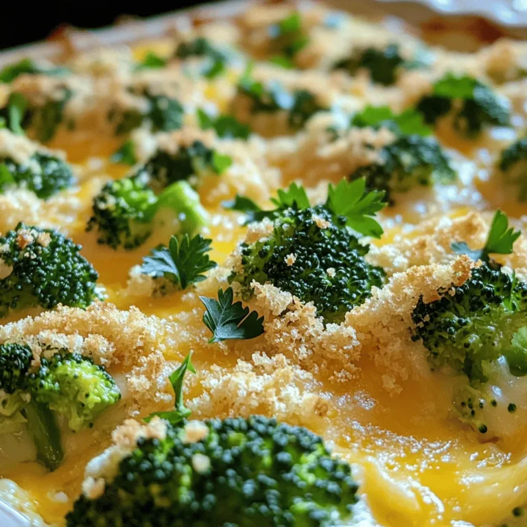 To make Cheesy Broccoli Cheddar Rice Casserole, gather these simple ingredients: - 2 cups cooked white rice - 3 cups fresh broccoli florets (steamed until tender) - 1 cup sharp cheddar cheese, shredded - 1 cup mozzarella cheese, shredded - 1 can (10.5 oz) cream of mushroom soup - 1/2 cup whole milk - 1/2 teaspoon garlic powder - 1/2 teaspoon onion powder - Salt and pepper to taste - 1/4 cup breadcrumbs - 2 tablespoons olive oil - Optional: 1/4 teaspoon red pepper flakes for heat To make this casserole, you need a few key tools: - Large mixing bowl - 9x13 inch casserole dish - Small bowl for breadcrumbs - Cooking pot for steaming broccoli - Oven for baking You can add a few extra ingredients to enhance the taste: - 1/4 teaspoon red pepper flakes for a spicy kick - Fresh herbs like parsley or thyme for freshness - A squeeze of lemon juice for brightness This recipe is easy to follow and fun to make, so don’t forget to check the Full Recipe for more details! To start, gather your ingredients. You will need cooked white rice and fresh broccoli florets. I like to steam the broccoli until it is tender. It keeps the bright color and nice crunch. Shred your sharp cheddar and mozzarella cheese. This step makes mixing easier. Next, grab your cream of mushroom soup and whole milk. You will also need garlic powder, onion powder, salt, pepper, breadcrumbs, and olive oil. If you want a kick, add red pepper flakes. In a large mixing bowl, combine the cooked rice, steamed broccoli, cream of mushroom soup, whole milk, garlic powder, onion powder, and a pinch of salt and pepper. Mix everything well. I always stir in half of both cheeses at this point. This helps the flavors blend nicely. Once mixed, transfer the mixture to a greased 9x13 inch casserole dish. Spread it evenly across the bottom. In a small bowl, mix breadcrumbs with olive oil. If you like heat, add red pepper flakes. Sprinkle this mixture over the casserole for a crunchy top. Then add the remaining cheddar and mozzarella cheese on top. Bake in a preheated oven at 350°F (175°C) for 25-30 minutes. You want the cheese to be bubbly and the breadcrumbs golden. Once done, let it cool for a few minutes. For a nice touch, garnish with fresh parsley or extra cheese before serving. Enjoy your cheesy broccoli cheddar rice casserole! For the full recipe, check the previous section. When it comes to cheese, I love using sharp cheddar. It adds a bold flavor. Mozzarella is great for creaminess and stretch. You can also mix in pepper jack for a spicy kick. Avoid pre-shredded cheese, as it contains anti-caking agents. Freshly shredded cheese melts better, giving you that perfect gooey texture. To keep your casserole moist, use enough liquid. The cream of mushroom soup and whole milk work well together. Don’t skip the cheese, as it adds moisture too. If your mixture seems dry, add a bit more milk. Bake it covered for the first 15 minutes. This helps trap steam and keeps everything nice and juicy. Spices can really elevate your casserole. Garlic powder and onion powder are my go-to choices. They add depth without overwhelming the dish. If you like heat, try adding red pepper flakes. Start with a little, then taste and adjust. Always season with salt and pepper to bring out the flavors. Don’t be afraid to experiment! {{image_2}} If you want to keep this dish vegetarian, you are in luck! The base of this casserole is already meat-free. You can use a cream of celery soup or a homemade white sauce instead of cream of mushroom soup. This swap adds a nice twist to the flavor. You can also add more veggies. Try bell peppers, carrots, or even peas. They add color and nutrients. To make this casserole gluten-free, swap the cream of mushroom soup for a gluten-free version. Many brands offer this option in stores. You can also use gluten-free breadcrumbs on top. This keeps the crunch and flavor without the gluten. Always check your cheese labels too. Most cheeses are gluten-free, but it’s best to be sure. Want to make it a meal? You can add proteins like chicken or ham. For chicken, use cooked, shredded chicken. Add about two cups to your rice and broccoli mix. If you prefer ham, diced ham works great too. Use about one to two cups, depending on how meaty you want it. Both options make the casserole heartier and more filling. For a full recipe, check out the detailed steps above! Storing leftovers from your Cheesy Broccoli Cheddar Rice Casserole is simple. First, let the casserole cool down completely. Then, transfer it to an airtight container. You can keep it in the fridge for up to three days. Make sure to cover it well to avoid drying out. To reheat, you can use the oven or a microwave. If using the oven, preheat it to 350°F (175°C). Place the casserole in an oven-safe dish. Cover it with foil to keep moisture in. Heat for about 20 minutes, or until warm. If using a microwave, place a portion in a microwave-safe bowl. Heat for 1-2 minutes, checking often to ensure it heats evenly. If you want to save your casserole for later, freezing works great. First, let it cool completely. Then, cut it into portions for easy thawing. Wrap each portion in plastic wrap, then place them in a freezer bag. This way, it can last for up to two months. When ready to eat, thaw it in the fridge overnight before reheating. Enjoy your meal anytime! For the full recipe, check out the Cheesy Broccoli Delight Casserole. Yes, you can use frozen broccoli. Just make sure to thaw and drain it first. Frozen broccoli cooks faster, so watch it closely. It can work well in this cheesy broccoli cheddar rice casserole. Using frozen broccoli saves time and effort, making this dish even easier to prepare. If you want a substitute for cream of mushroom soup, try cream of chicken soup instead. You can also blend silken tofu with vegetable broth for a vegan option. Another choice is to make a homemade white sauce with milk, butter, and flour. Each option adds its own unique flavor while keeping your casserole creamy. To make this recipe ahead of time, prepare it up to the baking step. After mixing all the ingredients, cover the dish and store it in the fridge for up to 24 hours. When ready to bake, just remove it from the fridge and let it sit for 15 minutes at room temperature. Then, bake as directed. This way, you can enjoy a warm, cheesy broccoli cheddar rice casserole without the last-minute rush. This guide covered all you need for a great casserole. We discussed essential ingredients, helpful tips, and tasty variations. You can now prepare it with confidence. Always choose the best cheese and avoid a dry dish. Make it your own with fun flavors or proteins. Store leftovers properly to enjoy later. With these steps, you’ll create a delicious meal every time. Enjoy cooking and sharing your casserole creations!