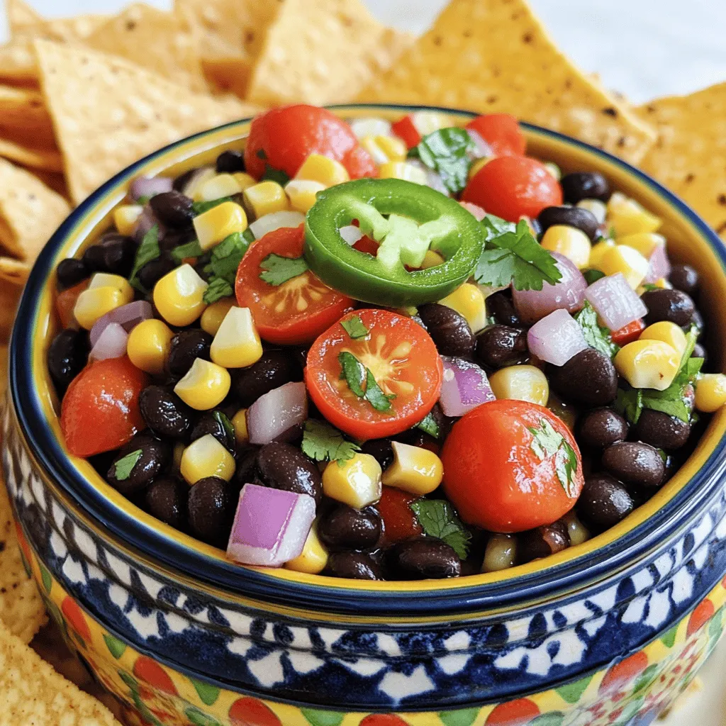 To make Zesty Black Bean Corn Salsa, you need the following: - 1 can (15 oz) black beans, drained and rinsed - 1 cup sweet corn (frozen, fresh, or canned) - 1 cup cherry tomatoes, quartered - 1 small red onion, finely diced - 1 bell pepper (red or yellow), diced - 1 jalapeño, seeded and minced - 1/4 cup fresh cilantro, chopped - 2 tablespoons lime juice - 1 teaspoon cumin - Salt and pepper to taste Each ingredient brings its own flavor to the dish. Black beans add protein and fiber. Sweet corn gives a nice crunch and sweetness. Cherry tomatoes add juiciness. The red onion and bell pepper offer color and texture. Jalapeño gives a spicy kick, while cilantro adds freshness. Lime juice brightens the flavors, and cumin adds warmth. Each serving of this salsa is healthy and tasty. Here’s a quick look at what you get in one serving: - Calories: 120 - Protein: 6g - Carbohydrates: 20g - Dietary Fiber: 5g - Sugars: 3g - Fat: 1g This salsa is low in fat and high in fiber. It’s great for snacking or as a side dish. You can enjoy it guilt-free! You can swap some ingredients if you want a different taste or if you lack something. Here are some easy swaps: - Black beans: Use pinto beans or kidney beans. - Sweet corn: Try using roasted corn for a smoky flavor. - Cherry tomatoes: Diced regular tomatoes work well too. - Red onion: Use green onions for a milder taste. - Bell pepper: Any color of bell pepper works. - Jalapeño: Leave it out if you prefer no heat, or use a milder pepper. - Cilantro: You can use parsley if you dislike cilantro. - Lime juice: You can use lemon juice as a substitute. - Cumin: Try chili powder for a different spice profile. These swaps let you customize the salsa to fit your likes. Have fun experimenting! If you want the full recipe, check out the details above. Making Zesty Black Bean Corn Salsa is simple. You start with fresh ingredients that burst with flavor. This salsa takes just 15 minutes to prepare. Let’s break it down step by step so you can get the most out of each bite. 1. Gather all your ingredients. You need black beans, corn, tomatoes, red onion, bell pepper, jalapeño, cilantro, lime juice, cumin, salt, and pepper. 2. In a large bowl, combine the black beans and corn. Make sure to drain and rinse the beans first. This removes extra salt and keeps the salsa fresh. 3. Add the cherry tomatoes, diced red onion, diced bell pepper, and minced jalapeño to the bowl. Mix gently so you don’t mash the beans. 4. Fold in the chopped cilantro. This herb gives your salsa a bright flavor and a lovely green color. 5. In a small bowl, whisk the lime juice, cumin, salt, and pepper. This dressing adds zing and depth to the salsa. 6. Pour the dressing over the salsa mixture. Gently toss everything together until well mixed. 7. Taste your salsa. Adjust the seasoning as needed. You can add more lime juice for tang or extra salt for flavor. 8. Let it sit for at least 15 minutes. This helps the flavors blend and makes each bite more delicious. - For a thicker salsa, try adding more black beans or corn. - If you like it spicy, leave some seeds in the jalapeño or add a dash of hot sauce. - Fresh lime juice is key. It brightens flavors and keeps the salsa fresh. - Serve the salsa chilled for the best taste. Enjoy it with chips or on tacos! For the full recipe, be sure to check the recipe section! Using fresh ingredients makes a big difference in flavor. Choose ripe cherry tomatoes for sweetness. Look for corn that is bright and crisp. Fresh cilantro adds a wonderful aroma. Always rinse black beans well to remove excess salt. If you can, use fresh lime juice instead of bottled. This small change brightens the salsa. Making salsa ahead of time is easy and smart. Combine all your ingredients in a bowl. Cover it tightly with plastic wrap. Let it chill in the fridge for a few hours. This allows the flavors to blend well. You can prep it the night before a party. Just remember to taste it again before serving. You might need to add more salt or lime juice. Zesty black bean corn salsa goes well with many dishes. Serve it with grilled chicken or fish for a fresh touch. It also pairs nicely with tacos and burritos. For a light meal, try it with quinoa or rice. You can even use it as a topping for baked potatoes. If you like heat, add more jalapeño or serve with spicy chips. Check out the Full Recipe for more ideas! {{image_2}} If you like heat, add more jalapeño or try a serrano pepper. You can also mix in a dash of hot sauce for extra spice. For a smoky flavor, consider adding smoked paprika. This gives the salsa a nice kick without losing its fresh taste. This salsa is naturally vegetarian and vegan. You can keep it that way by adding more veggies. Try diced zucchini or chopped avocado for creaminess. Both add flavor and texture while keeping the dish plant-based. Zesty Black Bean Corn Salsa works well for many events. Serve it at BBQs, picnics, or game days. Pair it with tortilla chips or use it as a topping for tacos. You can also spoon it over grilled chicken or fish for a tasty meal. For a light lunch, serve it on a bed of greens. Check the full recipe for more ways to enjoy this fresh and colorful dish. To keep your salsa fresh, place it in an airtight container. Make sure the lid seals tightly. This helps keep out air and moisture. Store it in the fridge. It stays fresh and tasty when properly stored. Zesty Black Bean Corn Salsa lasts about 3 to 5 days in the fridge. Check for any signs of spoilage before eating. If you want to save it longer, consider freezing it. Use a freezer-safe container or a heavy-duty freezer bag. It can last up to 3 months in the freezer. However, the texture may change when thawed. When you are ready to eat the salsa again, take it out of the fridge. If it’s frozen, let it thaw in the fridge overnight. Stir well to mix the flavors. You might need to add a splash of lime juice to freshen it up. Serve it chilled, just like the first time. Enjoy with chips or as a topping on tacos. For the full recipe, check out the earlier sections. You can serve Zesty Black Bean Corn Salsa with many dishes. It pairs great with tortilla chips. The crunch of the chips balances the salsa's freshness. You can also use it as a topping for tacos or grilled chicken. It adds a burst of flavor to burritos and salads. For a fun twist, try it on a quesadilla. The options are endless! Absolutely! You can swap some ingredients if needed. If you don't have black beans, try pinto beans. For corn, frozen, fresh, or canned all work well. If cherry tomatoes aren't available, diced regular tomatoes are fine. You can skip jalapeños for less heat. Green onions can replace red onion if you prefer a milder taste. Feel free to get creative! Homemade salsa can last about 3 to 5 days in the fridge. Make sure to store it in an airtight container. Keep it cold to maintain flavor and freshness. If you notice any changes in smell or color, it’s best to toss it out. Enjoy your salsa while it’s fresh for the best taste! This blog post covered everything you need for Zesty Black Bean Corn Salsa. We looked at ingredients, step-by-step cooking, and tips for the best flavors. You now know how to store your salsa and answer common questions. Try different variations to keep it fun. With these tools, you can make a tasty salsa that fits any meal. Enjoy your cooking and impress your friends with your skills!