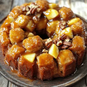 - 2 cans (16 oz each) refrigerated biscuit dough - 1 cup granulated sugar - 2 tablespoons ground cinnamon - 1 cup brown sugar, packed - 1/2 cup unsalted butter, melted - 2 apples, peeled, cored, and chopped - 1 cup caramel sauce - 1/2 cup chopped pecans (optional) - Granny Smith - Honeycrisp - Bundt cake pan - Mixing bowls - Whisk or fork For this recipe, I love using Granny Smith apples. They add a nice tartness. Honeycrisp apples are also a great choice. They are sweet and crisp, which balances well with the caramel. You need a bundt pan for the best shape. A mixing bowl helps you mix your sugars. Use a whisk or fork to combine the cinnamon and sugar well. All these ingredients come together to create that warm, gooey delight. You will love how simple it is to make this treat. For the full recipe, check the link for step-by-step details. - First, preheat your oven to 350°F (175°C). Grease a bundt pan with nonstick spray or butter. - Next, mix the granulated sugar and ground cinnamon in a small bowl. - Open both cans of biscuit dough and cut each biscuit into quarters. - Roll each quarter in the cinnamon-sugar mixture until fully coated. - Start by placing half of the biscuit quarters in the bottom of the bundt pan. - Add half of the chopped apples and half of the pecans if you choose to use them. - Drizzle half of the melted butter over this first layer. - Repeat this layering process. Add the remaining biscuit quarters, apples, and pecans. - Top with the rest of the melted butter. - Finally, drizzle the brown sugar evenly over the top. - Pour the caramel sauce over the entire mixture. - Bake for 35-40 minutes, or until the monkey bread turns golden brown and cooks through. - Once it’s done, let it cool in the pan for about 10 minutes. Then, invert the bread onto a serving plate. - Drizzle any remaining caramel sauce over the warm monkey bread before serving. Enjoy making this treat from the Full Recipe! To make great monkey bread, start with good biscuit dough. You want soft, fluffy dough for the best results. Avoid using old or frozen dough, as it does not cook well. When baking, fill the bundt pan to just below the rim. This keeps the dough from overflowing. If you overfill, the bread can spill over and make a mess in your oven. Drizzle the caramel sauce evenly over the layers of dough and apples. Start from the center and move outward. This ensures every piece gets some caramel. If you like a bit of crunch, add chopped pecans with the apples. They add a nice flavor and texture. Mixing them in gives a great balance to the sweetness. This monkey bread pairs well with vanilla ice cream or whipped cream. The warmth of the bread and cold ice cream is a treat. For drinks, serve it with hot apple cider or coffee. These drinks complement the sweet, warm flavors of the bread. Enjoy sharing this delicious dish with friends and family! {{image_2}} You can switch up the flavors in your monkey bread to keep things fun. One tasty option is chocolate chip caramel monkey bread. Just add a cup of chocolate chips between the layers. This twist gives a rich taste and a sweet surprise. You can also use other fruits like pears or peaches. Each fruit adds its unique flavor, making your dish fresh and exciting. If you want to make a healthier version, there are easy swaps. First, try using less sugar. You can reduce the granulated sugar by half without losing taste. Another option is to use whole grain biscuit dough. This change adds fiber and nutrients while keeping the tasty flavor intact. Seasonal ingredients can make your monkey bread special. For fall, try pumpkin spice monkey bread. Just add pumpkin puree and pumpkin pie spice to the mix. For summer, berry-infused versions are a great choice. Use fresh blueberries or strawberries for a bright, fruity twist. These seasonal variations keep your dessert exciting and delicious. For the full recipe of this delightful treat, refer to the Full Recipe section. To keep your caramel apple monkey bread fresh, choose an airtight container. This will help seal in moisture and flavor. If you plan to eat it soon, store it in the fridge. For longer storage, freezing is best. You can wrap it tightly in plastic wrap, then place it in a freezer bag. When you want to enjoy leftovers, the microwave is fast. Heat it for about 20-30 seconds. If you prefer a crispy texture, use the oven. Preheat the oven to 350°F (175°C) and warm it for about 10 minutes. This method keeps the outside crisp and the inside warm. In the fridge, your monkey bread stays fresh for about three days. Look for signs of spoilage. If you see mold or an off smell, it's best to toss it. If stored in the freezer, it can last up to three months. Just remember to check for quality before eating. Yes, you can use homemade biscuit dough. It will add a fresh taste. Just make sure the dough is soft and easy to work with. Follow the same steps for cutting and coating. The flavors will blend well with the caramel and apples. You can tell when it is done by checking the color. It should be golden brown on top. Insert a toothpick into the center. If it comes out clean, it is ready. The edges should also pull away from the pan slightly. If you don’t have a bundt pan, use a round cake pan. You can also try a regular loaf pan. Just adjust the baking time. The monkey bread might take longer to bake in a thicker pan. Yes, you can make it vegan. Use plant-based butter instead of regular butter. You can also use almond or oat milk for the caramel sauce. Look for vegan biscuit dough at the store, or make your own. Absolutely! You can double the recipe with ease. Just use two bundt pans or a larger pan. Keep an eye on the baking time. It may take a bit longer to cook through. - Check out the complete Caramel Apple Monkey Bread recipe [here](#). This blog post covered how to make delicious caramel apple monkey bread. We explored the ingredients needed, recommended apple types, and equipment. I shared step-by-step instructions and handy tips to achieve the best texture and flavor. Remember, you can easily adapt flavors or make healthier swaps. Don’t forget storage tips for leftovers, as well as answers to common questions. Dive into this fun recipe and enjoy each bite!