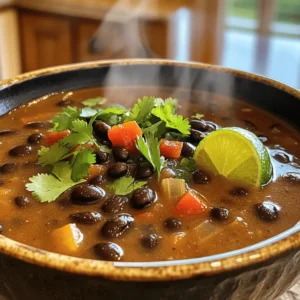 - 2 cans black beans - 1 medium onion - 3 garlic cloves To make Spicy Black Bean Soup, you need some key ingredients. Black beans are the star here. They provide protein and make the soup hearty. You’ll also need a medium onion, which adds sweetness and depth. Garlic brings a strong aroma and flavor that blends well with the beans. - Fresh cilantro - Lime wedges Garnishes can elevate your soup. Fresh cilantro gives a burst of freshness. Lime wedges add a zesty kick. These simple touches make the dish pop and can enhance the overall taste. - Olive oil - Vegetable broth Don’t forget the pantry staples! Olive oil is perfect for sautéing. It adds richness to the soup. Vegetable broth serves as the base, bringing all the flavors together. Using good-quality broth makes a big difference in taste. For the full recipe, you can check out the detailed steps that follow! To start, heat olive oil in a large pot over medium heat. Once hot, add the diced onion. Sauté the onion for about 3-4 minutes. You want it to turn soft and translucent. Next, stir in the minced garlic. Cook for 1 minute until you smell its great aroma. Then, add the diced red bell pepper and the chopped jalapeño. Sauté for another 2-3 minutes. This step brings lots of flavor to the soup. Now it’s time to add spices. Add ground cumin, smoked paprika, and chili powder to the pot. Stir well to combine and cook for 1 minute. This helps to release the spices’ lovely scents. Then, pour in the vegetable broth and the can of diced tomatoes with green chilies. Stir everything together so that the flavors mix well. Bring the soup to a gentle boil before lowering the heat to a simmer. Next, add the rinsed black beans to the pot. Season the soup with salt and pepper to taste. Allow the soup to simmer for 20-25 minutes. Stir occasionally to ensure it cooks evenly. If you want a creamier texture, you can partially mash some of the beans with a potato masher. Alternatively, blend a portion of the soup and return it to the pot. Lastly, taste the soup and adjust the seasoning if needed. Serve hot, garnished with fresh cilantro and a lime wedge on the side. You can find the full recipe above. To get the perfect spice level in your soup, start with the jalapeño. You can adjust how much you use based on your taste. If you like it milder, remove the seeds and ribs. This part holds most of the heat. For extra kick, add more jalapeño or even a dash of hot sauce. You can also think about other spices. Cayenne pepper adds heat without changing the soup's texture. If you prefer smokiness, try chipotle powder. Each spice changes the flavor, so feel free to experiment! Toppings can take your spicy black bean soup to the next level. Fresh cilantro brightens the dish. Squeeze some lime juice for a zesty kick. Avocado adds creaminess and balance. You can also sprinkle cheese for richness or tortilla chips for crunch. When blending your soup, I suggest blending only part of it. This keeps some beans whole and adds texture. Use a regular blender or an immersion blender. Blend until it’s as smooth as you like. Canned black beans make this soup quick and easy. They save you time from soaking and cooking dried beans. Just rinse them well before adding to the pot. If you want to make it ahead, this soup is great for meal prep. It lasts in the fridge for about a week. You can also freeze it. Just let it cool completely before placing it in a freezer-safe container. When you’re ready to eat, thaw and reheat on the stove. For the full recipe, check out the details above. Enjoy cooking! {{image_2}} To make this soup vegetarian or vegan, add tofu or tempeh. Both options boost protein. Tofu works well when you cube it and sauté it first. Tempeh adds a nutty flavor and a bit of texture. You can toss either into the soup near the end of cooking. This keeps them tender and adds great taste. You can switch beans for variety. Try kidney beans or pinto beans if you want. Each bean adds its own flavor and texture. Also, substitute low-sodium broth for a lighter soup. This helps control salt levels while keeping the taste rich. Adding unique spices can change your soup's flavor. Try smoked chipotle for a smoky kick. A dash of cayenne can also boost heat. Experiment with toppings too! Fresh avocado, crumbled queso, or crunchy tortilla chips give extra texture and taste. You can even add a dollop of sour cream for creaminess. The options are endless! For the full recipe, check out the instructions above. To keep your spicy black bean soup fresh, store it in an airtight container. Make sure to cool the soup to room temperature first. This step helps avoid condensation inside the container. Once cooled, seal it well and place it in the fridge. It can last for about 3 to 5 days. Label the container with the date you made it. This way, you’ll know when to enjoy it before it spoils. If you want to save some for later, freezing is a great option. First, let the soup cool completely. Next, pour it into freezer-safe bags or containers. Leave some space at the top for expansion. You can freeze the soup for up to three months. When you're ready to eat, just thaw it in the fridge overnight for the best results. To reheat spicy black bean soup, pour the desired amount into a pot. Heat it over medium heat. Stir occasionally to avoid sticking. If the soup seems too thick, add a splash of vegetable broth or water. For a quick option, you can microwave it. Just transfer it to a microwave-safe bowl and cover it. Heat in 1-minute intervals, stirring in between, until hot. Enjoy your warm, comforting soup! Spicy Black Bean Soup lasts about 4 to 5 days in the fridge. To store it, let the soup cool first. Then, place it in an airtight container. This helps keep it fresh and tasty. Always check for any signs of spoilage before eating leftovers. Yes, you can use other beans! Pinto beans or kidney beans work well. They have a similar texture and taste. You can also try chickpeas for a different flavor. Just remember to adjust cooking times if needed. This soup pairs well with many sides. You can serve it with rice or cornbread. A fresh salad also adds a nice touch. For a fun twist, try tortilla chips for crunch. You can even top it with avocado for creaminess. Spicy Black Bean Soup Ingredients: - 2 cans (15 oz each) black beans, rinsed and drained - 1 medium onion, diced - 3 garlic cloves, minced - 1 red bell pepper, diced - 1 jalapeño, finely chopped (adjust for spice level) - 4 cups vegetable broth - 1 can (14 oz) diced tomatoes with green chilies - 1 teaspoon ground cumin - 1 teaspoon smoked paprika - 1 teaspoon chili powder - Salt and pepper to taste - 2 tablespoons olive oil - Fresh cilantro, for garnish - Lime wedges, for serving You now have everything you need to make Spicy Black Bean Soup. We covered the key ingredients and the cooking steps to create a tasty dish. You learned useful tips for spice levels and ways to enhance flavor. We also explored variations, storage, and reheating methods. Try this soup and make it your own. Enjoy experimenting with different spices or garnishes. You'll find it both fun and rewarding. Happy cooking!