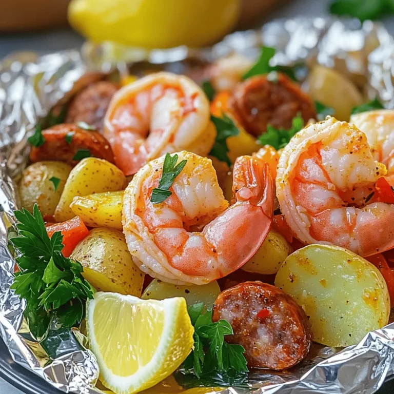 - 1 pound large shrimp, peeled and deveined - 1 pound Andouille sausage, sliced - 2 cups baby potatoes, halved - 1 bell pepper, diced (any color) - 1 medium onion, diced - 4 cloves garlic, minced - 2 tablespoons Cajun seasoning - 2 tablespoons olive oil - Salt and pepper to taste - Fresh parsley, chopped (for garnish) Gathering the right ingredients is the first step to your Cajun shrimp and sausage foil packs. Start with fresh, large shrimp. They should be peeled and deveined for easy eating. Next, grab a pound of Andouille sausage. This spicy sausage adds great flavor. Don’t forget baby potatoes. Halve them to ensure they cook evenly. Now, let’s add some color and taste. Choose a bell pepper in your favorite color. Dice it up along with a medium onion. Garlic is a must for that rich flavor; you’ll need four cloves minced. Finally, reach for Cajun seasoning. This spice mix brings the heat and depth. You will need olive oil to help everything blend. Add salt and pepper to taste. Fresh parsley makes a great garnish. It adds a pop of color and fresh taste to your dish. For the full recipe, check out the detailed instructions above. - Preheat your oven to 400°F (200°C). If you want to grill, preheat it to medium-high. - In a large bowl, combine the shrimp, sausage, baby potatoes, bell pepper, onion, and garlic. - Tear off four sheets of aluminum foil, each about 12x18 inches. - Divide the shrimp and sausage mixture evenly among the foil sheets, placing it in the center of each. - Drizzle the olive oil over the mixture, then sprinkle with Cajun seasoning, salt, and pepper. Toss everything well to coat evenly. - Fold up the sides of the foil over the mixture to create a sealed packet. Make sure there are no openings. - Place the foil packs on a baking sheet or directly on the grill. Cook for 20-25 minutes. The shrimp should turn pink and cooked through, and the potatoes should be tender. - If you choose to grill, keep the same cooking time. After cooking, unwrap the foil packs carefully. Steam will escape, so watch out! Garnish with fresh parsley before serving. You’ll find the full recipe gives you a flavor-packed meal that’s easy to enjoy. You can adjust the Cajun seasoning to fit your taste. Start with a little and add more if you like it spicy. This dish should taste bold yet balanced. The shrimp should cook until they turn pink. Check that the potatoes are tender too. You want both to be perfect and ready to enjoy. I love to garnish with fresh parsley for a pop of color. Lemon wedges add a bright flavor that pairs well with the dish. Serve the foil packs right on the table for a rustic feel. This makes for a fun and casual dining experience. If you have a larger group, consider doubling the recipe. This way, everyone gets enough to eat. Use larger foil sheets to hold all the tasty ingredients. You can easily make more servings without any fuss. Enjoy cooking for your friends and family! For the complete details, check the Full Recipe. {{image_2}} You can switch the shrimp and sausage for other proteins. Chicken works well, as does fish. For a lighter meal, try using cod or tilapia. You can also explore different vegetables. Zucchini, corn, or asparagus add great flavor and color. Feel free to mix and match based on what you have. Want more heat? Add extra Cajun seasoning or a splash of hot sauce. You can also try different herbs or spices. Paprika, thyme, or even a bit of lemon zest can enhance the dish. Don’t be afraid to get creative with your spice blends. Each change can bring a new twist to this meal. You can add cheese for a creamy touch. Try cheddar or pepper jack for a fun kick. You can also drizzle your favorite sauce before sealing the foil. This adds a nice layer of flavor. For a fun outdoor experience, cook these foil packs over a campfire. It’s a perfect way to enjoy nature while eating a tasty meal. For the full recipe, check out the details above. After you enjoy your Cajun shrimp and sausage foil packs, store any leftovers promptly. Place the foil packs in a shallow dish to cool. Once cooled, transfer them to airtight containers. Use glass or plastic containers with tight-fitting lids. This helps keep the shrimp and sausage fresh. Store them in the fridge for up to three days. When you're ready to eat your leftovers, reheating them safely is key. You can use the oven or a microwave. For the oven, preheat it to 350°F (175°C). Place the foil pack on a baking sheet and heat for about 10-15 minutes. If using a microwave, remove the foil. Place the food on a microwave-safe plate. Heat in short bursts, checking every minute until warm. To keep the flavor and texture, avoid overheating. Freezing is a great way to save your foil packs for later. To freeze, let the cooked packs cool completely. Wrap them tightly in plastic wrap, then place them in freezer bags. This prevents freezer burn. You can store them for up to three months. When you're ready to eat, thaw them in the fridge overnight. Reheat as mentioned before to enjoy a tasty meal again. Cajun Shrimp & Sausage Foil Packs cook quickly. In the oven, they need about 20-25 minutes at 400°F (200°C). On the grill, they take the same time. The key is to check the shrimp. They should turn pink and curl up. Potatoes should be tender. If needed, cook a few more minutes. Yes, you can make the foil packs ahead of time. Just prepare the packs and store them in the fridge. It’s best to use them within 24 hours for fresh taste. If you want to keep them longer, freeze them. When ready to cook, thaw in the fridge overnight. These foil packs go great with many sides. Here are a few ideas: - Rice or quinoa for a filling meal - A fresh green salad for crunch - French bread to soak up the juices - Coleslaw for a cool contrast You can mix and match these sides to fit your taste! For the full recipe, check out the details above. This blog post covered a tasty recipe for Cajun Shrimp and Sausage Foil Packs. We discussed the key ingredients, preparation steps, and cooking methods. I shared tips for perfecting the dish and suggestions for serving. You can even customize the recipe with different proteins or spices. Remember to follow storage and reheating tips to enjoy leftovers later. This dish is fun, simple, and great for gatherings. Try it out, and enjoy a flavorful meal that friends and family will love.