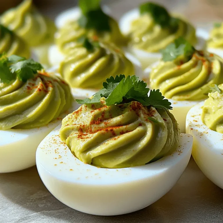 To make avocado deviled eggs, you need just a few key items. Here’s what you will need: - 6 large eggs - 1 ripe avocado, peeled and pitted - 2 tablespoons plain Greek yogurt - 1 tablespoon lime juice - 1 teaspoon Dijon mustard - 1/4 teaspoon garlic powder - Salt and pepper to taste These ingredients blend well to create that creamy and smooth filling you will love. You can make your avocado deviled eggs even more fun with garnishes. Here are some ideas: - 1 tablespoon fresh cilantro, chopped - Paprika Cilantro adds a fresh taste, while paprika gives a nice color. You can mix and match these for extra flair. Choosing the right avocado is key. Look for avocados that feel slightly soft when gently pressed. If it feels hard, it’s not ripe. If it feels too mushy, it may be overripe. A perfect avocado should have a dark green skin and no large dark spots. This ensures you get that creamy texture in your deviled eggs. To start, I take six large eggs and place them in a pot. I cover the eggs with cold water. Then, I set the pot on medium heat. As the water heats up, I watch for it to boil. Once it starts boiling, I cover the pot and remove it from the heat. I let the eggs sit for about 9 to 12 minutes. After that, I transfer them to an ice bath for five minutes. This cools the eggs and makes peeling easier. Once the eggs cool down, I peel them and slice them in half lengthwise. I carefully remove the yolks and put them in a mixing bowl. Next, I add a ripe avocado that I have peeled and pitted. I also add two tablespoons of plain Greek yogurt to make it creamy. Then, I mix in one tablespoon of lime juice for some zing. I add one teaspoon of Dijon mustard and a quarter teaspoon of garlic powder. Finally, I season with salt and pepper to taste. Using a fork, I mash everything together until it’s smooth and well blended. Now, it's time to fill the egg whites. I use a spoon or a piping bag to carefully add the avocado yolk mixture into each egg white half. For the finishing touch, I sprinkle paprika over the filled eggs. I also chop some fresh cilantro to place on top. This adds a nice pop of color and flavor. You can find the full recipe in the earlier section. I love serving these avocado deviled eggs right away, but they can also chill in the fridge until I’m ready to serve them. To hard boil eggs perfectly, start with cold water. Place the eggs in a pot and cover them with water. Heat on medium until it boils. Once boiling, cover the pot and turn off the heat. Let the eggs sit for 9 to 12 minutes. After that, transfer them to an ice bath for 5 minutes. This helps stop the cooking and makes peeling easier. To get a creamy texture, use a ripe avocado. When mashing, add Greek yogurt; it adds creaminess without extra fat. Lime juice brightens the flavor and keeps the avocado green. Mix everything until it’s smooth. If you want it super creamy, use a food processor instead of a fork. One common mistake is overcooking the eggs. This can lead to a green ring around the yolk. Make sure to follow the timing for boiling. Another mistake is not cooling the eggs quickly. Always use an ice bath after boiling. Lastly, avoid using unripe avocados; they won’t mash well and will taste bitter. For the best flavor and texture, use ripe avocados. For the full recipe, check the section above. {{image_2}} To add a kick to your avocado deviled eggs, try the spicy version. Simply mix in diced jalapeños or a dash of hot sauce to the filling. This adds heat and depth. You can adjust the spice level to your taste. I love how the creamy avocado balances the spice. It makes each bite exciting and full of flavor. For a Mediterranean twist, add crumbled feta cheese and chopped olives. This gives your eggs a salty and tangy flavor. Mix the feta and olives into the avocado filling. The briny taste complements the rich avocado well. You can also add a sprinkle of oregano for extra flavor. This version is perfect if you love bold, savory tastes. If you enjoy seafood, try adding smoked salmon to your eggs. Chop the salmon and mix it into the avocado filling. This adds a rich, smoky flavor that pairs nicely with the avocado. Top the filled eggs with a small piece of salmon for a nice touch. This variation feels fancy and works great for brunch or special occasions. You can find the full recipe in the earlier section. To keep your avocado deviled eggs fresh, store them in an airtight container. Place a piece of plastic wrap directly on the exposed filling. This helps reduce browning and keeps them creamy. You can also cover the eggs with a layer of lime juice to prevent oxidation. For the best taste, eat your avocado deviled eggs within two days. If you wait longer, the filling may change in flavor and texture. Keep them in the refrigerator, and avoid leaving them out for too long. Cold eggs taste better and keep their shape. When serving leftover avocado deviled eggs, take them out of the fridge about 15 minutes before. This lets them warm slightly and enhances the flavors. You can garnish them with fresh cilantro and a sprinkle of paprika again for a fresh look. Enjoy them as a snack or at your next gathering! For the full recipe, refer to the Full Recipe section. Yes, you can make avocado deviled eggs ahead of time. I suggest preparing the filling and storing it in the fridge. Keep the egg whites separate until you're ready to serve. This way, the eggs stay fresh and look nice. To stop avocados from browning, use lime juice. The acid in lime helps keep the green color. You can also keep the pit with the filling until serving. This can slow down the browning too. If you don't have Greek yogurt, use sour cream or plain yogurt. Both will give a creamy texture. You can also try avocado oil for a dairy-free option. Each choice will still taste great. Yes! Avocado deviled eggs are perfect for meal prep. They are easy to make and store. Just keep the filling and egg whites separate, and they can last a few days in the fridge. Pair avocado deviled eggs with fresh veggies, chips, or crackers. They also go well with drinks like lemonades or cocktails. This makes for a tasty and fun party spread. For the full recipe, check out the recipe section above! Avocado deviled eggs are tasty and easy to make. We discussed essential ingredients, tips for cooking, and tasty variations to try. I shared ways to store leftovers, so they stay fresh. Remember to choose ripe avocados for the best flavor. Feel free to experiment with different garnishes and spice levels. With these tips, you can impress anyone with your dishes. Make these eggs for your next party, and enjoy!
