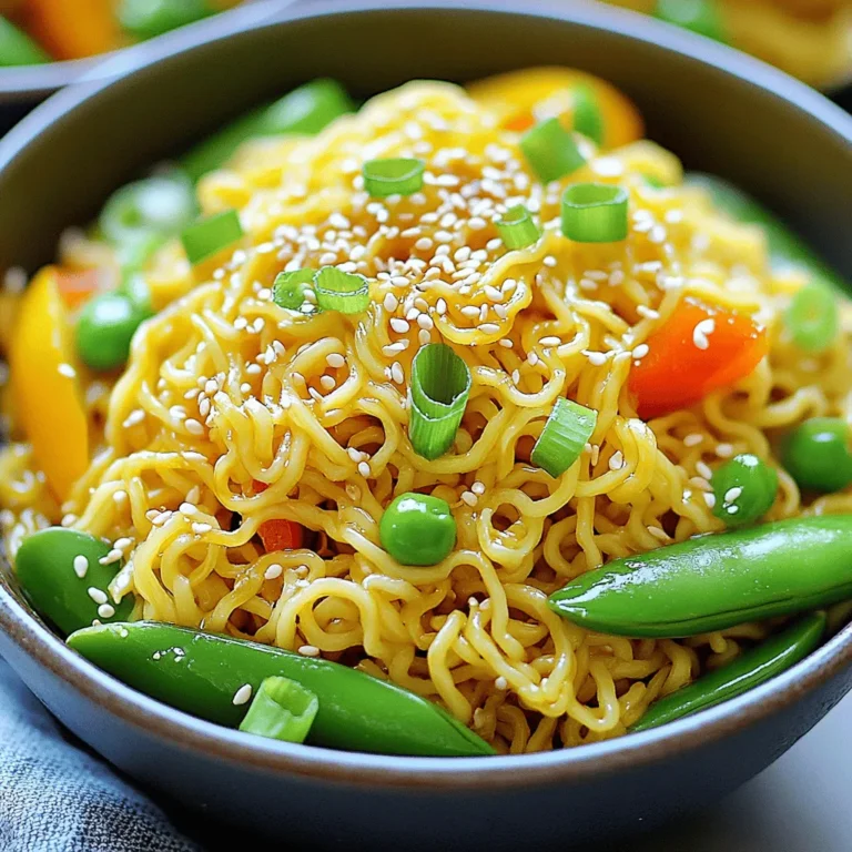 - 2 packs of instant ramen noodles - 3 tablespoons sesame oil - 4 cloves garlic, minced - 1 inch fresh ginger, grated - 3 tablespoons soy sauce - 1 tablespoon rice vinegar - 1 tablespoon brown sugar - 1/2 cup green onions, thinly sliced - 1/2 cup snap peas, trimmed - 1/2 cup bell peppers, julienned - Sesame seeds for garnish - Optional: Sriracha for heat These ingredients come together to create a flavorful dish. The instant ramen noodles are quick and easy, making this meal perfect for busy days. The sesame oil adds a rich, nutty taste, while the garlic and ginger bring a warm, aromatic touch. The soy sauce, rice vinegar, and brown sugar blend well, creating a savory sauce that coats the noodles perfectly. Fresh vegetables like snap peas and bell peppers add a nice crunch and vibrant colors. Top it all off with green onions and sesame seeds for a beautiful finish. If you like a bit of spice, add Sriracha to kick up the heat. This dish not only tastes great, but it also looks stunning when served. It's simple to make and packed with flavor. Get ready to impress your taste buds! Start by bringing a pot of water to a boil. Once the water bubbles, add the instant ramen noodles. Cook them according to the package instructions. This usually takes about 3-4 minutes. You want the noodles to be al dente, so keep an eye on them. After they are cooked, drain the noodles and set them aside. For the sauce, gather these ingredients: - 3 tablespoons soy sauce - 1 tablespoon rice vinegar - 1 tablespoon brown sugar In a small bowl, whisk these ingredients together. Mix until the brown sugar is fully dissolved. This sauce adds a nice balance of salty and sweet. Next, heat 3 tablespoons of sesame oil in a large skillet or wok over medium heat. Once the oil is hot, add 4 cloves of minced garlic and 1 inch of grated ginger. Sauté these for about 1 minute. You want them fragrant, not browned. This step builds great flavor in your dish. Add 1/2 cup of trimmed snap peas and 1/2 cup of julienned bell peppers to the skillet. Stir-fry these veggies for about 2-3 minutes. You want them tender but still crisp. This adds color and crunch to your noodles. Now it’s time to combine everything. Add the drained ramen noodles to the skillet with the vegetables. Pour the prepared sauce over the noodles. Toss everything together gently. Make sure the noodles and veggies are evenly coated with the sauce. Cook for another 2-3 minutes until everything is heated through. To finish, stir in 1/2 cup of thinly sliced green onions. Toss once more to mix. If you like heat, add a drizzle of Sriracha to taste. This adds a spicy kick that brings the dish to life. Serve the noodles in bowls and sprinkle with sesame seeds for garnish. Enjoy your delicious sesame garlic ramen noodles! To get perfect ramen noodles, cook them al dente. This means they should be firm but not hard. Follow the package time closely. Drain the noodles right away to prevent them from cooking more. When sautéing garlic and ginger, heat the sesame oil over medium heat. Add the garlic and ginger, and stir quickly. Cook them for about a minute. You want them fragrant, not brown. Burnt garlic can make your dish taste bitter. Garnishing your noodles with sesame seeds adds a nice touch. Sprinkle them on top just before serving. The seeds give a great crunch and flavor. For extra flavor, drizzle sesame oil over the finished dish. This adds richness and a glossy look to your noodles. It makes a big difference in taste and presentation. Want more heat? Adjust the spice level by adding Sriracha. Start with a little, then add more to taste. It’s easy to make the dish just right for you. You can also swap vegetables based on your taste. Try using broccoli, carrots, or even mushrooms. This makes the dish unique and suits your preferences. {{image_2}} To make this dish vegetarian, you can add tofu or mushrooms. Tofu adds protein and absorbs flavors well. Press and cube firm tofu, then sauté it until crispy. You can also use shiitake or button mushrooms. Slice them and cook until tender. Both options enrich the dish and keep it satisfying. For extra protein, consider adding chicken, shrimp, or beef. If using chicken, slice it thin and cook it in the skillet first. Shrimp cooks quickly; add it after the garlic and ginger. For beef, use thin strips and stir-fry until browned. Each protein adds a unique flavor and makes the dish heartier. If you need a gluten-free option, use gluten-free ramen noodles. These noodles come in various types, such as rice or buckwheat. Always check the package for cooking instructions. They work well with the same sauce and ingredients, ensuring everyone can enjoy this tasty meal. To store your leftover sesame garlic ramen noodles, use an airtight container. This helps keep the noodles fresh for longer. Make sure to let the noodles cool before sealing. It’s best to eat them within three days for the best taste. For keeping the noodles, avoid having the sauce sit on top. Instead, store the noodles and sauce separately if possible. This keeps the noodles from getting too soggy. You can reheat your noodles in two ways: microwave or stovetop. If you use the microwave, place the noodles in a safe bowl. Add a splash of water to keep them moist. Heat in short bursts of 30 seconds, stirring in between. For stovetop reheating, use a pan over low heat. Add a bit of sesame oil to prevent sticking. Stir gently until the noodles are warm. This method keeps the texture nice and chewy. Remember, reheating is not just about warming up food. It’s about keeping that delicious flavor and texture too! You cook instant ramen noodles for about 3-4 minutes. Bring a pot of water to a boil. Add the noodles and stir. Check for doneness, then drain and set them aside. Yes, you can make this dish vegetarian. Simply skip the meat and add more veggies. You can use tofu for protein. It adds texture and flavor. Yes, you can prep this dish in advance. Cook the noodles and veggies, then store them separately. Keep them in airtight containers in the fridge. Reheat them when you are ready to eat. If you don't have sesame oil, try using olive oil or avocado oil. Both provide a nice flavor. You can also use peanut oil for a different twist. To add spice, you can use Sriracha. Drizzle it on top before serving. You can also add red pepper flakes or fresh chili peppers during cooking for extra heat. Yes, fresh ramen works well too. You typically cook fresh ramen for 2-3 minutes. Be sure to check the package for exact cooking times. Fresh noodles have a nice texture and flavor. This blog post shared a simple recipe for Sesame Garlic Ramen Noodles. You learned the key ingredients and easy steps to prepare a tasty dish. I highlighted useful tips for cooking and personalizing the recipe. You can adjust flavors and even add different proteins or vegetables. In conclusion, this dish is quick, fun, and perfect for any meal. Enjoy trying it out with your favorite twists!