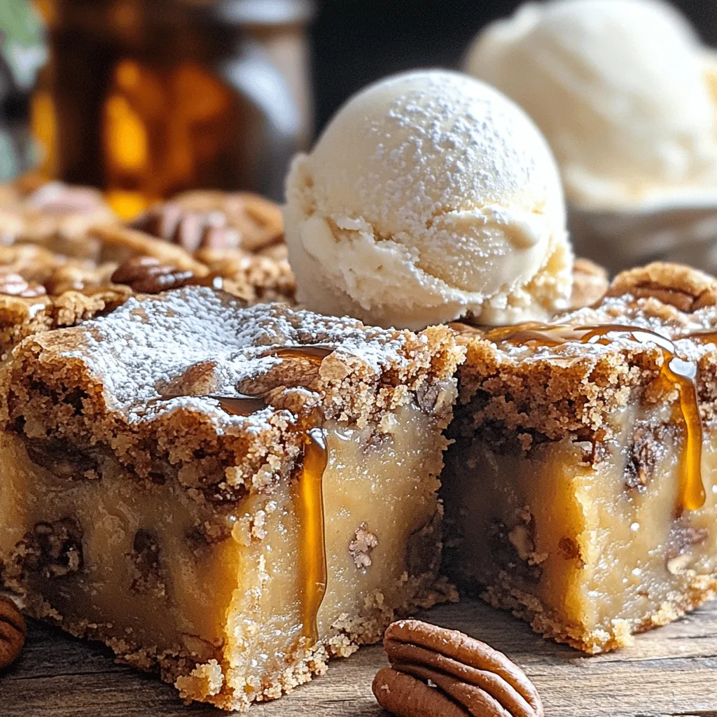 - 1 cup unsalted butter - 1 1/2 cups brown sugar, packed - 2 large eggs - 1 teaspoon vanilla extract - 2 cups all-purpose flour - 1/2 teaspoon baking powder - 1/4 teaspoon salt - 1 cup pecans, roughly chopped - 1/2 cup corn syrup - 1/2 cup granulated sugar You might want a vegan option. Use coconut oil instead of butter. Replace eggs with flaxseed meal mixed with water. For gluten-free blondies, try almond flour or a store-bought gluten-free blend. These will work well. If you need a nut-free version, skip the pecans. Use chocolate chips or dried fruit for extra flavor. 1. Preheat oven and prepare baking dish: Start by preheating your oven to 350°F (175°C). Grease a 9x13-inch baking dish with butter or cooking spray. This step makes it easy to remove your blondies later. 2. Brown the butter to perfection: In a medium saucepan, melt 1 cup of unsalted butter over medium heat. Keep stirring until it turns golden brown and smells nutty. This process takes about 5-7 minutes. Remove it from heat and let it cool a bit. 3. Combining butter and sugar: In a large mixing bowl, pour the browned butter and add 1 1/2 cups of packed brown sugar. Whisk them together until smooth. This mixture will give the blondies a rich, sweet flavor. 4. Adding eggs and vanilla: Next, add 2 large eggs, one at a time. Make sure to whisk well after each egg. Then stir in 1 teaspoon of vanilla extract. This adds warmth and depth to the flavor. 5. Preparing the pecan blondie batter: In another bowl, combine 2 cups of all-purpose flour, 1/2 teaspoon of baking powder, and 1/4 teaspoon of salt. Gradually mix this dry mixture into the butter-sugar mix. Stir until just combined, being careful not to overmix. 6. Swirling in corn syrup mixture: Fold in 1 cup of roughly chopped pecans. Pour the batter into your prepared baking dish and spread it evenly. In a small bowl, mix 1/2 cup of corn syrup with 1/2 cup of granulated sugar. Drizzle this mixture on top of the blondie batter. 7. Baking time and signs of doneness: Use a knife to swirl the corn syrup mixture into the blondie batter for a marbled look. Bake in the oven for 25-30 minutes. You’ll know they’re ready when the edges are golden brown and a toothpick comes out with a few moist crumbs. Let them cool for about 10 minutes before transferring to a wire rack. Enjoy this delightful treat! To make sure your blondies are just right, focus on their texture. Aim for a soft, fudgy center. They should not be too wet or dry. Mix just until the flour disappears. Overmixing can lead to tough blondies, so be gentle. Browning butter adds a rich flavor. To do this well, heat it slowly. Stir often to prevent burning. Look for a golden color and a nutty smell. It usually takes about 5 to 7 minutes. If you see dark bits, you may have burned it. Serve your blondies warm with a scoop of vanilla ice cream. The cold ice cream melts into the warm blondies. For a fun twist, drizzle more corn syrup on top. This adds a sweet touch. To make them look fancy, dust with powdered sugar. Use a fine sieve for even coverage. This simple step will impress your guests. Store your blondies in an airtight container. This keeps them fresh for up to a week. If they become a bit dry, place a slice of bread in the container. The bread will help keep them moist. When reheating, use the microwave. Heat for just a few seconds to warm them up. Avoid heating too long, or they will become tough. Enjoy your blondies warm, just like fresh out of the oven! {{image_2}} You can switch up the flavors in these blondies to suit your taste. - Chocolate chip variation: Add 1 cup of chocolate chips to the batter. The blend of chocolate and pecans is rich and amazing. - Adding spices for warmth: Stir in 1 teaspoon of cinnamon or nutmeg. These spices give the blondies a cozy, warm flavor. You can also adapt the blondies for different diets. - Sugar-free or low-sugar alternatives: Use a sugar substitute, like erythritol or monk fruit, in place of brown sugar. This keeps the sweetness while reducing calories. - Options for nut-free blondies: Simply leave out the pecans. You can replace them with seeds like pumpkin or sunflower for a nice crunch. Feel free to change the recipe with the seasons. - Fall-inspired blondies with pumpkin: Add 1 cup of pumpkin puree for a fall twist. This change makes the blondies moist and delicious. - Summer versions with seasonal fruit: Toss in 1 cup of fresh berries or chopped peaches. This adds a burst of flavor and freshness to each bite. How do I know when the blondies are done? You can tell the blondies are done by looking for golden edges. A toothpick inserted in the center should come out with a few moist crumbs. This means they are perfectly baked and ready to enjoy. Can I use different nuts in this recipe? Yes, you can use different nuts! Almonds, walnuts, or hazelnuts work well. Feel free to mix your favorite nuts for a unique taste. How to scale the recipe for more or fewer servings? To scale the recipe, you can easily double or halve the ingredients. For 24 blondies, double everything. For 6 blondies, halve the amounts. Just keep the baking time similar, but check for doneness. Substituting cornstarch for flour – is it possible? I do not recommend using cornstarch instead of flour. Cornstarch does not provide the same structure. Stick to all-purpose flour for the best results. How long do blondies last? If stored in an airtight container, blondies last for about 4-5 days. Keep them in a cool place to maintain their freshness. Can I freeze these blondies for later use? Yes, you can freeze blondies! Wrap them tightly in plastic wrap and place them in a freezer bag. They will stay fresh for up to 2 months. Just thaw them overnight in the fridge before enjoying. Each serving of my Brown Butter Pecan Pie Blondies has about 340 calories. Here’s how those calories break down: - Carbohydrates: 50 grams - Fats: 15 grams - Proteins: 4 grams These blondies are rich and satisfying. They pack a sweet punch with a nutty flavor. You can make these blondies lighter. Here are a few ideas: - Reduce sugar: Use less brown sugar or corn syrup. - Try natural sweeteners: Consider using honey or maple syrup. - Whole grains: Swap all-purpose flour for whole wheat flour for extra fiber. These tweaks help cut calories while keeping the yummy taste. To enjoy these blondies without guilt, follow these tips: - Serving size: Cut them into 12 equal squares. - Mindful eating: Savor each bite and enjoy the flavor. - Pair with fruit: Serve a small piece with fresh fruit for balance. These simple steps help you enjoy the treat while keeping portions in check. This blog post shared a simple and tasty blondie recipe. We covered the key ingredients, substitutions, and step-by-step instructions. Tips and tricks helped ensure your blondies turn out great every time. We also explored variations to suit your taste and dietary needs. Enjoy baking these delicious treats. They can be shared and customized for any occasion. With the right care, your blondies will be a hit at home or on special days. Happy baking!