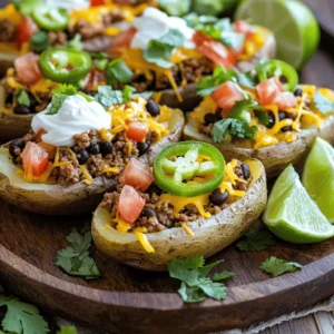 - 4 large russet potatoes - 1 pound ground beef or turkey - 1 packet taco seasoning - 1 cup shredded cheddar cheese - 1 cup canned black beans, rinsed and drained - 1 cup diced tomatoes - 1/2 cup sour cream - 1/4 cup sliced green onions - 1/2 cup sliced jalape&ntilde;os (optional) - Olive oil - Salt and pepper to taste - Fresh cilantro for garnish For these Loaded Taco Potato Skins, you need a mix of hearty and fresh items. The russet potatoes form the base. They are starchy and hold up well to all the toppings. Ground beef or turkey gives a nice protein punch. Taco seasoning brings bold flavor, making the dish pop. Black beans add texture and fiber. Tomatoes bring freshness and a burst of color. Shredded cheddar cheese melts beautifully, adding creaminess. Sour cream adds a tangy finish, while green onions and jalape&ntilde;os give crunch and heat. Don&rsquo;t forget the olive oil! It not only helps the potatoes crisp up but also enhances the taste. You can adjust the salt and pepper as needed. Fresh cilantro makes everything look great and adds a bright flavor. Gather these ingredients, and you will be ready to make a delicious snack or meal. - Preheat the oven: Start by heating your oven to 400&deg;F (200&deg;C). This step is key for crispy skins. - Scrub and pierce the potatoes: Take your large russet potatoes and wash them well. Use a fork to poke several holes in each potato. This helps steam escape while they bake. - Brush with olive oil and sprinkle with salt: Coat the potatoes with olive oil. Sprinkle them lightly with salt. This adds flavor and helps the skins crisp up. - Brown the ground beef or turkey: In a skillet, cook the ground beef or turkey over medium heat. Stir until it turns brown. Drain any extra fat. - Add taco seasoning: Mix in the taco seasoning. Follow the package directions, usually adding water. Let it simmer for about five minutes to blend the flavors. - Scoop out the potato flesh: Once the potatoes cool, cut them in half lengthwise. Carefully scoop out some flesh, leaving a bit to support the skin. - Fill with taco meat and toppings: Brush the potato skins with olive oil and add salt and pepper. Fill each skin with the cooked taco meat. Add black beans, diced tomatoes, and shredded cheddar cheese. - Return to the oven: Place the filled skins back in the oven. Bake for another 5-7 minutes until the cheese melts and bubbles. Enjoy your tasty Loaded Taco Potato Skins! Each bite is a blend of flavors and textures that you won't forget. To make sure your potato skins are crispy, follow these steps: - Choose large russet potatoes. Their size and starch help create a great texture. - Scrub the potatoes well. This removes dirt and adds flavor. - Pierce them with a fork. It helps steam escape while baking. - Brush olive oil on the skins. This promotes crispiness. - Bake at a high heat of 400&deg;F (200&deg;C). This gives a nice crunch. - Bake them directly on the oven rack. It allows hot air to circulate. To prevent sogginess, avoid overcooking the potatoes. Once they are tender, take them out. Also, scoop out only a portion of the flesh. Leave a thin layer to support the skin. Loaded Taco Potato Skins pair well with many sides and sauces. You can serve them with: - Fresh guacamole for a creamy texture. - Salsa for a zesty kick. - A simple salad for a refreshing side. Ideal dipping sauces include: - Sour cream, which adds a cool element. - Spicy ranch dressing for more flavor. - Chipotle sauce for a smoky taste. Garnishing adds flair to your dish. Here are some ideas: - Fresh herbs like cilantro bring color and freshness. - Sliced jalape&ntilde;os add heat and crunch. - Drizzle with hot sauce for a spicy touch. For personalized toppings, consider: - Chopped olives for a briny flavor. - Avocado slices for creaminess. - Additional cheese if you love dairy. {{image_2}} For a vegetarian twist, you can swap the ground beef or turkey for plant-based options. Try using black beans or lentils for protein. They add great flavor and texture. You can also use crushed tofu seasoned with taco spices. This will give you a hearty filling. Add more veggies to the mix! Consider using corn, bell peppers, or zucchini. These will bring extra color and nutrients. Diced avocado is also a great choice for creaminess. If you like heat, add more spice to your skins. Use hot sauce or spicy canned beans when you prepare the filling. This will kick up the flavor. You can also add fresh jalape&ntilde;os or serrano peppers for a zesty punch. For a more intense heat, try adding chipotle peppers in adobo sauce. These smoky peppers will elevate your dish to a new level. Adjust the amount based on your heat preference. Cheese is key in loaded taco potato skins. While cheddar cheese is a classic choice, you can mix it up. Use monterey jack for a milder taste or pepper jack for extra spice. Combining different cheeses enhances flavor. Try a blend of mozzarella and gouda for a creamy, rich finish. Each cheese melts differently, creating a nice texture contrast. Don't be shy to experiment with your favorite cheese types! To keep your Loaded Taco Potato Skins fresh, follow these steps: - Allow the skins to cool to room temperature. - Place them in an airtight container. - Store them in the fridge. They will stay fresh for about 3 days. After that, they may lose their taste and texture. When reheating, I want you to keep that crispy texture. Here&rsquo;s how: 1. Oven method: Preheat your oven to 350&deg;F (175&deg;C). Place the potato skins on a baking sheet. Bake for about 10-15 minutes. This keeps them crispy. 2. Microwave method: If you're in a hurry, use the microwave. Place the skins on a plate. Heat them for 30 seconds to 1 minute. They won&rsquo;t be as crispy, but will still taste good. Choose the oven for the best results, but the microwave works too! You can prepare Loaded Taco Potato Skins in advance. First, bake the potatoes and let them cool. Scoop out the flesh, but leave some for support. Brush the skins with olive oil and season them. Store the skins in an airtight container in the fridge for up to 24 hours. When ready to serve, fill them with taco meat and toppings. Bake them until the cheese melts and enjoy! Yes, sweet potatoes work well too. They add a hint of sweetness. The texture is softer, which contrasts with the toppings. Sweet potatoes are also packed with vitamins A and C, making them a nutritious choice. If you want a twist on the flavor, try sweet potatoes! If you want alternatives to sour cream, consider Greek yogurt. It has a similar texture and taste. You can also use mashed avocado for a creamy and rich option. For dairy-free options, try cashew cream or coconut yogurt. Each substitute brings a unique flavor to your Loaded Taco Potato Skins! Loaded Taco Potato Skins are fun and tasty. This blog post covered ingredients, prep, cooking, and storage. You can make these skins with meat or choose vegetarian options. I shared tips for crispy textures, great garnishes, and fun variations. Whether you enjoy them as a snack or an appetizer, they are sure to please. Don't hesitate to experiment with toppings and flavors. Enjoy your cooking adventure!