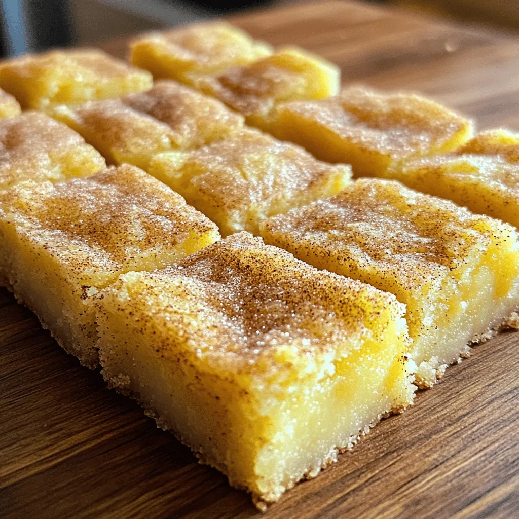 - 1 cup unsalted butter, melted - 1 cup brown sugar, packed - 1/2 cup granulated sugar - 2 large eggs - 2 teaspoons vanilla extract - 2 cups all-purpose flour - 1 teaspoon baking powder - 1/2 teaspoon baking soda - 1/2 teaspoon salt - 1 tablespoon ground cinnamon - Topping: 1/4 cup granulated sugar, 1 teaspoon ground cinnamon To make chewy snickerdoodle blondies, gather your ingredients. Each one adds flavor and texture. First, start with unsalted butter. It gives the blondies a rich taste. I prefer melting it to blend well with the sugars. Next, use brown sugar. It adds moisture and a deep flavor. Combine it with granulated sugar for sweetness. You’ll also need two large eggs. They help bind the batter and create a soft, chewy texture. Vanilla extract is key. It enhances the overall flavor. The dry ingredients are just as important. All-purpose flour gives structure. Baking powder and baking soda help it rise. Don’t forget salt! It balances the sweetness and brings out flavors. Lastly, ground cinnamon is a must. It gives that classic snickerdoodle taste. For the topping, mix more cinnamon with granulated sugar. This adds a sweet, spiced crust. Keep these ingredients handy before you start. They are the heart of this delicious dessert. - Preheating the Oven Start by preheating your oven to 350°F (175°C). This step is very important. It ensures that your blondies bake evenly. - Preparing the Baking Pan Next, prepare a 9x13 inch baking pan. You can grease it with butter or line it with parchment paper. This makes it easy to remove the blondies later. - Combining Wet and Dry Ingredients In a large bowl, mix melted butter, brown sugar, and granulated sugar. Stir until the mix is smooth and creamy. This is the base of your blondies. - Adding Eggs and Vanilla Now, add the eggs one by one. Mix well after each egg. Then, pour in the vanilla extract. This adds great flavor to your batter. - Mixing in the Cinnamon and Sugar Topping In a small bowl, combine 1/4 cup granulated sugar and 1 teaspoon ground cinnamon. Set this aside; it will top your blondies later. - Pouring the Batter into the Pan Gradually add the dry mix to your wet mix. Stir until just combined. Be careful not to overmix. Pour the batter into your prepared pan and spread it evenly. - Setting the Timer Sprinkle your cinnamon-sugar mix over the batter. Bake your blondies for 20-25 minutes. They are done when the edges are golden and a toothpick comes out clean. - Cooling Instructions Let the blondies cool in the pan for 10 minutes. Then, transfer them to a wire rack to cool completely. This helps them set and makes them easier to cut. To get that chewy, soft texture in your blondies, avoid overmixing the batter. Mix just until the dry and wet ingredients blend. This keeps the blondies light and fluffy. For baking time, keep an eye on them. Bake for 20-25 minutes. The edges should turn golden brown. A toothpick should come out clean or with a few moist crumbs. Cinnamon is key here! Use high-quality ground cinnamon for the best taste. You can also try adding a dash more if you love that spice. For extra flavor, consider optional add-ins. Chopped nuts or chocolate chips work great. They add texture and richness to each bite. When it comes to cutting your blondies, wait until they cool down. This helps you get clean, even squares. Use a sharp knife for the best cuts. For serving, you can place them on a colorful plate. Add a dusting of powdered sugar or a scoop of ice cream for a fun touch! {{image_2}} You can easily change the flavor of your snickerdoodle blondies. One fun idea is adding nuts. Chopped walnuts or pecans give a nice crunch. Just mix in about a cup when you combine the wet and dry ingredients. Another great option is to make chocolate chip snickerdoodle blondies. Simply fold in a cup of chocolate chips into the batter. This addition brings a rich, sweet twist that pairs well with the cinnamon. If you need gluten-free blondies, swap the all-purpose flour for a gluten-free blend. Make sure it has a good binding agent, like xanthan gum, to keep your blondies chewy. For a vegan version, replace the eggs with flax eggs. Mix one tablespoon of ground flaxseed with three tablespoons of water, then let it sit for five minutes. You can also use coconut oil instead of butter for a rich flavor. Room Temperature Storage You can store your chewy snickerdoodle blondies at room temperature. Just keep them in an airtight container. This helps them stay soft and fresh. They can last about three days this way. If you want to keep them longer, it’s best to refrigerate them. Refrigeration Tips For longer storage, place the blondies in the fridge. Use a container with a tight lid. They will stay good for about a week. Just remember, cold blondies can be a bit firmer. Let them sit at room temperature for a few minutes before enjoying. How to Freeze Blondies To freeze your blondies, first, let them cool completely. Cut them into squares, then wrap each piece in plastic wrap. Place the wrapped pieces in a freezer bag. Make sure to remove as much air as possible. They can stay frozen for up to three months. Reheating Frozen Blondies When you’re ready to enjoy them, take out the blondies from the freezer. Unwrap them and let them thaw in the fridge overnight. For a warm treat, you can microwave them for about 10-15 seconds. Enjoy that gooey goodness! What makes these blondies chewy? The key to chewy blondies is the balance of sugars and butter. Brown sugar adds moisture, making the blondies soft. Butter gives them richness. Eggs also help create that nice chewy texture. Can I use margarine instead of butter? Yes, you can use margarine. However, it may change the flavor slightly. Butter gives a richer taste, while margarine can alter the texture. If you opt for margarine, choose a high-quality brand for the best results. Why are my blondies dry? Dry blondies can happen if you overbake them. Always check for doneness a few minutes early. Another cause is too much flour. Make sure to spoon flour into your measuring cup and level it off. What if my blondies end up too gooey? If your blondies are too gooey, they might need more baking time. Every oven is different, so check them early. You can also try using a toothpick to see if they are done. If it comes out with too much batter, they need more time. Best Pairings with Blondies These blondies pair well with vanilla ice cream or a cold glass of milk. A sprinkle of sea salt on top can enhance their flavor, too. You can also serve them with fresh fruit like berries for a lovely contrast. How to Serve for Parties or Gatherings Cut the blondies into small squares for easy serving. Place them on a decorative platter. Adding a drizzle of caramel or chocolate sauce can make them even more appealing. For a fun touch, offer toothpicks for guests to grab them easily. This post covered how to make delicious blondies from scratch. We started with the essential ingredients and then walked through simple steps to prepare and bake. I shared tips to achieve the perfect texture and flavor. You can also explore variations, store your blondies correctly, and troubleshoot common issues. Remember, blondies are fun to make and share. Enjoy these sweet treats at gatherings or cozy nights in. With practice, your blondies will impress everyone!