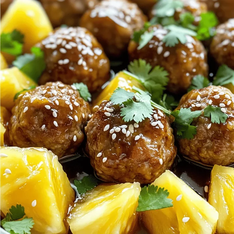 To make tasty teriyaki pineapple meatballs, gather these key items: - 1 pound ground chicken or turkey - 1/2 cup breadcrumbs - 1/4 cup grated Parmesan cheese - 1/4 cup finely chopped green onion - 1 large egg - 2 cloves garlic, minced - 1 tablespoon fresh ginger, minced - 1 teaspoon soy sauce - 1 teaspoon sesame oil - 1/2 cup teriyaki sauce - 1 cup fresh pineapple chunks These ingredients blend to create a juicy meatball with sweet pineapple flavor. Adding garnishes makes your dish look great and adds flavor. Consider these options: - Sesame seeds - Fresh cilantro These touches bring color and a fresh taste to your plate. You can swap some items based on your taste or what you have. Here are a few ideas: - Use ground beef or pork instead of chicken or turkey. - Substitute breadcrumbs with crushed crackers or oats for a different texture. - If you don’t have fresh ginger, use ground ginger in a pinch. - For a gluten-free option, choose gluten-free breadcrumbs and soy sauce. These substitutions help you customize the recipe while keeping it delicious. First, you need to preheat your oven to 400°F (200°C). While that warms up, line a baking sheet with parchment paper. This helps the meatballs not stick. It makes cleanup easy too. In a large bowl, combine these ingredients: - 1 pound ground chicken or turkey - 1/2 cup breadcrumbs - 1/4 cup grated Parmesan cheese - 1/4 cup finely chopped green onion - 1 large egg - 2 cloves garlic, minced - 1 tablespoon fresh ginger, minced - 1 teaspoon soy sauce - 1 teaspoon sesame oil Mix these well until everything blends together. You want a nice, even texture. Now, shape the mixture into small meatballs, about 1 inch wide. Place them on your lined baking sheet. Bake them for 15-20 minutes. They should turn golden brown and be cooked through. While the meatballs bake, grab a small saucepan. Warm 1/2 cup teriyaki sauce over medium heat. Then, add 1 cup fresh pineapple chunks. Let it simmer for about 5 minutes. This lets the pineapple soften and soak up the sauce. When the meatballs finish baking, carefully move them to the saucepan with your teriyaki sauce. Gently toss them until they are coated well. Serve the meatballs warm on a platter. For a nice touch, sprinkle sesame seeds on top. Adding fresh cilantro is optional but gives a nice pop of color. To make juicy meatballs, start with fresh meat. Ground chicken or turkey works great. Use breadcrumbs to keep them moist. The egg helps bind the mixture. Mix gently to avoid tough meatballs. Overmixing can lead to a dry texture. Adding green onions gives a nice flavor and moisture. Always let the meatballs rest for a few minutes before cooking them. This helps them hold their shape. Set your oven to 400°F (200°C). This temperature helps meatballs cook evenly. Line your baking sheet with parchment paper. This keeps meatballs from sticking and makes cleanup easy. Make sure to space the meatballs well. They need room to brown. Bake them for 15-20 minutes. Check for a golden color and ensure they are cooked through. Use a food thermometer to check the center. It should read 165°F (74°C) for safety. Serve your Teriyaki Pineapple Meatballs warm. A platter looks nice for gatherings. Garnish with sesame seeds and fresh cilantro. You can also pair them with steamed rice or noodles. They fit well in a wrap or on a salad. Drizzle extra teriyaki sauce for added flavor. For a fun twist, serve with toothpicks for easy eating. Enjoy the balance of sweet and savory in every bite! {{image_2}} You can switch the ground chicken or turkey for other meats. Try ground beef for a richer taste. Ground pork adds a nice flavor too. If you want to keep it light, consider ground chicken breast. Each option brings a unique flavor and texture to your meatballs. For a vegetarian version, use plant-based ground meat. There are many options available now, like soy or pea protein. If you go vegan, swap the egg for a flaxseed egg or applesauce. These choices help bind the meatballs without using animal products. You can still enjoy the great flavors of teriyaki and pineapple in a meat-free way. While store-bought teriyaki sauce is easy, making your own is simple. Combine soy sauce, brown sugar, garlic, and ginger in a saucepan. Simmer it until it thickens slightly. You can also add orange juice for a citrus kick. Feel free to experiment with other sauces, like sweet chili or hoisin, to find your favorite flavor. The sauce can change the whole dish, so have fun with it! You can store leftover meatballs in a sealed container. Let them cool to room temperature first. Place them in the fridge for up to three days. If you want to keep them longer, freezing is a great option. To freeze meatballs, let them cool completely. Arrange them in a single layer on a baking sheet. Freeze for about two hours until solid. Then, transfer the meatballs to a freezer-safe bag or container. They can stay in the freezer for up to three months. To reheat, you can use an oven or a microwave. For the oven, preheat it to 350°F (175°C). Place the meatballs on a baking sheet and heat for about 10-15 minutes. In the microwave, heat them in short bursts of 30 seconds, checking often. Make sure they are hot all the way through before serving. Yes, you can make Teriyaki Pineapple Meatballs ahead. Prepare the meatballs and bake them. Once they cool, store them in the fridge. You can also freeze them for longer storage. When you’re ready to eat, just heat them up. This saves time on busy days. These meatballs pair well with many sides. Serve them with rice, noodles, or a fresh salad. You can also add steamed veggies for a colorful plate. Don’t forget to drizzle extra teriyaki sauce on top for more flavor. Your meal will look great and taste even better! Check the meatballs after baking for 15-20 minutes. They should be golden brown. Use a meat thermometer to check the inside. The meatballs need to reach 165°F (74°C) for chicken or turkey. This ensures they are safe to eat and packed with flavor. Yes, you can use canned pineapple. Drain it well to avoid excess juice. Canned pineapple still gives that sweet flavor we love. Fresh pineapple is great too, but canned works well in a pinch. Enjoy the taste in your Teriyaki Pineapple Meatballs! You learned how to make delicious Teriyaki Pineapple Meatballs, from selecting ingredients to cooking them perfectly. The recipe includes tips for juiciness and fun serving ideas. You can even adapt the dish for different diets or make it ahead of time. With these methods, you can enjoy a tasty meal that fits your needs. Now, it's time for you to cook and savor this sweet and savory treat!