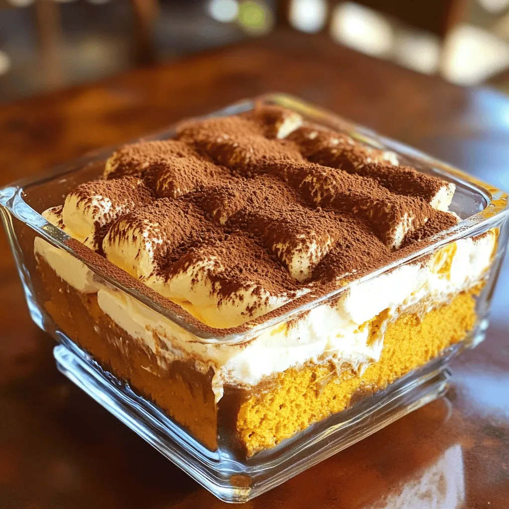 To create a perfect Pumpkin Spice Latte Tiramisu, we need some key ingredients. Here’s what you will need: - 1 cup brewed strong coffee (cooled to room temperature) - 1 cup pumpkin puree - 1 cup mascarpone cheese - 1/2 cup heavy cream - 1/2 cup sugar - 1 teaspoon vanilla extract - 1 teaspoon pumpkin pie spice - 12 ladyfinger cookies - Cocoa powder (for dusting) - Extra pumpkin pie spice (for garnish) These ingredients work together to create a rich and creamy dessert that captures fall's cozy flavors. You can add a little flair to your tiramisu with some garnishes. Here are some options: - Whipped cream dollops - Chocolate shavings - Crushed nuts like pecans or walnuts - Caramel drizzle These toppings can enhance the look and taste of your dessert. Feel free to mix and match! If you can't find certain ingredients, don’t worry! Here are some substitutions you can make: - Use instant coffee if you are short on brewed coffee. - Swap mascarpone cheese for cream cheese if needed. - Almond milk can replace heavy cream for a lighter option. - Use gluten-free ladyfingers for a gluten-free version. These swaps ensure you can still enjoy this tasty treat, no matter your pantry stock! To start, grab a medium bowl. Combine 1 cup of pumpkin puree, 1 cup of mascarpone cheese, and 1/2 cup of sugar. Add 1 teaspoon of vanilla extract and 1 teaspoon of pumpkin pie spice. Mix it well until the mixture is smooth and creamy, with no lumps. This filling is the heart of your tiramisu, so take your time to get it right. Next, take another bowl and pour in 1 cup of brewed strong coffee. Let it cool to room temperature. Dip each ladyfinger briefly into the coffee. Don’t soak them too long; they should be moist but not soggy. Too much coffee will make them fall apart. Now, it’s time to build your layers. In a rectangular or square dish, place a layer of soaked ladyfingers on the bottom. Spread half of your pumpkin mascarpone mixture over the ladyfingers. Then, add another layer of dipped ladyfingers. Finally, spread the rest of the pumpkin mascarpone mixture on top. Cover the dish with plastic wrap and refrigerate it for at least 4 hours. For best results, let it chill overnight. This helps all the flavors blend together. Before serving, dust the top with cocoa powder and a sprinkle of pumpkin pie spice for that festive touch. To make great whipped cream, start with cold heavy cream. Use a chilled bowl and whisk. Whip until stiff peaks form, but don’t overwhip. If you overwhip, it can turn to butter. This whipped cream adds lightness to the pumpkin mixture. Fold it gently into the pumpkin blend. This keeps the cream airy and fluffy. Layering is key to a good tiramisu. First, dip ladyfingers in cooled coffee. Dip them quickly, so they stay firm. A soggy ladyfinger ruins the texture. Place one layer of dipped ladyfingers in your dish. Spread half of the pumpkin mixture over them. Repeat this with another layer of ladyfingers. Finish with the remaining pumpkin mixture on top. Remember, the more layers, the better the flavor! To keep your tiramisu fresh, cover it well. Use plastic wrap to seal the dish. Store it in the fridge for up to three days. If you want to make it ahead, do so a day in advance. This allows the flavors to meld together. Avoid freezing this dessert, as it can change the texture. Enjoy it chilled for the best taste! {{image_2}} You can easily make a vegan version of this dessert. Substitute the mascarpone cheese with a vegan cream cheese or coconut cream. Use maple syrup instead of sugar. For the ladyfingers, choose a vegan brand or make your own. This way, you keep the flavor while enjoying a plant-based treat. If you need a gluten-free option, you can use gluten-free ladyfingers. Many brands offer gluten-free cookies that work well. You can also bake your own using gluten-free flour. This keeps your tiramisu tasty and safe for those with gluten allergies. To enhance the flavor, consider adding nutmeg or chocolate. A sprinkle of nutmeg gives a warm, spicy taste. For chocolate lovers, add cocoa powder to the pumpkin mixture or use chocolate ladyfingers. You can even drizzle melted chocolate on top for a sweet touch. To keep your pumpkin spice latte tiramisu fresh, cover it tightly with plastic wrap. Store it in the fridge. It will stay good for up to three days. The flavors will deepen over time, making it even tastier! If you want to store it for longer, you can freeze it. First, cut the tiramisu into portions. Wrap each piece in plastic wrap and then foil. This step helps protect the dessert from freezer burn. It can last up to one month in the freezer. To enjoy, thaw it in the fridge overnight before serving. Use an airtight container for storing tiramisu. If you don’t have one, a glass dish works well too. Just ensure it has a lid. Avoid using metal containers, as they can affect the flavor. Always keep it chilled to maintain the rich and creamy texture. Yes, you can make this tiramisu ahead of time. It tastes better if it sits in the fridge for a few hours or overnight. The flavors blend together nicely as it chills. This makes it a great dessert for gatherings or special occasions. Just be sure to cover it well with plastic wrap to keep it fresh. To serve tiramisu, cut it into squares. Use a sharp knife for clean edges. Place each piece on a plate. Dust with cocoa powder and a sprinkle of pumpkin spice for a nice touch. You can also add a dollop of whipped cream on top for extra creaminess. Serve it cold for the best taste. Yes, instant coffee works well in this recipe. Just mix it with hot water to make a strong coffee. Let it cool before dipping the ladyfingers. Instant coffee may give a different taste, but it will still be delicious. If you like a bolder flavor, make sure to use a bit more. This blog post covered how to make a delightful Pumpkin Spice Latte Tiramisu. We started with essential ingredients, then moved to step-by-step instructions for mixing, assembling, and customizing your dessert. I shared tips for perfect layers and whipped cream and provided storage information for leftovers. You can even explore variations like vegan or gluten-free options. With these insights, you can create a tasty treat that impresses everyone. Enjoy every bite of your Pumpkin Spice Latte Tiramisu!