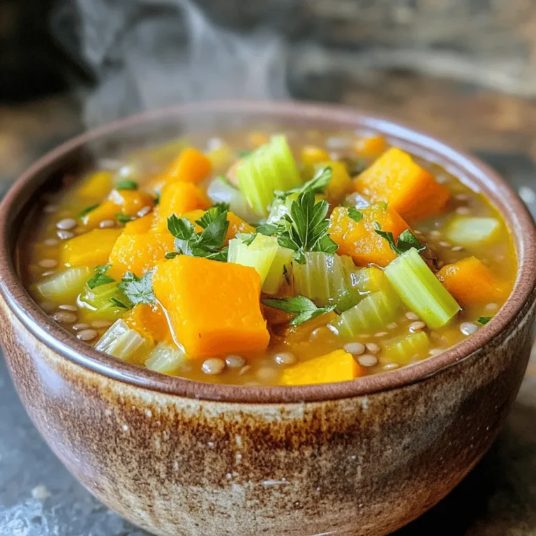 To make Cozy Harvest Veggie Lentil Soup, gather these simple ingredients: - 1 cup dried green or brown lentils, rinsed - 2 tablespoons olive oil - 1 medium onion, diced - 2 cloves garlic, minced - 3 medium carrots, diced - 2 celery stalks, diced - 1 medium potato, cubed - 1 zucchini, diced - 1 cup butternut squash, peeled and cubed - 1 can (14 oz) diced tomatoes - 4 cups vegetable broth - 2 cups kale or spinach, chopped - 1 teaspoon dried thyme - 1 teaspoon dried oregano - Salt and pepper to taste - Fresh parsley, chopped (for garnish) You can swap ingredients based on what you have. Try these options: - Use red lentils for a quicker cook time. - Replace olive oil with coconut oil for a slightly sweet taste. - Substitute sweet potato for regular potato for a sweeter flavor. - Try other greens like Swiss chard or arugula. - Use fresh herbs instead of dried for a more vibrant taste. Fresh veggies make your soup taste better. Here’s what to look for: - Choose firm carrots, not soft ones. - Look for bright green kale or spinach, no wilting. - Select potatoes with smooth skins, avoiding any sprouts. - Pick zucchini that feels heavy for its size and has shiny skin. - For butternut squash, pick ones that feel heavy and have dull skin. With these tips, you can create a hearty and healthy soup that warms you up. Enjoy each spoonful of this cozy delight! Start by gathering all your ingredients. You will need: - 1 cup dried green or brown lentils, rinsed - 2 tablespoons olive oil - 1 medium onion, diced - 2 cloves garlic, minced - 3 medium carrots, diced - 2 celery stalks, diced - 1 medium potato, cubed - 1 zucchini, diced - 1 cup butternut squash, peeled and cubed - 1 can (14 oz) diced tomatoes - 4 cups vegetable broth - 2 cups kale or spinach, chopped - 1 teaspoon dried thyme - 1 teaspoon dried oregano - Salt and pepper to taste - Fresh parsley, chopped (for garnish) Dice the onion and mince the garlic. Chop the carrots, celery, potato, zucchini, and butternut squash. Rinse the lentils under cool water. In a large pot, heat the olive oil over medium heat. Add the diced onion. Sauté it for about 3-5 minutes. Wait until it turns translucent. Next, add the minced garlic. Cook for an extra minute until it smells great. Now, add the carrots, celery, potato, zucchini, and butternut squash to the pot. Sauté these for 5-7 minutes until they start to soften. Stir in the rinsed lentils and diced tomatoes, juice included. Pour in the vegetable broth, then add thyme and oregano. Bring this mixture to a boil. Lower the heat and let it simmer without a lid for about 25-30 minutes. Check for tenderness in the lentils and veggies. Stir occasionally to keep it from sticking. After that, add the chopped kale or spinach. Cook for another 5 minutes until the greens wilt. Finally, season with salt and pepper to your liking. If it's too thick, add more broth. To make your soup even better, use fresh, high-quality veggies. This can really enhance the flavor. You can also try adding a splash of lemon juice for brightness. If you want a richer taste, sauté the veggies a bit longer. For a heartier meal, serve the soup with crusty bread. This makes a great pairing. Lastly, don’t forget to garnish with fresh parsley before serving. It adds color and fresh flavor! Store your leftover soup in airtight containers. Let it cool before sealing. It keeps well in the fridge for up to five days. If you want to save it longer, freeze it. Use freezer-safe bags or containers. Remember to leave some space for expansion. Label the bags with the date. This way, you know when to use it. Add extra flavor with herbs and spices. Fresh herbs like basil or cilantro work great. You can also use a splash of lemon juice for brightness. For some heat, try adding red pepper flakes. A dash of soy sauce adds umami. These small tweaks can turn a good soup into a great one. You can make this soup a day ahead. This allows flavors to blend better. Just follow the recipe and cool it down. Then store it in the fridge. When you’re ready to eat, reheat it on the stove. Add a bit more broth if it is too thick. This soup tastes even better the next day! {{image_2}} This soup is already vegan and gluten-free. You use lentils, vegetables, and broth. These ingredients fit a plant-based diet. If you want more flavor, try adding some herbs. Fresh herbs like basil or cilantro can brighten the taste. Feel free to swap out veggies based on what you have. Cauliflower, sweet potatoes, or bell peppers work well. Just keep the cooking time in mind. Some veggies cook faster than others. For example, bell peppers soften quickly, while root veggies take longer. You can boost the protein in this soup easily. Chickpeas, quinoa, or tofu are great choices. If you use chickpeas or tofu, add them during the last 10 minutes of cooking. Quinoa can be added earlier, about halfway through. This way, it cooks well without becoming mushy. You can freeze Cozy Harvest Veggie Lentil Soup for up to three months. This soup is perfect for meal prep. To freeze, let it cool completely. Then, pour it into an airtight container or freezer bag. Make sure to leave some space at the top, as the soup expands when frozen. Label the bag with the date so you know when to use it. To reheat frozen soup, move it to the fridge the night before. This helps it thaw slowly. Once thawed, pour the soup into a pot or a microwave-safe bowl. Heat it on low to medium heat on the stove, stirring often. If you're using the microwave, heat it in short bursts, stirring in between. Add a splash of broth or water if it seems too thick. The soup lasts about five days in the fridge. Store it in an airtight container to keep it fresh. If you notice any off smells or colors, it's best to toss it. Always trust your senses when it comes to food safety. Yes, you can use canned lentils. They cut down cooking time. Rinse the canned lentils before adding them to the soup. Use about 1.5 cups of canned lentils. Add them in the last 10 minutes of cooking. This keeps them firm but soft. To thicken the soup, blend a portion of it. Use an immersion blender for ease. Blend until smooth, then stir back into the pot. You can also add more lentils or a small potato. Cooking for longer makes the soup thicker, too. The soup lasts about 4 to 5 days in the fridge. Store it in an airtight container. Let it cool before sealing. If you want to keep it longer, freeze it. This soup is great for meal prep! You’ve learned about key ingredients and tips for making a great soup. We discussed how to choose fresh vegetables and alternative options. You now have steps for preparation and cooking, plus ways to store leftovers. We also explored variations, including vegan choices and protein additions. Remember, making soup can be easy and fun. Use these tips to create your perfect bowl. Enjoy the warmth and comfort that a good soup brings!