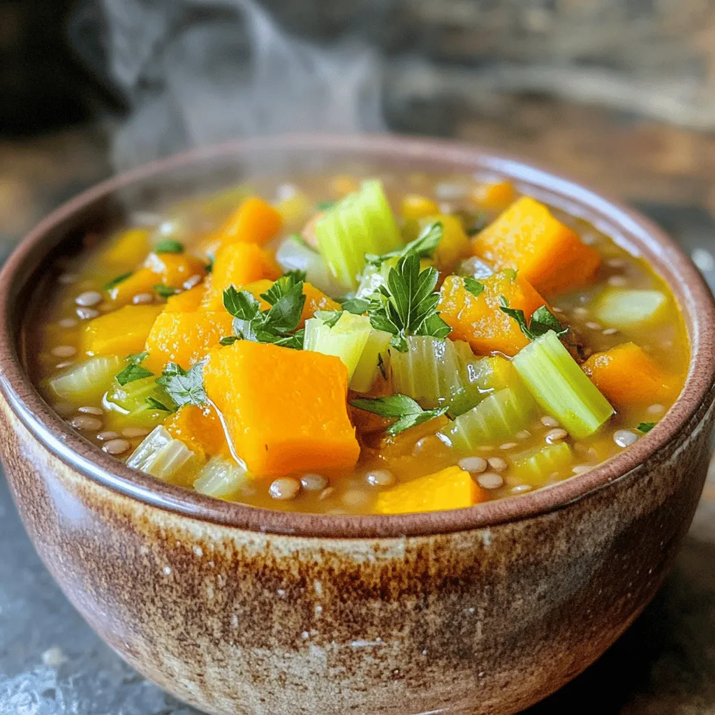 To make Cozy Harvest Veggie Lentil Soup, gather these simple ingredients: - 1 cup dried green or brown lentils, rinsed - 2 tablespoons olive oil - 1 medium onion, diced - 2 cloves garlic, minced - 3 medium carrots, diced - 2 celery stalks, diced - 1 medium potato, cubed - 1 zucchini, diced - 1 cup butternut squash, peeled and cubed - 1 can (14 oz) diced tomatoes - 4 cups vegetable broth - 2 cups kale or spinach, chopped - 1 teaspoon dried thyme - 1 teaspoon dried oregano - Salt and pepper to taste - Fresh parsley, chopped (for garnish) You can swap ingredients based on what you have. Try these options: - Use red lentils for a quicker cook time. - Replace olive oil with coconut oil for a slightly sweet taste. - Substitute sweet potato for regular potato for a sweeter flavor. - Try other greens like Swiss chard or arugula. - Use fresh herbs instead of dried for a more vibrant taste. Fresh veggies make your soup taste better. Here’s what to look for: - Choose firm carrots, not soft ones. - Look for bright green kale or spinach, no wilting. - Select potatoes with smooth skins, avoiding any sprouts. - Pick zucchini that feels heavy for its size and has shiny skin. - For butternut squash, pick ones that feel heavy and have dull skin. With these tips, you can create a hearty and healthy soup that warms you up. Enjoy each spoonful of this cozy delight! Start by gathering all your ingredients. You will need: - 1 cup dried green or brown lentils, rinsed - 2 tablespoons olive oil - 1 medium onion, diced - 2 cloves garlic, minced - 3 medium carrots, diced - 2 celery stalks, diced - 1 medium potato, cubed - 1 zucchini, diced - 1 cup butternut squash, peeled and cubed - 1 can (14 oz) diced tomatoes - 4 cups vegetable broth - 2 cups kale or spinach, chopped - 1 teaspoon dried thyme - 1 teaspoon dried oregano - Salt and pepper to taste - Fresh parsley, chopped (for garnish) Dice the onion and mince the garlic. Chop the carrots, celery, potato, zucchini, and butternut squash. Rinse the lentils under cool water. In a large pot, heat the olive oil over medium heat. Add the diced onion. Sauté it for about 3-5 minutes. Wait until it turns translucent. Next, add the minced garlic. Cook for an extra minute until it smells great. Now, add the carrots, celery, potato, zucchini, and butternut squash to the pot. Sauté these for 5-7 minutes until they start to soften. Stir in the rinsed lentils and diced tomatoes, juice included. Pour in the vegetable broth, then add thyme and oregano. Bring this mixture to a boil. Lower the heat and let it simmer without a lid for about 25-30 minutes. Check for tenderness in the lentils and veggies. Stir occasionally to keep it from sticking. After that, add the chopped kale or spinach. Cook for another 5 minutes until the greens wilt. Finally, season with salt and pepper to your liking. If it's too thick, add more broth. To make your soup even better, use fresh, high-quality veggies. This can really enhance the flavor. You can also try adding a splash of lemon juice for brightness. If you want a richer taste, sauté the veggies a bit longer. For a heartier meal, serve the soup with crusty bread. This makes a great pairing. Lastly, don’t forget to garnish with fresh parsley before serving. It adds color and fresh flavor! Store your leftover soup in airtight containers. Let it cool before sealing. It keeps well in the fridge for up to five days. If you want to save it longer, freeze it. Use freezer-safe bags or containers. Remember to leave some space for expansion. Label the bags with the date. This way, you know when to use it. Add extra flavor with herbs and spices. Fresh herbs like basil or cilantro work great. You can also use a splash of lemon juice for brightness. For some heat, try adding red pepper flakes. A dash of soy sauce adds umami. These small tweaks can turn a good soup into a great one. You can make this soup a day ahead. This allows flavors to blend better. Just follow the recipe and cool it down. Then store it in the fridge. When you’re ready to eat, reheat it on the stove. Add a bit more broth if it is too thick. This soup tastes even better the next day! {{image_2}} This soup is already vegan and gluten-free. You use lentils, vegetables, and broth. These ingredients fit a plant-based diet. If you want more flavor, try adding some herbs. Fresh herbs like basil or cilantro can brighten the taste. Feel free to swap out veggies based on what you have. Cauliflower, sweet potatoes, or bell peppers work well. Just keep the cooking time in mind. Some veggies cook faster than others. For example, bell peppers soften quickly, while root veggies take longer. You can boost the protein in this soup easily. Chickpeas, quinoa, or tofu are great choices. If you use chickpeas or tofu, add them during the last 10 minutes of cooking. Quinoa can be added earlier, about halfway through. This way, it cooks well without becoming mushy. You can freeze Cozy Harvest Veggie Lentil Soup for up to three months. This soup is perfect for meal prep. To freeze, let it cool completely. Then, pour it into an airtight container or freezer bag. Make sure to leave some space at the top, as the soup expands when frozen. Label the bag with the date so you know when to use it. To reheat frozen soup, move it to the fridge the night before. This helps it thaw slowly. Once thawed, pour the soup into a pot or a microwave-safe bowl. Heat it on low to medium heat on the stove, stirring often. If you're using the microwave, heat it in short bursts, stirring in between. Add a splash of broth or water if it seems too thick. The soup lasts about five days in the fridge. Store it in an airtight container to keep it fresh. If you notice any off smells or colors, it's best to toss it. Always trust your senses when it comes to food safety. Yes, you can use canned lentils. They cut down cooking time. Rinse the canned lentils before adding them to the soup. Use about 1.5 cups of canned lentils. Add them in the last 10 minutes of cooking. This keeps them firm but soft. To thicken the soup, blend a portion of it. Use an immersion blender for ease. Blend until smooth, then stir back into the pot. You can also add more lentils or a small potato. Cooking for longer makes the soup thicker, too. The soup lasts about 4 to 5 days in the fridge. Store it in an airtight container. Let it cool before sealing. If you want to keep it longer, freeze it. This soup is great for meal prep! You’ve learned about key ingredients and tips for making a great soup. We discussed how to choose fresh vegetables and alternative options. You now have steps for preparation and cooking, plus ways to store leftovers. We also explored variations, including vegan choices and protein additions. Remember, making soup can be easy and fun. Use these tips to create your perfect bowl. Enjoy the warmth and comfort that a good soup brings!