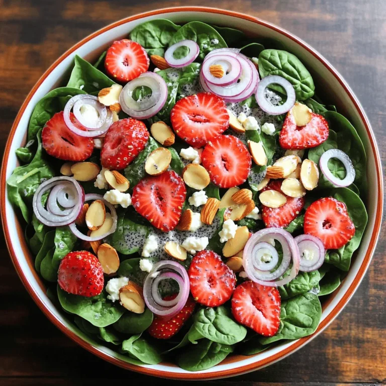 - 4 cups baby spinach, washed and dried - 2 cups ripe strawberries, hulled and sliced - 1/2 cup sliced almonds, toasted - 1/4 cup feta cheese, crumbled - 1/4 cup red onion, thinly sliced - 1/2 cup olive oil - 1/4 cup honey - 2 tablespoons apple cider vinegar - 1/4 cup poppy seeds - Salt and pepper to taste I love using fresh baby spinach in salads. It adds a lovely green color and a nice crunch. The ripe strawberries bring sweetness and bright flavor. Make sure to hull and slice them for easy eating. Toasted sliced almonds add a nutty crunch and extra texture. Crumbled feta cheese adds a creamy saltiness that pairs well with the sweet strawberries. Lastly, thinly sliced red onion gives a hint of bite to balance the flavors. For the dressing, I use olive oil as a base. It gives a rich flavor and helps to coat the salad. Honey adds a touch of sweetness, which works well with the strawberries. Apple cider vinegar brings brightness and a little tang. Poppy seeds add a fun crunch and visual appeal. Don’t forget to season with salt and pepper to enhance all the flavors. This mix of ingredients creates a fresh and crisp delight that you will love. - In a large bowl, combine 4 cups of fresh baby spinach, 2 cups of hulled and sliced strawberries, 1/2 cup of sliced toasted almonds, 1/4 cup of crumbled feta cheese, and 1/4 cup of thinly sliced red onion. - Toss the mixture gently. This helps to spread the ingredients evenly for great flavor in every bite. - In a small bowl or jar, whisk together 1/2 cup of olive oil, 1/4 cup of honey, 2 tablespoons of apple cider vinegar, and 1/4 cup of poppy seeds. - Mix until the dressing is smooth and well combined. This makes your salad extra tasty and rich. - Drizzle the poppyseed dressing over the salad base. - Toss everything together to coat the salad well. Let it sit for about 10 minutes. This allows the flavors to blend nicely before you serve. Choosing the best strawberries Look for ripe strawberries. They should be bright red and firm. Check for any soft spots or mold. The best strawberries are sweet and juicy. If you can, buy local for more flavor. Selecting fresh spinach Choose baby spinach for a tender bite. The leaves should be bright green and crisp. Avoid any yellow or wilted leaves. Fresh spinach adds a nice crunch and nutrition. Serving in a shallow bowl A shallow bowl works great for this salad. It allows the vibrant colors to shine. The layers of spinach and strawberries look beautiful. Plus, it makes serving easy for everyone. Garnishing tips for visual appeal Add extra sliced strawberries and almonds on top. This gives a nice texture contrast. A light drizzle of dressing adds a glossy finish. These small touches make your salad look gourmet. Allowing time for flavors to meld After mixing, let the salad sit for about 10 minutes. This time helps the flavors blend well. The dressing soaks into the spinach and strawberries. You will taste a deeper flavor in every bite. Adjusting dressing for taste preference Taste the dressing before you pour it on. If you like it sweeter, add a bit more honey. For a tangier flavor, add more vinegar. Adjusting the dressing makes the salad perfect for your palate. {{image_2}} You can easily change this salad to fit your taste. Here are two great ideas: - Adding grilled chicken or shrimp: This makes the salad hearty. Grilled chicken adds protein and flavor. Shrimp provides a light, sweet taste. Just slice your meat and toss it in. - Substituting nuts or cheese: If you don’t like almonds, try walnuts or pecans. You can switch feta for goat cheese or even vegan cheese. This keeps it fresh and fun. This salad is perfect all year. Here are ways to change it with the seasons: - Incorporating other fruits like blueberries or pears: Blueberries add a burst of color and sweetness. Pears bring a nice crunch and taste. You can mix and match based on what is ripe. - Adapting for holidays with unique toppings: For festive occasions, add pomegranate seeds or candied nuts. These toppings make your salad pop with color and flavor. The dressing is key to this salad. You can try different options: - Using a yogurt-based dressing: A yogurt dressing is creamy and tangy. It adds a nice twist while keeping it light. - Experimenting with different vinegars: Swap apple cider vinegar for balsamic or red wine vinegar. Each vinegar adds its own unique taste. Play around with these to find your favorite! Keep your salad ingredients in a cool, dry place. Use an airtight container for best results. Fresh spinach lasts about three to five days in the fridge. Sliced strawberries stay good for one to two days. Toasted almonds can last a few weeks, while feta cheese stays fresh for about a week. To keep leftover salad fresh, store it in a sealed container. It’s best to eat it within one day. If the salad gets soggy, try to separate the dressing. You can repurpose the leftovers by adding them to a wrap or a sandwich. Homemade dressing should go in a sealed jar. Keep it in the fridge for up to a week. Olive oil can solidify when cold. Just let it sit at room temperature before using. Honey and apple cider vinegar last a long time, so they are great for future dressings. You can store this salad for about one day. Keep it in the fridge. If you mix the dressing with the salad, it will get soggy. I suggest storing the dressing separately. This way, your salad stays fresh and crisp. Yes, you can make the dressing a day in advance. Just whisk together olive oil, honey, apple cider vinegar, and poppy seeds. Store it in a jar or container. When you are ready to serve, give it a good shake. This keeps all the flavors intact. If you need a feta substitute, try goat cheese or queso fresco. For a vegan option, use tofu or a nut-based cheese. These choices will still give you that creamy texture. You can enjoy the salad just as much with these alternatives. This blog post covered a delicious Strawberry Spinach Poppyseed Salad. We looked at fresh ingredients, easy steps, and some tips to enhance flavor. You can customize the recipe with added protein or different fruits. Remember to store your salad and dressing properly for freshness. Enjoy making this simple dish that’s fresh and full of flavor! It’s a perfect choice for any meal.