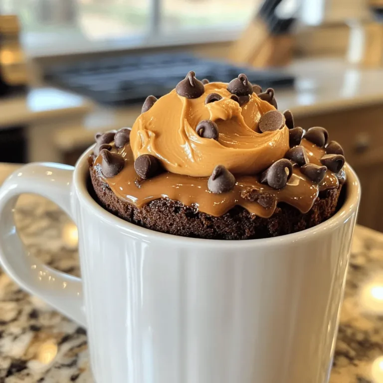 To make a delicious chocolate peanut butter mug cake, gather these simple items: - 4 tablespoons all-purpose flour - 4 tablespoons granulated sugar - 2 tablespoons unsweetened cocoa powder - 1/8 teaspoon baking powder - 1/8 teaspoon salt - 3 tablespoons milk (dairy or non-dairy) - 1 tablespoon vegetable oil - 1 tablespoon peanut butter - 1/4 teaspoon vanilla extract - Optional: a few chocolate chips for extra richness You can swap some ingredients if you need to. Here are a few ideas: - Use almond flour instead of all-purpose flour for a gluten-free option. - Swap granulated sugar with brown sugar for a richer flavor. - Use maple syrup or honey instead of sugar for a natural sweetener. - Replace vegetable oil with melted coconut oil for a different taste. - Use soy milk or almond milk if you want a dairy-free cake. Make your mug cake even better with these fun add-ins: - Mix in a tablespoon of Nutella for an extra chocolatey taste. - Add chopped nuts to give it some crunch. - Try a spoonful of jam or jelly for a fruity twist. - Fold in mini marshmallows for a gooey surprise. Feel free to get creative and make this mug cake your own! To make your chocolate peanut butter mug cake, gather your ingredients first. This recipe takes just a few minutes. You will need a microwave-safe mug. Make sure it is big enough to hold the cake as it rises. 1. In your mug, mix these dry ingredients: - 4 tablespoons all-purpose flour - 4 tablespoons granulated sugar - 2 tablespoons unsweetened cocoa powder - 1/8 teaspoon baking powder - 1/8 teaspoon salt Stir these well until they blend together. 2. Now, add the wet ingredients: - 3 tablespoons milk (dairy or non-dairy) - 1 tablespoon vegetable oil - 1 tablespoon peanut butter - 1/4 teaspoon vanilla extract Mix well until you have a smooth batter. Make sure there are no lumps. 3. If you want extra chocolate, fold in a few chocolate chips gently. 4. Put your mug in the microwave. Cook on high for about 1 minute and 30 seconds. Check at 1 minute to see if it is rising. 5. The cake is done when it puffs up. A toothpick should come out clean from the center. 6. Let the mug cake cool for a couple of minutes. This helps the flavors come together. - Use a larger mug to prevent overflow. - Every microwave is different. Adjust the cooking time if needed. - If the cake is not done, add 10-second intervals until it cooks through. - Letting it cool helps with texture. Enjoy your cake warm! To keep your mug cake from overflowing, choose a large mug. A 12-ounce mug works best. Fill it only halfway with batter. Keep an eye on the cake while it cooks. Start checking it at 1 minute. If it rises too high, stop the microwave for a moment. This way, you can avoid a messy spill. Mix carefully to get a smooth batter. First, combine the dry ingredients well before adding wet ones. This helps the cocoa and flour mix evenly. When you add the milk, oil, and peanut butter, whisk until there are no lumps. If your batter is too thick, add a bit more milk. This ensures a soft texture. To boost flavor, add a pinch of cinnamon or espresso powder. These spices work well with chocolate. You can also change up the nut butter. Try almond or cashew butter for a twist. For extra richness, fold in chocolate chips. They melt and add a creamy layer to your cake. Enjoy experimenting with these ideas to make your mug cake even better! {{image_2}} You can make this mug cake healthier with simple swaps. Use whole wheat flour instead of all-purpose flour. This adds fiber and nutrients. You can also use a sugar substitute like stevia or monk fruit. These options can reduce calories but keep the sweetness. If you want a lower-fat option, try using applesauce instead of oil. It keeps the cake moist without all the fat. Want to mix things up? You can add different flavors to your mug cake. Swap out peanut butter for Nutella for a rich twist. You can also drizzle in some caramel sauce for a sweet surprise. If you like coffee, adding a bit of instant coffee powder works great too. Each option gives your mug cake a new taste and keeps it exciting. If you follow a gluten-free diet, you can still enjoy this treat. Just replace all-purpose flour with a gluten-free blend. Many brands offer blends that work well in baking. If you need a nut-free option, skip the peanut butter and use sun butter instead. This keeps the same creamy texture and taste without nuts. If you have leftover mug cake, let it cool first. Once cool, cover it with plastic wrap or put it in an airtight container. It stays fresh for about 1 to 2 days at room temperature. If you want it to last longer, refrigerate it. Just remember, the cake may lose some moisture in the fridge. To reheat your mug cake, you can use the microwave. Place it in the microwave for about 10 to 15 seconds. Check it often to avoid overheating. The goal is to warm it up, not cook it again. This keeps the texture soft and tasty. If it seems a bit dry, add a small splash of milk before reheating. You can freeze your mug cake if you want to save it for later. Let it cool completely. Wrap it tightly in plastic wrap, then place it in a freezer bag. It can stay in the freezer for up to 2 months. When you're ready to eat it, thaw it in the fridge overnight. Reheat it in the microwave, just like before, for a quick treat. To make this mug cake dairy-free, swap the milk with a non-dairy option. Almond milk, soy milk, or oat milk work great. Just use the same amount as the recipe calls for. This change keeps the cake moist and tasty without any dairy. Yes, you can use other nut butters! Almond butter or cashew butter are excellent choices. They will add a unique taste to your cake. Just keep the same amount as the peanut butter in the recipe for best results. To avoid a dry cake, do not overcook it in the microwave. Start checking at one minute. If the cake looks puffed up and a toothpick comes out clean, it's done. Also, add a little extra milk if you want a softer texture. This article covered how to make a delicious mug cake with simple steps. We explored key ingredients, substitutions, and optional add-ins to fit your taste. Detailed cooking tips helped you avoid messes and enhance flavor. We discussed healthy swaps and dietary adjustments. Don't forget about storage options to keep your treat fresh! Enjoy experimenting with variations and adding your personal touch. Your mug cake journey is just beginning, so let your creativity shine!