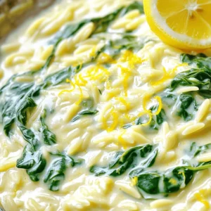 To make creamy lemon orzo with spinach, gather these ingredients: - 1 cup orzo pasta - 2 cups vegetable broth - 1 cup fresh spinach, chopped - 1/2 cup heavy cream - 1 lemon, zested and juiced - 1/4 cup grated Parmesan cheese - 2 tablespoons olive oil - 2 cloves garlic, minced - Salt and pepper to taste - Optional: pinches of red pepper flakes for heat You can swap some ingredients for a different taste or texture: - Use chicken broth instead of vegetable broth for a richer flavor. - Try half-and-half in place of heavy cream for a lighter dish. - Use nutritional yeast instead of Parmesan for a vegan option. If you have specific dietary needs, consider these substitutions: - For gluten-free options, use gluten-free orzo or rice. - To make this dish dairy-free, replace heavy cream with coconut milk. - If you want it vegan, omit the cheese or use a vegan cheese alternative. Each of these options can help tailor the recipe to your taste. Enjoy experimenting with flavors! Start by boiling vegetable broth in a medium saucepan. This adds a nice flavor. When it reaches a boil, add 1 cup of orzo pasta. Cook the pasta for about 8-10 minutes or until it is al dente. Check the package for exact times. Once cooked, drain any extra broth. While the orzo cooks, grab a large skillet. Heat 2 tablespoons of olive oil over medium heat. Add 2 cloves of minced garlic to the skillet. Saut&eacute; the garlic for about 1 minute. You want it fragrant but not browned. Then, add 1 cup of chopped fresh spinach. Cook for another 2-3 minutes until the spinach wilts. Now it's time to add the orzo to the skillet. Combine the cooked orzo with the garlic and spinach mixture. Pour in 1/2 cup of heavy cream, stirring well. Add the zest and juice of 1 lemon. Mix in 1/4 cup of grated Parmesan cheese until it melts. Season with salt and pepper, plus red pepper flakes for some heat if desired. Let the dish sit for a couple of minutes to thicken before serving. To get the creamiest texture, use heavy cream. It adds richness and smoothness. Stir well when you add it to the orzo. This helps mix it evenly. Don't rush; let it sit for a few minutes after cooking. This lets it thicken up. If you want even more creaminess, add more cheese. Grated Parmesan melts well and adds flavor. Lemon zest and juice bring bright notes to the dish. They cut through the cream and balance the flavors. For a spicy kick, add red pepper flakes. Just a pinch can boost the taste. Fresh herbs like basil or parsley can also add freshness. Experiment with your favorite flavors to make it your own. Serve the orzo in warm bowls for a cozy feel. Top with more Parmesan for a nice touch. A sprinkle of lemon zest adds color and brightness. You can pair it with a crisp salad or grilled protein. This dish goes well with chicken or shrimp for a full meal. Don't forget a lemon wedge on the side for extra zing! {{image_2}} You can easily add protein to this dish. Grilled chicken works well. Simply slice it and mix it in with the creamy orzo. Shrimp is another great choice. Saut&eacute; shrimp in olive oil until pink, then add it to the mix. Both options boost the flavor and make it a full meal. You can make this dish vegan with a few swaps. Replace heavy cream with coconut milk or cashew cream. Use nutritional yeast instead of Parmesan cheese for a cheesy taste. Choose vegetable broth to keep it plant-based. This way, you keep the creaminess while still sticking to a vegan diet. You can add more veggies for extra flavor and nutrition. Try sun-dried tomatoes for a tangy kick. Peas add a pop of color and sweetness. You can also use mushrooms for an earthy taste. Just saut&eacute; them with garlic before mixing them in. The options are endless, so feel free to get creative! To keep your creamy lemon orzo fresh, place it in an airtight container. Make sure to let it cool first. Store it in the fridge for up to three days. This way, you can enjoy it later without losing flavor. When ready to eat, reheat the orzo in a skillet. Add a splash of vegetable broth or cream to keep it moist. Heat on medium until warm. Stir it often to prevent sticking. You can also microwave it; just cover it and add a bit of liquid. To freeze, portion the orzo into freezer-safe bags. Remove as much air as possible before sealing. It will last for up to two months in the freezer. When you are ready to enjoy it again, thaw it in the fridge overnight before reheating. Creamy Lemon Orzo lasts about 3 to 4 days in the fridge. Store it in an airtight container. Make sure it cools down before sealing it. This keeps it fresh. When you're ready to eat, just reheat it gently on the stove or in the microwave. Yes, you can make this recipe gluten-free. Simply swap the orzo for gluten-free pasta. Many brands offer great options that cook similarly. Also, check your vegetable broth to ensure it is gluten-free. This way, everyone can enjoy this tasty dish! Creamy Lemon Orzo pairs well with many dishes. Try serving it with grilled chicken or fish for protein. A fresh salad adds a nice crunch. You can also enjoy it with roasted vegetables for a healthy side. Each option enhances the flavors of the orzo. This blog post covered how to make creamy lemon orzo. We looked at key ingredients and tasty substitutions. I shared step-by-step cooking instructions to guide you. You found tips for the best texture and flavor. We explored fun ways to change the recipe for your taste. Lastly, I included storage tips and answers to your most common questions. Now, you can enjoy a delicious orzo dish that meets your needs. Happy cooking!
