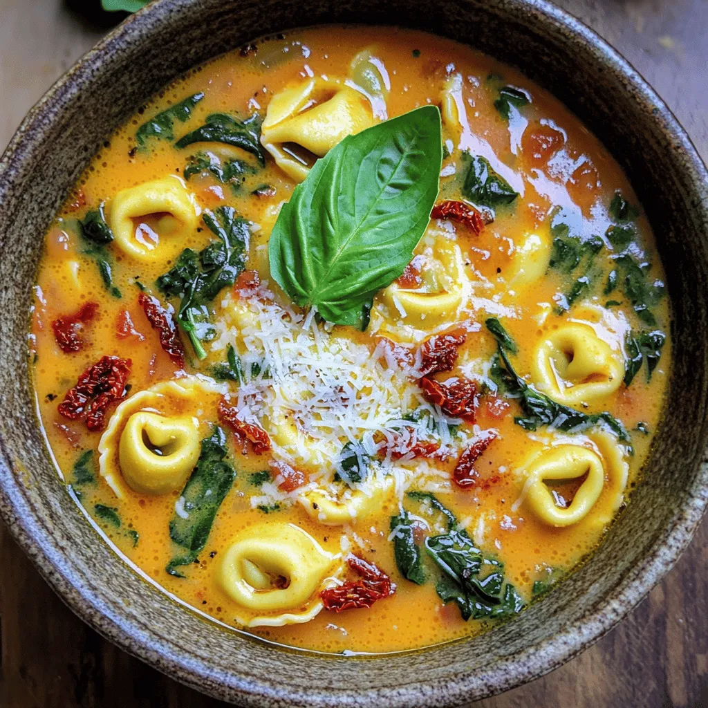 To make Creamy Sun-Dried Tomato Tortellini Soup, you need a few key ingredients. Each one plays a big role in building flavor. Here’s what you need: - 1 tablespoon olive oil - 1 medium onion, diced - 3 cloves garlic, minced - 1 can (14.5 oz) diced tomatoes, undrained - 1 cup sun-dried tomatoes, packed in oil, chopped - 4 cups vegetable broth - 1 teaspoon dried basil - 1 teaspoon dried oregano - 1 cup heavy cream - 9 ounces cheese tortellini (fresh or frozen) - 1 cup spinach, roughly chopped - Salt and pepper to taste - Grated Parmesan cheese for serving - Fresh basil leaves for garnish Using fresh ingredients gives the soup a bright taste. Olive oil adds richness, while onions and garlic bring a sweet, savory base. The diced tomatoes and sun-dried tomatoes add depth and a hint of sweetness. Vegetable broth makes it hearty, and herbs like basil and oregano provide a warm aroma. Heavy cream creates a silky texture, while tortellini makes it filling. Spinach adds color and nutrients. Don't forget salt and pepper to enhance the flavors. Top it off with Parmesan and fresh basil for a tasty finish! 1. Heating the olive oil Start by pouring one tablespoon of olive oil into a large pot. Heat it over medium heat. 2. Sautéing onion and garlic Next, add one medium diced onion. Cook it for about five minutes until it turns soft and clear. Then, stir in three minced garlic cloves. Cook for one more minute until you smell that great garlic aroma. 3. Adding tomatoes and broth Now, open a can of diced tomatoes, keeping the juice. Add that along with one cup of chopped sun-dried tomatoes. Pour in four cups of vegetable broth. Sprinkle in one teaspoon each of dried basil and oregano. Mix it all well and bring it to a simmer. 4. Allowing flavors to meld Once it simmers, lower the heat. Let it cook for about ten minutes. This helps all the flavors mix together nicely. 5. Incorporating heavy cream After that, stir in one cup of heavy cream. Raise the heat slightly to bring the soup back to a gentle simmer. 6. Cooking tortellini Add nine ounces of cheese tortellini. Cook according to the package. If it’s fresh, it takes about three to five minutes. For frozen, it’s about five to seven minutes. 7. Final seasoning and adding spinach Just before serving, add one cup of roughly chopped spinach. Stir it in until it wilts. Taste the soup and add salt and pepper as you like. 8. Serving suggestions Serve the soup hot. Top each bowl with grated Parmesan cheese and fresh basil leaves. Enjoy the warm, comforting flavors! - Fresh vs frozen tortellini I love using fresh tortellini. It cooks quickly and adds great flavor. Frozen tortellini works too. Just give it a few extra minutes to cook. - Adjusting seasoning Taste as you go! Add salt and pepper slowly. This helps you find the right balance. Remember, sun-dried tomatoes can be salty, so season carefully. - Balancing creaminess For a lighter soup, try using less heavy cream. You can also add more vegetable broth. This keeps the soup rich but not too thick. - Enhancing flavor with herbs Fresh herbs make a big difference. If you can, use fresh basil instead of dried. You can also add a pinch of thyme or parsley for extra taste. {{image_2}} You can change this creamy sun-dried tomato tortellini soup in fun ways. Let’s explore some tasty options! - Adding protein: You can make this soup heartier by adding cooked chicken, shrimp, or sausage. Just cook your choice of protein in the pot before adding the onion. This will boost flavor and give you more filling bites. - Vegetarian options: If you want a vegetarian soup, skip the meat. You can add more veggies like carrots or bell peppers. These will add color and crunch. - Using different vegetables: Feel free to mix in other vegetables. You can use zucchini, kale, or mushrooms. Each adds its own taste and texture to the soup. Just make sure to cook them until tender. - Gluten-free alternatives for tortellini: If you need a gluten-free option, look for gluten-free tortellini. Many brands offer great taste and texture. You can also use rice or quinoa instead. These options keep the soup delicious while meeting your dietary needs. These simple variations let you customize the soup to fit your cravings and diet. Enjoy making it your own! Refrigeration guidelines Store your creamy sun-dried tomato tortellini soup in an airtight container. It will stay fresh in the fridge for about 3 to 4 days. Make sure to let it cool down before sealing it. Freezing instructions You can freeze this soup for later use. Pour it into freezer-safe containers, leaving some space at the top. This soup can last up to 3 months in the freezer. Thaw it overnight in the fridge before reheating. Reheating methods Reheat the soup on the stove over medium heat, stirring often. You can also use a microwave. Heat it in intervals of 1 minute, stirring each time, until hot. If it's too thick, add a splash of broth or water. Shelf life The shelf life of the soup is about 3 to 4 days in the fridge and up to 3 months in the freezer. Always check for signs of spoilage before eating, like off smells or changes in texture. Enjoy your soup hassle-free! Yes, you can make this soup ahead of time. It tastes great after flavors blend. Just store it in the fridge. Reheat when you're ready to eat. You can use half-and-half or coconut cream as a substitute. Both options will give a creamy texture. If you want a lighter version, try using milk. Just know that it may not be as rich. Absolutely! This soup is great for meal prep. You can portion it out in containers. It stays good in the fridge for about three days. To add spice, you can mix in red pepper flakes. Start with a small amount and taste. You can also use hot sauce or diced jalapeños for a kick. This blog post covered a tasty tortellini soup recipe. You learned the key ingredients and simple steps to make it. We shared tips to enhance flavor and storage advice for leftovers. Tortellini soup is versatile and easy to customize. Feel free to add proteins or veggies based on your preference. I hope you feel ready to try this recipe at home. Enjoy your cooking!