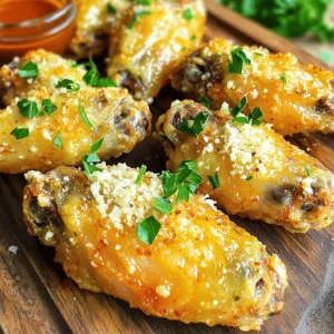 - 2 pounds chicken wings - 4 tablespoons olive oil - 6 cloves garlic, minced - 1/2 cup grated Parmesan cheese The main ingredients are simple yet packed with flavor. Chicken wings are the star of the dish. They soak up all the seasonings well. Olive oil helps the wings crisp up nicely. Minced garlic adds a bold taste. Grated Parmesan cheese brings a rich, savory touch. - 1 teaspoon onion powder - 1 teaspoon smoked paprika - 1 teaspoon salt - 1/2 teaspoon black pepper Seasoning is key to great wings. Onion powder adds sweetness without being too strong. Smoked paprika gives a hint of smokiness. Salt enhances all the flavors, while black pepper adds a bit of heat. Each spice plays a role in creating the perfect bite. - 2 tablespoons fresh parsley, chopped (for garnish) - Hot sauce - Ranch dressing Garnishes make the dish pop. Fresh parsley adds color and freshness. Hot sauce gives a spicy kick for those who love heat. Ranch dressing offers a cool balance. These options let you customize your meal and make it more enjoyable. 1. Preheat your oven to 425°F (220°C). This step is key to crispy wings. 2. Line a large baking sheet with parchment paper for easy cleanup. 3. In a large bowl, add the chicken wings. 4. Pour in the olive oil, minced garlic, onion powder, smoked paprika, salt, and black pepper. 5. Toss the wings in the bowl until they are well coated with the mix. 1. Arrange the wings in a single layer on the prepared baking sheet. 2. Make sure they have space between them for even cooking. 3. Bake the wings in the preheated oven for 30 minutes. 4. After 30 minutes, take them out and flip each wing over. 5. Return the wings to the oven for another 15-20 minutes. 6. Look for a crispy and golden brown color. 1. Once baked, remove the wings from the oven. 2. Sprinkle the grated Parmesan cheese on top while they are hot. 3. The heat will melt the cheese slightly, adding great flavor. 4. Garnish with chopped fresh parsley for a pop of color. 5. Serve the wings hot with your choice of dipping sauces, like ranch or hot sauce. To get the best crispy wings, start with the right baking temperature. Preheat your oven to 425°F (220°C). This high heat helps the wings cook fast and turn golden. Next, avoid overcrowding your baking sheet. Lay the wings in a single layer. If they touch, they won’t crisp up well. Give them space to breathe! Marinating your wings can boost the taste. Try letting them sit with olive oil, garlic, and spices for an hour. This way, the flavors soak in deeply. You can also mix in extra spices. For a kick, add cayenne pepper or chili powder. If you love herbs, fresh thyme or rosemary works great too! When serving wings, think about what sides to pair with them. Crispy fries or a fresh salad complement the wings nicely. You can also serve some veggies like carrots and celery for crunch. And don’t forget the dipping sauces! Ranch, blue cheese, or hot sauce are perfect for dipping. They add flavor and fun to each bite! {{image_2}} You can change up the flavor of your wings easily. Adding different cheeses can create unique tastes. For a twist, try using feta or cheddar cheese. Each cheese brings its own flavor, which makes your wings more exciting. Incorporating herbs and spices can also enhance your wings. For a fresh taste, consider adding rosemary or thyme. You can also mix in a pinch of cayenne for some heat. This way, you can make the wings fit your mood or the season. If you want to try something different, use an air fryer. With an air fryer, you can make crispy wings without using much oil. Cook them at 400°F for about 25 minutes. Flip them halfway through for even cooking. Grilling is another fun option. To grill, preheat your grill to medium heat. Place the wings on the grill for about 15-20 minutes. Turn them often to get that nice char and smoky flavor. For those who need gluten-free options, this recipe is simple to adapt. Just ensure your spices and sauces are gluten-free. Most of the ingredients are naturally gluten-free. If you’re watching your salt intake, try low-sodium alternatives. Use less salt in the seasoning mix. You can also skip the Parmesan cheese or use a low-sodium cheese. This way, you keep the flavor without the extra salt. To store your leftover wings, place them in an airtight container. Make sure the wings are cool before sealing the container. This helps keep them fresh. You can store them in the fridge for up to three days. Reheat them in the oven for the best texture. This way, they stay crispy and tasty. If you want to keep the wings longer, freezing is a great option. First, let the wings cool completely. Then, spread them out on a baking sheet in a single layer. Freeze them for about two hours. Once frozen, transfer the wings to a freezer bag. Remove as much air as possible before sealing. For reheating, bake them from frozen at 400°F (200°C) for about 25-30 minutes. This will help regain their crispy texture. When stored properly, leftover wings last about three days in the fridge. In the freezer, they can last up to three months. Always check for signs of spoilage before eating. If the wings smell off or look unusual, it’s best to toss them. Enjoy your wings safe and delicious! To make your wings crispy, start with a high oven temperature. Preheat your oven to 425°F (220°C). Use a large baking sheet lined with parchment paper. Make sure to coat the wings well with olive oil and seasonings. This helps them crisp up nicely. Avoid overcrowding the baking sheet. Give each wing space to breathe. Bake for 30 minutes, flip them, then bake for another 15-20 minutes. This method ensures a golden, crispy texture. Yes, you can use frozen chicken wings. Just remember to thaw them first. It’s best to leave them in the fridge overnight. If you're short on time, you can run them under cold water. After thawing, follow the same steps in the recipe. The wings will still turn out tasty. To reheat leftover wings, use your oven for the best results. Preheat your oven to 350°F (175°C). Place the wings on a baking sheet. Heat them for about 10-15 minutes or until they are hot. If you want them crispy again, bake them a bit longer. You can also use an air fryer if you have one. It gives them a nice crunch. Absolutely! Baked Garlic Parmesan Wings are great for meal prep. You can make a large batch and store them in the fridge. Just place them in an airtight container. They last about 3-4 days. When you're ready to eat, reheat them as mentioned above. This way, you have a quick and tasty meal ready to go. For dipping sauces, ranch dressing is a classic choice. It pairs well with the garlic flavor. Blue cheese dressing is another popular option. If you like heat, try a spicy hot sauce. You can also mix honey with mustard for a sweet touch. Feel free to get creative and try your favorite sauces! Baked Garlic Parmesan Wings are easy and fun to make. We covered the key ingredients, preparation steps, and cooking tips. You learned how to achieve the perfect crispy texture and flavorful variations. Always store your leftovers properly to enjoy them later. Remember, the right dips elevate your wings. Whether you share them at a party or enjoy them alone, these wings will impress. Happy cooking!