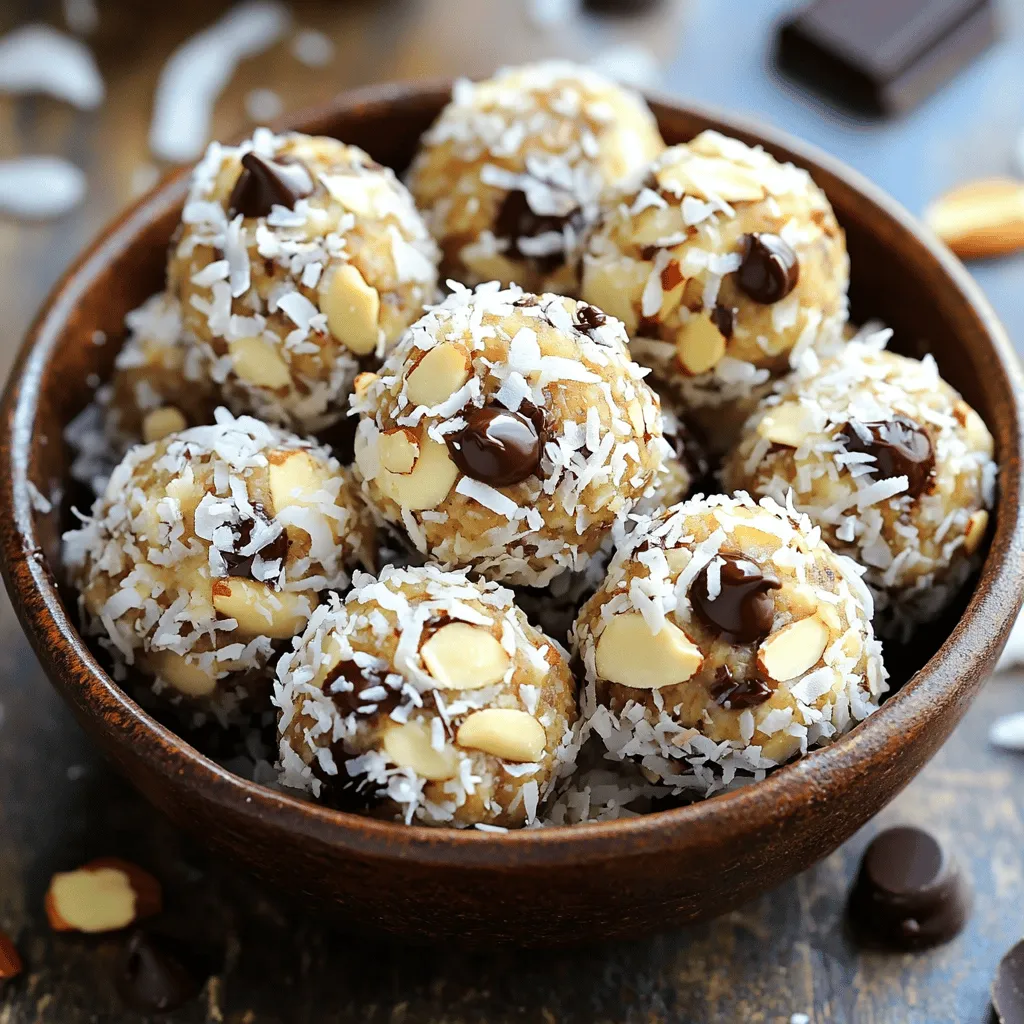 - 1 cup rolled oats - 1/2 cup almond butter - 1/4 cup honey or maple syrup - 1/4 cup unsweetened shredded coconut - 1/4 cup dark chocolate chips - 1/2 cup chopped almonds - 1/2 teaspoon vanilla extract - Pinch of salt These simple ingredients come together to create a tasty snack. Rolled oats provide a base that gives fiber and energy. Almond butter adds creaminess and healthy fats. Honey or maple syrup sweetens the bites naturally. Shredded coconut gives them a chewy texture. Dark chocolate chips add a touch of indulgence. Chopped almonds bring crunch and extra flavor. Vanilla extract enhances the overall taste, while a pinch of salt balances the sweetness. If you want to mix things up, consider these additions: - Peanut butter for a different nut flavor. - Dried fruit like raisins or cranberries for sweetness. - Chia seeds for added nutrition and texture. - Protein powder to boost the protein content. - Different nuts like walnuts or pecans for variety. These options can help you customize your bites to fit your taste and needs. To make these energy bites, gather these tools: - A large mixing bowl - A spoon or spatula for mixing - Measuring cups for accuracy - Parchment paper for easy cleanup - A baking sheet or plate for chilling Having the right equipment makes the process smooth and enjoyable. With these tools, you’ll create Almond Joy Energy Bites in no time! To start, grab a large mixing bowl. Add 1 cup of rolled oats, 1/2 cup of almond butter, and 1/4 cup of honey or maple syrup. Mix these ingredients until they blend well. Next, you will add 1/4 cup of shredded coconut, 1/4 cup of dark chocolate chips, and 1/2 cup of chopped almonds. Don’t forget 1/2 teaspoon of vanilla extract and a pinch of salt. Stir until everything is evenly mixed. Make sure to use a sturdy spoon or spatula for mixing. If the mixture feels too thick, you can add a tiny bit of water. It helps to keep things easy to stir. You want to ensure all the ingredients are coated well. This makes every bite delicious. After mixing, use your hands to take small portions. Roll them into balls about 1 inch wide. If your hands get sticky, wet them lightly. This helps to roll better. Place each ball on a parchment-lined baking sheet or plate. Chill them in the fridge for at least 30 minutes. This step helps them to set. Once set, store the energy bites in an airtight container in the fridge. They will last up to a week. For longer storage, freeze them. To get the best texture, focus on the balance of your ingredients. Use rolled oats as your base. They provide a great chew. The almond butter adds creaminess, while honey or maple syrup brings sweetness. If the mix feels too dry, add a bit more almond butter. If it's too sticky, add more oats. Rolling the bites into one-inch balls helps achieve a nice size. If your hands stick to the mix, dampen your hands slightly. This makes rolling easier. One common mistake is skipping the chilling step. Chilling helps the bites hold their shape. If you don’t chill them, they may fall apart. Another mistake is not measuring ingredients accurately. Too much almond butter can make them too soft. Too little coconut means less flavor. Lastly, don’t forget to add a pinch of salt. It enhances all the flavors in the bites. Almond butter is rich in protein and healthy fats. It helps keep you full longer. Rolled oats provide fiber, which is good for digestion. Shredded coconut adds healthy fats and a lovely texture. Dark chocolate chips offer antioxidants and a touch of sweetness. Chopped almonds add crunch and extra nutrients. Together, these ingredients create a snack that is not just tasty but also good for you. {{image_2}} You can change the flavor of your Almond Joy Energy Bites easily. Try adding different nuts like walnuts or cashews. Each nut gives a new taste and texture. You can also switch seeds. Pumpkin seeds or sunflower seeds work well. Want more coconut flavor? Add extra shredded coconut. For a twist, mix in some dried fruit like cranberries or cherries. Each change makes your bites unique and fun. Making these bites vegan is simple. Just replace honey with maple syrup. This keeps them sweet and plant-based. For a gluten-free option, ensure your oats are certified gluten-free. This way, everyone can enjoy them. You can also use almond flour instead of oats for a different texture. These adjustments make the bites friendly for all diets. If you want less sugar, consider different sweeteners. You can use agave nectar or date syrup. Both are great choices that add sweetness without refined sugar. If you like stevia, it works too. Just remember, these sweeteners can change the flavor slightly. Adjust to your taste. Explore and find what you love! To keep your Almond Joy Energy Bites fresh, store them in an airtight container. This helps lock in moisture and flavor. Place the container in the fridge. This keeps them cool and safe to eat. If you want them to last longer, consider freezing them. In the fridge, these energy bites last up to a week. After that, they may lose their texture and taste. If you freeze them, they can last for about three months. Just make sure to label the container with the date. Freezing is a great option for longer storage. To freeze, place the energy bites on a baking sheet. Make sure they are not touching each other. This prevents them from sticking together. Freeze for about two hours, then transfer them to a container. You can grab one or two whenever you like! Yes, you can make Almond Joy Energy Bites ahead of time. They keep well in the fridge. I like to make a batch on Sundays for the week. Just store them in an airtight container. They stay fresh for up to a week. You can also freeze them for longer storage. If you need a substitute, try peanut butter or sunflower seed butter. Both options work well and add tasty flavors. You can also use cashew butter for a different twist. Just ensure the texture stays similar to almond butter. This way, your energy bites will still hold together. You can easily adjust the sweetness in your Almond Joy Energy Bites. If you want it sweeter, add more honey or maple syrup. You can also use less sweetener for a more balanced bite. Taste the mixture before rolling it into balls. This way, you can find the right sweetness for you. You learned about making energy bites, from ingredients to storage tips. We covered the basic steps, optional add-ins, and common mistakes to avoid. Remember, you can mix flavors and ingredients to suit your taste. Energy bites are not just tasty; they pack health benefits. With proper storage, they last longer too. Enjoy creating your own unique energy bites for any snack need!