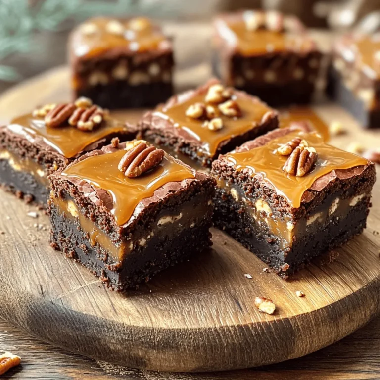 - 1 cup unsalted butter, melted - 2 cups granulated sugar - 4 large eggs - 1 teaspoon vanilla extract - 1 cup all-purpose flour - 1 cup cocoa powder - 1/2 teaspoon baking powder - 1/4 teaspoon salt - 1 cup chocolate chips - 1 cup pecans, roughly chopped - 1 cup caramel sauce (store-bought or homemade) The ingredients for caramel turtle brownies create a rich and tasty treat. Each item plays a key role in making these brownies special. The melted butter gives a moist base, while sugar adds sweetness. Eggs help bind everything together. The vanilla extract brings a warm flavor that blends perfectly with chocolate and caramel. - Alternatives for unsalted butter: You can use coconut oil or margarine if you're looking for dairy-free options. - Options for gluten-free flour: Look for a gluten-free all-purpose flour that includes xanthan gum. This helps the brownies hold together well. - Vegan-friendly ingredient swaps: Replace eggs with flaxseed meal mixed with water. Use a plant-based butter and dairy-free chocolate chips. With these substitutions, you can enjoy brownies without missing out on flavor or texture. These options make the recipe flexible for different diets. Start by preheating your oven to 350°F (175°C). This step warms your oven for even baking. You can use a 9x13 inch baking pan. Greasing the pan helps the brownies release easily. However, using parchment paper makes it even simpler to lift them out later. In a large bowl, whisk together the melted butter and granulated sugar. This step helps blend the ingredients smoothly. Next, add four large eggs, one at a time. Mix well after each egg, then stir in the vanilla extract. In another bowl, sift together the flour, cocoa powder, baking powder, and salt. Gradually add this dry mix to the wet ingredients. Be careful not to overmix; this keeps your brownies soft and chewy. Finally, fold in chocolate chips and chopped pecans. Now it's time to pour the brownie batter! Pour half of it into your prepared pan and spread it evenly. Drizzle half of the caramel sauce over this layer. To create a marbled effect, gently swirl the caramel into the batter using a knife. Next, pour the remaining batter over the caramel layer. Smooth the top, then drizzle more caramel and swirl it again for that eye-catching look. Bake the brownies in your preheated oven for 25-30 minutes. Check for doneness by inserting a toothpick in the center. It should come out with a few moist crumbs. Once done, take them out and let the brownies cool completely in the pan. This cooling time helps them set and makes cutting easier. Enjoy your delicious caramel turtle brownies! To get the best brownies, focus on texture. You want them soft and chewy. Use good quality chocolate chips for rich flavor. Melted butter makes the brownies moist and adds a great taste. For gooey centers, underbake slightly. Remove the pan when a toothpick shows moist crumbs. This helps keep the center fudgy. Let the brownies cool in the pan for a few minutes. Then, move them to a wire rack to cool completely. Garnish your brownies for an extra treat. Drizzle more caramel sauce on top. Sprinkle extra chopped pecans for crunch. These small touches make a big difference. Serve your brownies warm with ice cream or whipped cream. The cold cream pairs well with the warm, gooey texture. It’s a match made in dessert heaven! One common mistake is overmixing the batter. This can make brownies tough, not soft. Mix just until the dry ingredients are combined. Another mistake is not letting the brownies cool properly. Cutting them too soon makes a mess. Cool them in the pan first, then on a rack. Enjoy your delicious, neat brownies! {{image_2}} You can add fun flavors to your brownies. Try mixing in espresso for a coffee kick. Coffee and chocolate go well together. A little espresso gives a rich taste. You can also change the nuts in your brownies. Pecans are classic, but walnuts or almonds work too. Each nut adds its own flavor and crunch. Mixing different nuts can make the brownies even more exciting. The type of chocolate you use can change the flavor. Dark chocolate chips give a rich taste. They add depth to your brownies. On the other hand, milk chocolate chips make them sweeter. You might also want to use white chocolate. It adds a creamy flavor that pairs well with caramel. Try mixing different types of chocolate to find your favorite blend. You can make brownies for any season or holiday. For Halloween, add pumpkin spice to the batter. It gives a warm, cozy flavor. At Christmas, try adding peppermint extract for a festive touch. For birthdays, you can mix in colorful sprinkles. They make your brownies fun and festive. Experiment with flavors that fit special occasions. Your caramel turtle brownies can be a year-round treat! To keep your caramel turtle brownies fresh, start by letting them cool completely. Place them in an airtight container. This helps maintain their soft texture. You can also layer them with parchment paper to prevent sticking. If you have a large batch, cut them into squares first. This way, you can grab one easily when cravings hit. Freezing brownies is simple and great for later enjoyment. Wrap each brownie tightly in plastic wrap. Then, place them in a freezer-safe bag or container. This protects them from freezer burn. To thaw, take them out and leave them at room temperature for about an hour. If you want to heat them, pop them in the microwave for 10-15 seconds. Enjoy them warm! Brownies can last up to four days at room temperature. Store them in a cool, dry place. If they last longer, consider refrigeration. Signs of spoilage include a dry texture or off smell. If you see mold, throw them away immediately. Always trust your senses when it comes to food safety. Yes, you can make caramel turtle brownies ahead of time. This will save you stress on busy days. Here are some tips: - Make the brownies: Bake them and let them cool completely. - Store properly: Wrap them tightly in plastic wrap or place them in an airtight container. - Chill or freeze: You can refrigerate for up to a week or freeze for longer. - Reheat: If frozen, thaw in the fridge overnight before serving. Making homemade caramel sauce is easy! Here’s a simple recipe for you: - Ingredients: - 1 cup granulated sugar - 6 tablespoons unsalted butter, cut into pieces - 1/2 cup heavy cream - 1 teaspoon vanilla extract - Directions: 1. In a saucepan, heat sugar over medium heat. 2. Stir constantly until it melts and turns amber. 3. Add butter and stir until melted. 4. Slowly add heavy cream while stirring. 5. Remove from heat and add vanilla extract. Yes, you can make this recipe nut-free! Here are some suggestions: - Omit the pecans: Just leave them out for a nut-free brownie. - Substitute with seeds: Use sunflower seeds or pumpkin seeds for crunch. - Chocolate chips: Ensure they are nut-free, as some brands may contain traces. Caramel turtle brownies are delicious on their own, but pair them with extras for a treat: - Ice cream: Vanilla or caramel ice cream works great. - Whipped cream: A dollop adds a light touch. - Fresh fruit: Serve with berries for a fresh contrast. - Coffee or milk: These drinks balance the sweetness well. You now know how to make delicious caramel turtle brownies. We covered the key ingredients, like butter and chocolate, along with useful substitutions. I shared steps on prepping, mixing, and baking. You learned tips for perfect texture and common mistakes to avoid. Don't forget the variations to keep things exciting! Whether serving with ice cream or storing leftovers, you have all the tools. Dive into brownie-making and enjoy your tasty treats!