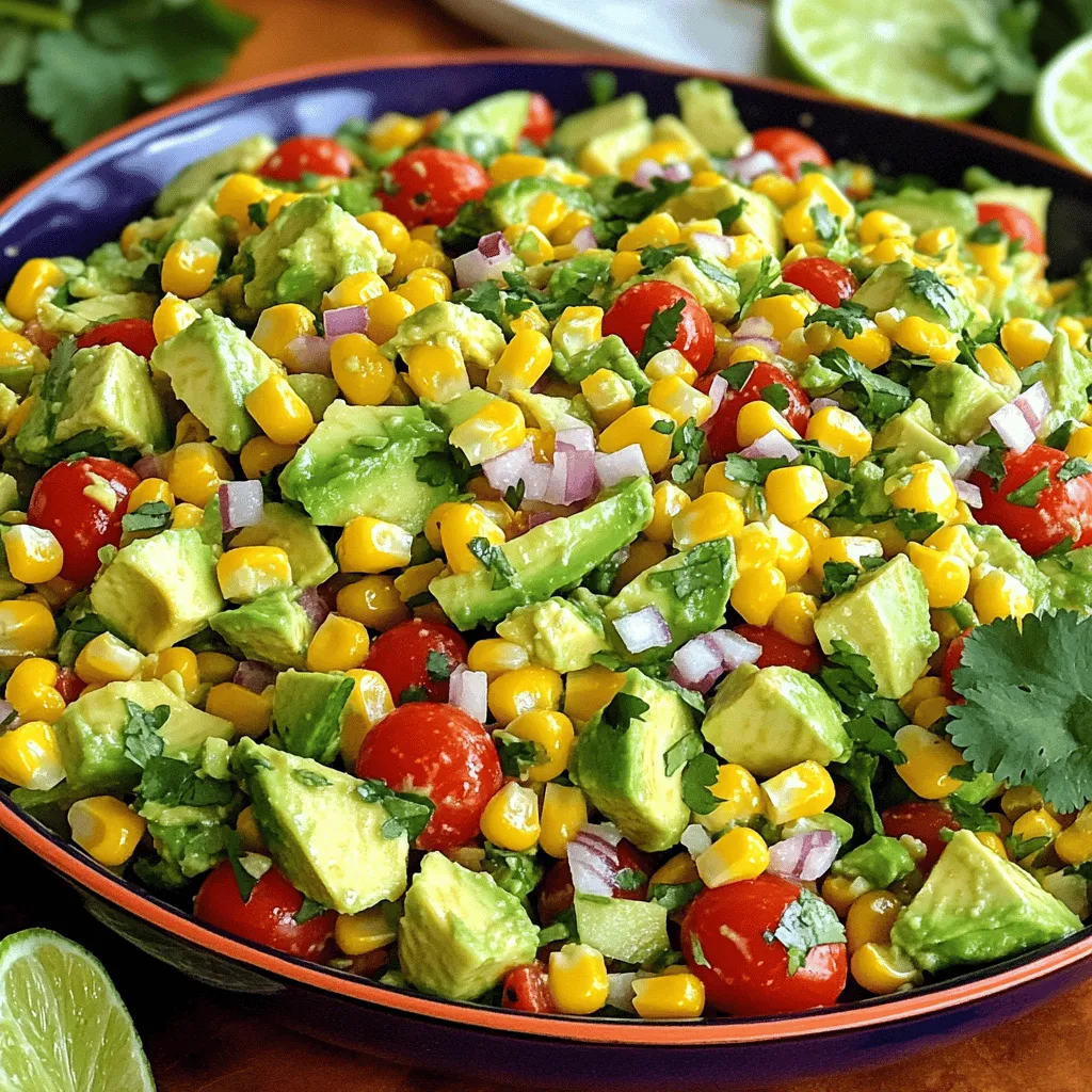 - 2 ripe avocados, diced - 1 cup fresh corn kernels or 1 can of corn, drained - 1 red bell pepper, chopped - 1 small red onion, finely chopped - 1 cup cherry tomatoes, halved - 1 jalapeño, deseeded and minced (optional for heat) For this salad, fresh produce is key. The ripe avocados give a creamy texture. Use fresh corn kernels for sweetness, or canned corn for ease. The red bell pepper adds crunch and color. A small red onion brings sharpness, and cherry tomatoes add juicy bites. If you want heat, add jalapeño. - Juice of 2 limes - 3 tablespoons olive oil - 1 teaspoon cumin - Salt and pepper to taste The dressing is simple yet bright. Lime juice gives a zesty kick, while olive oil adds richness. Cumin offers a warm spice, balancing the flavors. Don't forget salt and pepper to enhance taste. - Fresh cilantro leaves Cilantro adds a fresh note to the salad. It brightens the dish and gives it a vibrant look. You can add extra leaves on top for more color and flavor. - Combine diced avocados and corn in a bowl. - Add chopped red bell pepper and cherry tomatoes. - If you like heat, add the minced jalapeño. Start by taking two ripe avocados and cutting them into small pieces. Then, grab a cup of fresh corn or a can of corn. Mix these in a large bowl. Next, chop one red bell pepper and halve a cup of cherry tomatoes. Toss these into the bowl too. If you want some spice, you can slice up a jalapeño and add it. This is optional but fun! - Whisk together lime juice, olive oil, cumin, salt, and pepper. Now, let’s make the zesty dressing. In a small bowl, squeeze the juice of two limes. Add three tablespoons of olive oil, one teaspoon of cumin, and a pinch of salt and pepper. Whisk this mixture well. You want to blend all the flavors together. This dressing adds a bright taste to the salad. - Toss the salad and adjust seasoning. - Garnish before serving. Pour the dressing over the salad. Gently toss everything together. Be careful not to mash the avocados. Taste the salad and see if it needs more salt or lime juice. If it seems flat, add a touch more seasoning. Finally, garnish your salad with fresh cilantro leaves. This adds color and a fresh flavor. Serve it up, and enjoy! How to choose ripe avocados To find a ripe avocado, look for a dark green color. Gently press the skin; it should yield slightly. If it feels too hard, it is not ready. If it feels too soft, it may be overripe. Tips for storing leftover avocados To save leftover avocado, keep the pit in the half you store. Brush the cut side with lime juice to slow browning. Wrap it tightly in plastic wrap. Store it in the fridge to keep it fresh for a day or two. Suggestions for additional spices or ingredients To boost flavor, try adding garlic powder or smoked paprika. Fresh herbs like parsley or basil can also add freshness. A splash of vinegar can give it a nice zing. How to adjust heat levels with jalapeño For mild heat, remove the seeds and veins from the jalapeño. If you want more spice, leave some seeds in. You can also add more jalapeño if you enjoy a kick. Creative serving methods Serve the salad in a colorful bowl to catch the eye. You can use a large platter for a family-style meal. For individual servings, use small mason jars for a fun twist. Using garnishes to elevate appearance Fresh cilantro leaves make a great garnish. Sprinkle them on top right before serving. Adding lime wedges on the side also creates a bright look. Consider using edible flowers for a fancy touch. {{image_2}} You can change up your Zesty Avocado Corn Salad with simple swaps. Try adding proteins like black beans or chickpeas for a hearty touch. These options boost protein and make the dish more filling. For veggies, consider adding corn, zucchini, or even diced cucumbers. Each option adds crunch and flavor. If you want a gluten-free version, this salad is already safe as is. Just ensure your lime juice and olive oil are pure. For a vegan-friendly touch, make sure your dressing has no animal products. To lower calories, use less olive oil or add more veggies. This keeps the taste while cutting extra calories. You can switch ingredients based on what’s in season. In summer, use fresh peaches or strawberries for a sweet twist. In fall, try adding roasted butternut squash for warmth. For special occasions, consider adding festive herbs like mint or basil. They can give your salad an extra pop and make it special! To store leftovers, place the salad in an airtight container. Make sure to cover it well. This helps keep the salad fresh. You can also squeeze a bit of lime juice over the top. This extra lime juice helps the avocados stay green. Avoid using plastic wrap as it may not seal tightly. To maintain freshness, store the salad in the fridge. It is best to eat it within one to two days. If you notice the avocados turning brown, that means the salad is losing its freshness. Can you freeze avocado corn salad? No, freezing is not a good idea for this salad. The avocados will turn mushy and brown. The texture will not be pleasant after thawing. If you have to freeze, consider freezing the corn and dressing separately. This way, the flavors stay fresh. When ready to eat, thaw the corn and dressing in the fridge overnight. Mix them with fresh avocado when ready to serve. How long does the salad last in the fridge? This salad stays good for about two days. After that, the avocados start to spoil. Watch for signs of spoilage, like a bad smell or brown color. If the salad smells off or looks mushy, it is time to throw it away. Always trust your senses when checking for freshness. You can serve this salad with many meals. Here are some great pairings: - Grilled chicken or shrimp - Tacos or burritos - Rice or quinoa bowls - A fresh green salad These options add protein and balance the meal. They also enhance the fresh flavors of the salad. Yes, you can prepare this salad in advance. Here are some tips: - Chop the vegetables and store them separately. - Mix the dressing and keep it in a jar. - Combine everything just before serving. This keeps the avocados fresh and prevents sogginess. You can enjoy the salad’s zesty taste without losing its crunch. Yes, this salad is gluten-free. All the ingredients are safe for those with gluten sensitivities. If you serve it with gluten-free dishes, it fits well into a gluten-free diet. To keep your avocados fresh, try these methods: - Squeeze extra lime juice on the cut surface. - Store the salad in an airtight container. - Use plastic wrap to cover the top tightly. These tips help keep the avocados vibrant. Enjoy your colorful salad longer! We've covered how to make a tasty Zesty Avocado Corn Salad using fresh produce, dressings, and garnishes. You can adjust flavor and presentation based on your preferences. Remember to store leftovers properly and check for spoilage signs. Try different ingredients for variety, and enjoy this salad with your favorite meals. Keep it fresh and vibrant, and your salad will impress every time. Enjoy making it!