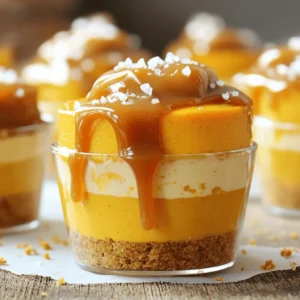 To make these delightful Salted Caramel Pumpkin Cheesecake Cups, gather the following: - 1 cup graham cracker crumbs - 4 tablespoons unsalted butter, melted - 1 (8 oz) package cream cheese, softened - 1/2 cup powdered sugar - 1 cup pumpkin puree - 1 teaspoon vanilla extract - 1 teaspoon pumpkin pie spice - 1/2 cup heavy whipping cream - 1/4 cup salted caramel sauce (plus extra for drizzling) - Sea salt flakes for garnish You can easily swap some ingredients if needed: - Use gluten-free graham crackers for a gluten-free crust. - Swap cream cheese with dairy-free cream cheese for a vegan option. - Replace heavy cream with coconut cream for a dairy-free version. - Maple syrup can replace powdered sugar for a natural sweetener. Selecting the right ingredients makes a big difference: - Choose fresh pumpkin puree for the best flavor. Canned is okay, but fresh shines. - Look for high-quality cream cheese. A richer cream cheese makes the cheesecake smooth. - When picking graham crackers, look for ones with simple ingredients. This helps avoid added sugars. - For the salted caramel sauce, select a brand known for its rich flavor. Homemade sauce can also elevate your dish. To make the crust, start with graham cracker crumbs. In a medium bowl, mix 1 cup of crumbs with 4 tablespoons of melted butter. Use a fork to blend them well. This mixture should feel like wet sand. Next, take about 2 tablespoons of this mix and press it into the bottom of each serving cup. Make sure to press down firmly so it holds together. This forms a solid base for your cheesecake cups. For the cheesecake filling, grab a large mixing bowl. Beat 1 package of softened cream cheese until it’s creamy and smooth. Gradually add in 1/2 cup of powdered sugar, mixing until combined. Then, add 1 cup of pumpkin puree, 1 teaspoon of vanilla extract, and 1 teaspoon of pumpkin pie spice. Mix everything until it is all blended together. In a separate bowl, whip 1/2 cup of heavy cream until you see stiff peaks. Gently fold this whipped cream into the pumpkin mixture. Be careful not to deflate the whipped cream. This keeps your cheesecake light and fluffy. Now it's time to assemble! Spoon or pipe the pumpkin cheesecake mixture on top of the crust in each cup. Fill them to the brim for a nice presentation. Drizzle some salted caramel sauce over the top of each cup. For the final touch, sprinkle a few sea salt flakes on top. This adds a nice contrast to the sweetness. Finally, chill the cups in the refrigerator for at least 2 hours. This allows the cheesecake to set perfectly before serving. Enjoy your delicious salted caramel pumpkin cheesecake cups! To get a creamy filling, make sure your cream cheese is soft. Let it sit at room temperature for about 30 minutes. When mixing, beat it well until smooth. This helps to avoid lumps. When adding the whipped cream, fold gently. This keeps the mix light and fluffy. The goal is to have a light and airy cheesecake texture. You need a few simple tools for this recipe. A medium bowl works for the crust. Use a large bowl for the filling. A hand mixer or stand mixer is great for beating the cream cheese. You'll also need measuring cups and spoons. A spatula helps to fold the whipped cream. Lastly, grab serving cups or small glasses for the final assembly. One big mistake is not chilling the cups long enough. They need at least two hours in the fridge. This helps the layers set. Another error is over-mixing the whipped cream. If you mix too much, it can deflate. Lastly, don’t skip the sea salt on top. The salt enhances the sweetness and balances the flavor. {{image_2}} You can switch up the flavors in your salted caramel pumpkin cheesecake cups. For a rich twist, add chocolate. Use chocolate graham cracker crumbs for the crust. Mix melted chocolate into the cheesecake filling for a deep, creamy taste. Another great option is maple. Replace pumpkin pie spice with maple syrup. This adds a warm, sweet flavor that pairs nicely with the pumpkin. If you need a dairy-free version, swap out the cream cheese and heavy cream. Use a plant-based cream cheese and coconut cream. These options keep the texture creamy and rich while being dairy-free. For gluten-free needs, use gluten-free graham crackers. They work just as well for the crust, keeping it tasty and safe for everyone. These cheesecake cups shine on their own, but you can elevate them further. Serve them with a dollop of whipped cream on top. A sprinkle of crushed nuts adds a nice crunch. Pair these cups with a warm drink, like spiced apple cider or coffee. The flavors complement each other, making your dessert experience even more delightful. Store your salted caramel pumpkin cheesecake cups in the fridge. Use an airtight container to keep them fresh. This way, they stay cool and tasty. Avoid stacking them to keep the topping nice. If you have leftovers, eat them within three days for the best taste. You can freeze these cheesecake cups for a longer shelf life. First, let them chill completely in the fridge. Then, wrap each cup tightly in plastic wrap. Place them in a freezer-safe container or bag. They can last up to two months. When ready to eat, thaw them in the fridge overnight. These cheesecake cups are best enjoyed fresh. In the fridge, they last up to three days. If left out at room temperature, they only stay good for about two hours. To keep the flavors bright, store them as soon as you finish eating. Yes, you can make these cups ahead of time. They stay fresh in the fridge for up to three days. Just prepare them and chill. The flavors meld together nicely when they sit. You will enjoy the taste even more! If you don’t have heavy cream, try using coconut cream. It gives a nice texture and flavor. You can also use Greek yogurt as a lighter option. It may change the taste slightly, but it will still be delicious. You can customize the salted caramel topping in many ways. For a bolder flavor, add a pinch of cinnamon or nutmeg. You can also mix in a splash of bourbon for a fun twist. Try different types of caramel sauce for varied tastes. Drizzle extra caramel on each cup for a sweeter treat! This blog post covered how to make delicious cheesecake cups. We explored the best ingredients, how to prepare each layer, and tips for perfect texture. I shared popular flavor variations and storage tips to keep your treats fresh. Remember, good choices make a big difference. Experiment with flavors and toppings to find your favorite. With these steps and tips, you can enjoy making these treats for any occasion. Enjoy your baking adventure!