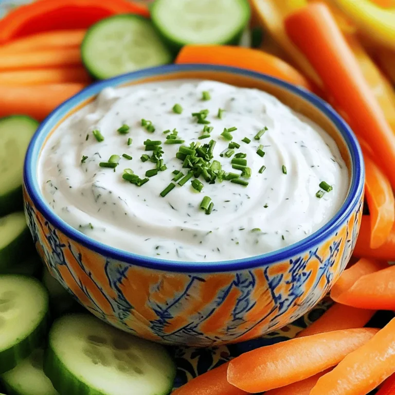 - 1 cup plain Greek yogurt - 1/4 cup mayonnaise - 1 tablespoon fresh lemon juice Greek yogurt is the star of this dip. It gives a thick and creamy texture. I love using plain Greek yogurt because it has a rich taste. Mayonnaise adds a bit of smoothness. The fresh lemon juice brightens the flavor. This mix creates a base that is both tasty and healthy. - 1 teaspoon dried dill - 1 teaspoon garlic powder - 1 teaspoon onion powder - 1/2 teaspoon salt - 1/2 teaspoon black pepper The seasoning is where the magic happens. Dried dill gives a fresh, herby taste. Garlic powder adds depth and a savory kick. Onion powder brings a sweet, tangy flavor. Salt and black pepper round out the taste, making it perfect for dipping. - 1 tablespoon fresh chives, finely chopped - 1 tablespoon fresh parsley, finely chopped Fresh herbs really lift this dip. Chives add a mild onion flavor and a nice crunch. Parsley gives a bright, fresh note. Adding these herbs at the end makes your dip colorful and extra tasty. To start, grab a mixing bowl. First, combine 1 cup of plain Greek yogurt and 1/4 cup of mayonnaise. These two create a creamy base. Mix them together until smooth and creamy. Next, it’s time for flavor! Add in 1 tablespoon of fresh lemon juice, 1 teaspoon of dried dill, 1 teaspoon of garlic powder, 1 teaspoon of onion powder, 1/2 teaspoon of salt, and 1/2 teaspoon of black pepper. Each ingredient adds its own touch to the dip. Now, stir all the ingredients until fully blended. You want a nice and even mixture. Once mixed, taste your dip. Do you want more flavor? Adjust the seasoning if needed. You can add more herbs or salt to suit your taste. After you’re happy with the flavor, cover the dip with plastic wrap. Refrigerate it for at least 30 minutes. Chilling lets the flavors come together. Your Greek yogurt ranch dip will be ready to serve after this time. Enjoy it with fresh veggies or your favorite snacks! Fresh herbs make a huge difference in your dip. I love using fresh chives and parsley. They add color and a burst of flavor. You can also use dill for a more classic ranch taste. Adjust spices to fit your taste. If you like it spicy, add a pinch of cayenne pepper. For a milder dip, reduce the garlic powder. Taste as you go to find your perfect mix. Presentation matters! Serve your Greek Yogurt Ranch Dip in a bright bowl. Sprinkle extra chives or parsley on top for a pop of color. Pair it with fresh veggies like carrot sticks, cucumber slices, and bell peppers. These colors not only look good but also add nutrients. You can also serve it with whole-grain crackers for a crunchy contrast. Greek yogurt is a powerhouse of nutrition. It is high in protein, which helps you feel full. It also has probiotics for gut health. This makes it a great choice over sour cream. Sour cream is often high in fat and calories. Greek yogurt gives you the same creamy texture with fewer calories. Overall, it's a smart swap for a healthier snack. {{image_2}} You can add a kick to your dip. A few dashes of hot sauce create a spicy version. This adds heat and flavor. You can also experiment with herbs. Try parsley, basil, or thyme for fresh tastes. Each herb brings its own unique flavor profile. If you want a dairy-free dip, I have great news! You can swap Greek yogurt with plant-based options. Look for creamy almond or coconut yogurts. They work well and taste great. This way, you can enjoy the dip without dairy. Mixing in other veggies or seasonings can give a twist to your dip. Try adding chopped bell peppers or diced cucumbers. They add crunch and freshness. You can also include spices like paprika or cumin for extra depth. These mix-ins can make your dip even more fun and tasty! To store leftovers of your Greek yogurt ranch dip, place it in an airtight container. This keeps it fresh and prevents strong smells from other foods. If you have a bowl with a lid, that works well too. Always cover your dip tightly. Avoid leaving it out at room temperature for more than two hours. In the fridge, your dip will stay good for about 3 to 5 days. After that, the flavors might fade, and it may not taste as fresh. Always check for any signs of spoilage before using it. If it looks or smells off, it’s best to throw it away. I don’t recommend freezing this dip. Freezing can change the texture of Greek yogurt, making it watery when thawed. So, it’s best enjoyed fresh or within those few days in the fridge. If you ever have too much dip, share it with friends or family for a quick snack! You can enjoy Greek Yogurt Ranch Dip with many tasty items. Here are some great options: - Fresh carrot sticks - Crunchy cucumber slices - Colorful bell pepper strips - Crispy celery sticks - Pita chips - Tortilla chips - Crackers These choices add fun and crunch. They also make for a healthy snack platter. Yes, Greek Yogurt Ranch Dip is gluten-free. The main ingredients, Greek yogurt and fresh herbs, do not contain gluten. However, always check labels on mayonnaise and any packaged items. Some brands may use gluten-containing ingredients. If you have a gluten sensitivity, choose certified gluten-free products. I recommend refrigerating the dip for at least 30 minutes. This time lets the flavors blend and grow. You can chill it longer for even better taste. Just keep it covered to stay fresh. Enjoy your dip cold for the best flavor! Using Greek yogurt, mayo, and fresh herbs, I showed how to make a delicious ranch dip. You learned how to mix, chill, and serve it for the best taste. Remember to adjust spices to fit your taste buds. This dip is not only tasty but also healthier than sour cream. Try different flavors or add veggies to keep it fun. Store leftovers properly to enjoy later. With these tips, you can impress anyone at your next gathering! Enjoy your tasty creation and the smiles it brings.
