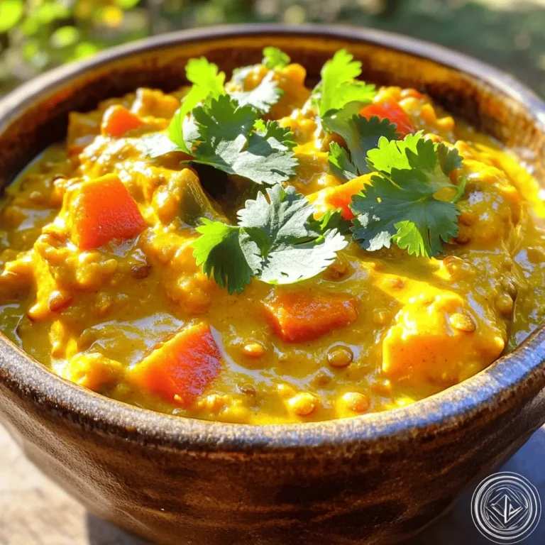 To make a delicious slow cooker pumpkin curry lentil stew, gather these key ingredients: - 1 cup dried green or brown lentils, rinsed - 1 can (15 oz) pumpkin puree (not pie filling) - 1 can (14 oz) coconut milk - 1 medium onion, diced - 2 garlic cloves, minced - 1 tablespoon fresh ginger, grated - 1 red bell pepper, chopped - 2 carrots, sliced - 2 cups vegetable broth - 2 tablespoons red curry paste (adjust to taste) - 1 tablespoon soy sauce (or tamari for gluten-free) - 1 teaspoon turmeric powder - 1 teaspoon cumin - 1 teaspoon cinnamon - Salt and pepper to taste These ingredients work together to create a rich, hearty stew that warms your soul. Lentils provide protein and fiber. Pumpkin puree adds creaminess and flavor. Coconut milk brings a touch of sweetness and richness. You can enhance the stew with some optional garnishes: - Fresh cilantro for garnish - Lime wedges for zest - Chopped green onions These garnishes bring freshness and a pop of color to your bowl. They also balance the flavors of the curry. If you do not have some ingredients, here are smart substitutions: - Use yellow lentils instead of green or brown. - Swap coconut milk for almond milk or cashew cream for a lighter touch. - Replace red bell pepper with yellow or green bell pepper. - For a spicy kick, use jalapeño or chili flakes instead of red curry paste. These substitutions can keep the stew tasty while fitting your pantry needs. Don't hesitate to experiment with what you have! Start by washing your hands. Clean vegetables are key. Dice the onion into small pieces. Chop the red bell pepper into bite-sized chunks. Slice the carrots into rounds. Mince the garlic and grate the ginger. All these flavors will blend well in the stew. Now, take your slow cooker. Add the rinsed lentils first. Then, pour in the pumpkin puree and coconut milk. Next, add the vegetable broth. Toss in the diced onion, minced garlic, grated ginger, chopped bell pepper, and sliced carrots. Mix everything together gently. Stir in the red curry paste. Add the soy sauce, turmeric, cumin, and cinnamon. Mix well to coat everything in those rich flavors. Season with salt and pepper, but remember, it's easier to add more later. Cover the slow cooker. Set it on low for 6 to 8 hours. If you're short on time, choose high for 3 to 4 hours. The lentils will become soft and tasty. Once cooking is done, stir the stew again. Taste and adjust the seasonings if needed. For a creamy touch, blend part of the stew with an immersion blender. Serve hot, and enjoy every bite! To get the best flavor, use fresh ingredients. Fresh garlic and ginger add zest. Always taste the stew before serving. You can adjust the seasonings to your liking. If you want a deeper flavor, add more red curry paste. This gives it a hearty kick. Let the stew cook low and slow. This helps the flavors blend well together. You can easily change the spice levels. If you like heat, add more red curry paste. Start with one tablespoon and taste. If it’s not spicy enough, add more little by little. For a milder stew, use less curry paste or skip it. Adding a bit of sugar helps balance the heat too. To make the stew creamier, blend part of it. Use an immersion blender for a smooth texture. You can also add more coconut milk. This makes it rich and velvety. If you want extra creaminess, stir in a dollop of yogurt before serving. This gives it a nice twist. {{image_2}} You can easily add more veggies to the stew. Try using sweet potatoes, spinach, or kale. These veggies boost the nutrition and add color. Just chop them up and toss them in the slow cooker with the other ingredients. They will soften and blend well with the stew. While I often use green or brown lentils, you can switch to red lentils. They cook faster and add a nice texture. Just remember, red lentils will break down more and make the stew thicker. If you prefer a chunkier stew, stick with green or brown lentils. This recipe is already vegan if you use soy sauce or tamari. For a gluten-free option, always check your curry paste and soy sauce labels. You can also replace coconut milk with another non-dairy milk if you want. Just make sure it is thick enough to give that creamy taste. Once your Slow Cooker Pumpkin Curry Lentil Stew cools, transfer it to a container. Make sure to seal it well. Store it in your fridge for up to five days. Always let the stew cool before you refrigerate it. This helps keep it fresh. You can freeze this stew for later use. First, let it cool completely. Then, pour it into a freezer-safe container. Leave some space at the top for expansion. Seal the container tightly. The stew can last in the freezer for up to three months. When you’re ready to enjoy it, thaw it in the fridge overnight. When you want to eat the stew again, you can reheat it easily. For the best results, use the stove. Pour the stew into a pot over medium heat. Stir it often until it warms up. You can also reheat it in the microwave. Just put it in a microwave-safe bowl and heat for a few minutes. Stir halfway through to warm it evenly. Add a splash of water or broth if it seems too thick. Enjoy your hearty stew! You can serve this stew with rice or quinoa for extra texture. Warm naan bread pairs well too. A simple side salad adds freshness and crunch. You might enjoy a dollop of yogurt on top. This enhances the flavor and adds creaminess. Store leftovers in an airtight container. They can last in the fridge for up to five days. If you want to keep it longer, freeze it. Frozen stew can last for three months. Just remember to thaw it overnight before reheating. Yes, you can make this stew on the stove. Start by sautéing the onion, garlic, and ginger in a pot. Then add the vegetables and lentils. Pour in the coconut milk and vegetable broth. Let it simmer for about 30 to 40 minutes. Stir occasionally until the lentils are tender. This blog post covered all you need for a tasty stew. We explored key ingredients, from main items to fun garnishes. You learned step-by-step instructions for cooking in the slow cooker. Tips and tricks helped enhance the flavor and texture. We also looked at different variations to match your taste. Proper storage info ensures your stew lasts. With these insights, you can make a delicious stew every time. Now, go try this recipe and enjoy!