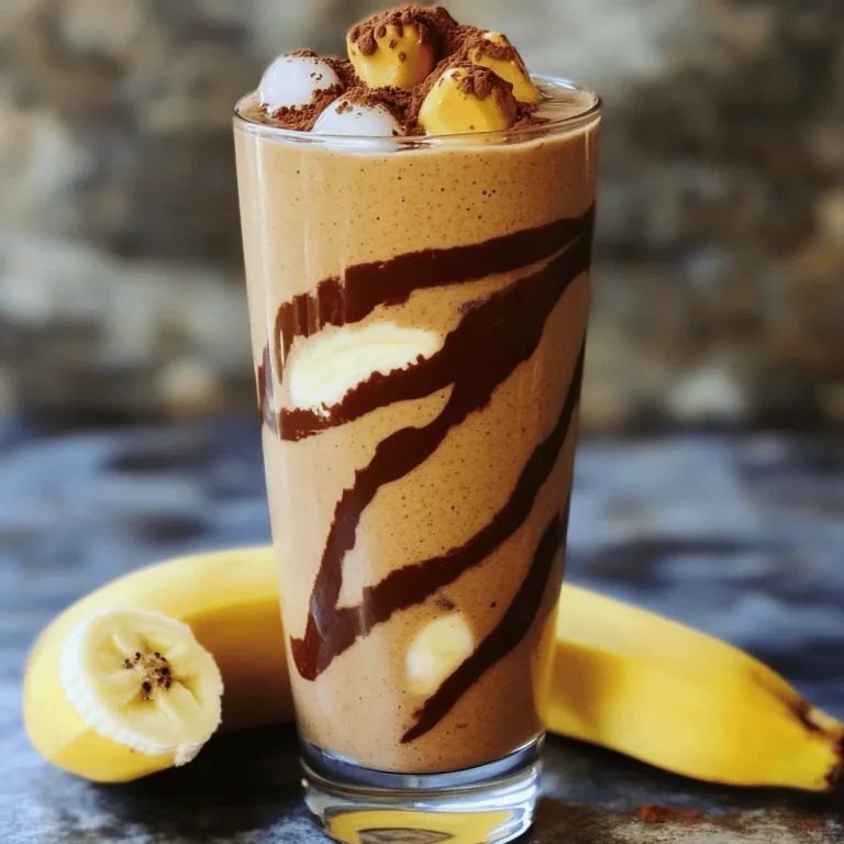 - 1 ripe banana - 2 tablespoons natural peanut butter - 1 scoop chocolate protein powder (plant-based or whey) - 1 cup unsweetened almond milk (or milk of choice) - 1 tablespoon cocoa powder - 1 tablespoon honey or maple syrup (optional for sweetness) - A pinch of salt - Ice cubes (optional, for a thicker smoothie) - Ripe Banana: Bananas add natural sweetness and fiber. They help with digestion and energy. - Natural Peanut Butter: This gives healthy fats and protein. It supports muscle growth and keeps you full. - Chocolate Protein Powder: A great source of protein, it aids in muscle repair and growth. Choose plant-based or whey based on your needs. - Unsweetened Almond Milk: It is low in calories and dairy-free. It offers a creamy texture without added sugars. - Cocoa Powder: Rich in antioxidants, cocoa adds a deep chocolate flavor and can boost your mood. - Honey or Maple Syrup: These are natural sweeteners. They can enhance taste without refined sugar. - Pinch of Salt: A little salt helps balance sweetness and enhances flavor. - Ice Cubes: Adding ice makes your smoothie thicker and extra refreshing. - For peanut butter, I recommend brands like Justin's or Smucker's. They offer pure, natural options. - For protein powder, try Orgain or Optimum Nutrition. Both have great flavors and quality. - Almond milk options include Califia Farms or Silk. They are tasty and creamy. - For cocoa powder, I like Ghirardelli or Hershey's. They provide rich flavor and quality. - Honey can be sourced from local beekeepers or brands like Manuka Doctor. - Maple syrup choices include Grade A or B from brands like Maple Grove Farms. To start, gather your ingredients. You will need: - 1 ripe banana - 2 tablespoons natural peanut butter - 1 scoop chocolate protein powder - 1 cup unsweetened almond milk - 1 tablespoon cocoa powder - 1 tablespoon honey or maple syrup (optional) - A pinch of salt - Ice cubes (optional) Add the banana, peanut butter, protein powder, almond milk, cocoa powder, and salt into your blender. If you want more sweetness, add honey or maple syrup. Blend on high speed for about 30 seconds. Check the texture; it should be smooth and creamy. If you want it thicker, toss in some ice cubes and blend again until you reach your desired thickness. Getting the right texture is key. For a thicker smoothie, use frozen banana slices instead of fresh ones. You can also add more ice cubes for a colder drink. If it seems too thick, pour in a little more almond milk. Blend it again until it is just right. You want a creamy, drinkable smoothie. Pour your smoothie into a tall glass or bowl. Top it off with a sprinkle of cocoa powder or a drizzle of peanut butter for extra flair. You can also add some sliced bananas or chopped nuts on top. Enjoy this smoothie right away for the best flavor. You can even serve it as a fun breakfast or a post-workout treat. You can make this smoothie your own. Try adding spinach for extra greens. You can also use flavored protein powder for a fun twist. Want some crunch? Add chopped nuts or granola on top. You can switch out the banana for avocado. This will give a creamy texture without the banana flavor. If you're vegan, swap honey for maple syrup. You can use a plant-based protein powder too. For nut allergies, try sunflower seed butter instead of peanut butter. You can also use oat milk or coconut milk instead of almond milk. You can prep this smoothie ahead. Just blend all your ingredients and store in the fridge for one day. If you want to keep it longer, freeze it in a jar. When you’re ready, blend it again after thawing. This makes a quick breakfast or snack! {{image_2}} To make a vegan version, swap the protein powder for a plant-based option. Use almond milk as your base. This keeps it creamy and rich. You can also skip the honey and use maple syrup for sweetness. This way, you keep it 100% vegan while still enjoying those yummy flavors. If you don’t have chocolate protein powder, try vanilla or unflavored. You can also use pea protein or hemp protein. These options still give you a protein boost. Just remember, the flavor might change a bit. Adjust the cocoa powder to keep it tasty. Get creative with flavors! Add a tablespoon of chia seeds for a nutty twist. You could also mix in a spoonful of almond butter for extra richness. Want a fruity kick? Toss in some berries! They add color and a fresh taste. You can even try a dash of cinnamon for warmth. There are so many ways to make this smoothie your own! If you have leftover smoothie, pour it into an airtight container. Store it in the fridge. It tastes best within one day. Before drinking, give it a good shake. This helps mix the ingredients again. You can freeze the smoothie too! Pour it into ice cube trays or freezer bags. This makes it easy to grab a portion later. When you want to drink it, let it thaw in the fridge. You can also blend it again for a fresh taste. Most ingredients last a while. Here’s a quick look: - Ripe bananas: 2-3 days on the counter or 6 months in the freezer. - Natural peanut butter: 3-6 months in the pantry, up to a year in the fridge. - Chocolate protein powder: 1-2 years if stored in a cool, dry place. - Almond milk: Unopened, it lasts 7-10 days after the sell-by date; opened, use within 7 days. - Cocoa powder: 2-3 years in a cool, dry spot. - Honey or maple syrup: Indefinite shelf life if stored properly. - Salt: Indefinite shelf life. - Ice cubes: Use within 3-6 months for best quality. Knowing how to store your smoothie and its ingredients helps keep everything fresh. Enjoy every sip! Yes, this smoothie can be a meal replacement. It contains protein, healthy fats, and carbs. The banana provides energy, while peanut butter offers good fats. Adding protein powder boosts the protein content, making it more filling. Absolutely! You can skip the protein powder. The smoothie will still taste great. Just add extra peanut butter or yogurt for protein. You might want to add more banana for texture. To reduce sweetness, skip the honey or maple syrup. You can also use less ripe bananas, as they are sweeter. Adjust the amount of almond milk, too, for a less sweet taste. Peanut butter is rich in protein and healthy fats. It helps keep you full and supports muscle growth. It also has vitamins like E and B. Plus, it contains minerals like magnesium and potassium. Yes, you can use other nut butters! Almond, cashew, or sunflower seed butter work well. Each nut butter has its own flavor and nutrients. Just remember that the taste of the smoothie will change slightly. This blog post covered the best ingredients for your smoothie and their health perks. You learned step-by-step instructions to mix your drink perfectly. The tips showed how to personalize your smoothie to fit your needs. Variations included vegan options and fun flavor combos. Finally, we discussed how to store leftovers and answered common questions. Make smoothies that are tasty and good for you. Enjoy the journey of blending!