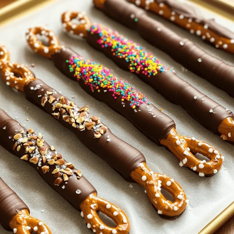 To make chocolate covered pretzel rods, you need a few key items. Gather these: - 12 pretzel rods - 1 cup semi-sweet chocolate chips - 2 tablespoons coconut oil These three ingredients form the base of your treat. The pretzel rods give a nice crunch. The chocolate offers a rich flavor, and coconut oil helps the chocolate melt smoothly. You can personalize your pretzel rods with fun toppings. Here are some ideas: - 1/2 cup crushed nuts (almonds, walnuts, or pecans) - 1/2 cup colorful sprinkles - Sea salt for garnish (optional) Crushed nuts add a savory touch, while sprinkles make it festive. A sprinkle of sea salt brings out the chocolate’s sweetness. Choosing a good chocolate chip matters for great taste. Some brands I recommend are: - Ghirardelli - Nestle Toll House - Guittard These brands melt well and taste fantastic. Always check for quality to get the best flavor for your pretzel rods. First, gather your tools. You need a baking sheet and parchment paper. Line the baking sheet with parchment paper to stop the pretzels from sticking. This step saves you time and mess later. Next, grab a microwave-safe bowl. Add 1 cup of semi-sweet chocolate chips and 2 tablespoons of coconut oil. The coconut oil helps the chocolate melt smoothly. Microwave the bowl in 30-second bursts. Stir the mixture after each time. This keeps the chocolate from burning. When it melts, let it cool for a minute. Now comes the fun part! Take a pretzel rod and dip it into the melted chocolate. Cover about two-thirds of it. Let any extra chocolate drip back into the bowl. After that, roll the chocolate-covered part in crushed nuts or colorful sprinkles. Be sure to coat it well. Place the decorated pretzel rods on the parchment-lined baking sheet. If you like sweet and salty, sprinkle some sea salt on top while the chocolate is still wet. Repeat this for all pretzel rods. Once all the pretzel rods are dipped, it’s time to set them. Place the baking sheet in the fridge for about 30 minutes. This will harden the chocolate completely. After they set, you can serve these treats right away or package them nicely for later. Enjoy your tasty creations! To get smooth chocolate, use semi-sweet chocolate chips. Mix in two tablespoons of coconut oil. The oil helps the chocolate melt better and stay shiny. Microwave in 30-second bursts. Stir after each burst to help it melt evenly. When it is smooth, let it cool for a minute. This will make it easier to dip the pretzels. You can make these rods your own! Use different toppings like crushed nuts or colorful sprinkles. Try almonds, walnuts, or pecans for a nutty crunch. If you want a fun look, use themed sprinkles. You can even drizzle white chocolate on top for a fancy touch. Experiment with flavors by using milk chocolate or dark chocolate instead. If your chocolate is too thick, add a bit more coconut oil. This will help it flow better. If the chocolate won't stick to the pretzel, it may be too cool. You can warm it up a bit in the microwave. If the toppings fall off, press them into the chocolate while it's still wet. This helps them stick better. Always keep an eye on the chocolate as it melts. Overheating will make it clumpy, which is not what you want! {{image_2}} You can change the flavor of your chocolate-covered pretzel rods easily. Instead of semi-sweet chocolate, try milk chocolate for a sweeter taste. White chocolate brings a creamy touch that kids love. Dark chocolate can add a rich flavor that many adults enjoy. Each type of chocolate gives a new twist to this treat. The fun doesn't stop at chocolate! You can use many toppings to dress your pretzel rods. Crushed nuts like almonds, walnuts, or pecans add a crunchy texture. Colorful sprinkles make them festive and fun. You can even use crushed candies like M&Ms or Oreos for extra sweetness. The sky’s the limit when it comes to garnishes! Make your pretzel rods special for any event! For holidays, use red and green sprinkles for Christmas or pastel colors for Easter. For Halloween, dip them in orange chocolate and add spooky sprinkles. At birthday parties, let kids pick their own toppings. You can even customize them for a wedding or baby shower with elegant colors and sprinkles! To keep your chocolate-covered pretzel rods fresh, store them in an airtight container. Place parchment paper between layers to prevent sticking. This method helps maintain their crunch and flavor. Keep the container in a cool, dry spot away from direct sunlight. For the best taste, avoid humidity. Moisture can ruin the chocolate's texture. If your kitchen is warm, consider refrigerating the rods. Just remember to allow them to reach room temperature before serving. This will help the chocolate stay smooth. Chocolate-covered pretzel rods last about two weeks at room temperature. If you want to keep them longer, freeze them. Wrap them well in plastic wrap and then in foil. This helps prevent freezer burn. They can last for up to three months in the freezer. When ready to eat, just thaw them in the fridge for a few hours. Yes, you can make chocolate-covered pretzel rods ahead of time. They stay fresh for a week in an airtight container. Just keep them at room temperature. If you want to store them longer, try freezing them. Just remember to let them thaw before serving. Yes, chocolate-covered pretzel rods can be gluten-free. Make sure to buy pretzels labeled gluten-free. Many brands offer great options. Always check the package to be safe. You can use vegetable oil or butter instead of coconut oil. Both work well for melting chocolate. They help give the chocolate a nice, smooth texture. This ensures a good dip for your pretzel rods. You can find ready-made chocolate-covered pretzel rods at many grocery stores. Look in the snack aisle or the candy section. Specialty candy shops and online retailers also sell them. You now have all the steps to make chocolate-covered pretzel rods. First, gather your ingredients and know what brands to use. Then, follow the step-by-step guide to melt, dip, and decorate. Remember the tips for perfect chocolate and customizing your treat. Explore different flavors and garnishes to make them unique. Store your rods properly to keep them fresh. With this guide, you'll impress yourself and others. Enjoy making and sharing these tasty snacks!