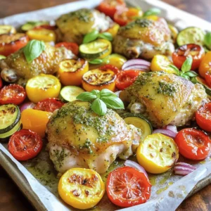 - 4 boneless, skinless chicken thighs - 2 medium zucchinis, sliced into half-moons - 1 red bell pepper, diced - 1 yellow bell pepper, diced - 1 red onion, sliced - 1 cup cherry tomatoes, halved - 3 tablespoons olive oil - Juice and zest of 1 large lemon - 3 cloves garlic, minced - 2 teaspoons dried oregano - 1 teaspoon dried thyme - 1 teaspoon dried rosemary - Salt and pepper to taste - Fresh basil or parsley When I prepare this dish, I choose fresh, high-quality ingredients. They make a big difference in flavor. For the chicken, I prefer thighs. They stay juicy and tender during cooking. The veggies add color and nutrients. I like using zucchini, bell peppers, onions, and cherry tomatoes. The marinade is where the magic happens. I use olive oil for richness. The lemon juice and zest brighten the flavors. Garlic adds a nice kick, while herbs like oregano, thyme, and rosemary bring depth. Salt and pepper enhance everything. For a fresh touch, I like to add basil or parsley as a garnish. It makes the dish look beautiful and adds a pop of flavor. First, preheat your oven to 425&deg;F (220&deg;C). This high heat helps the chicken and veggies cook quickly. Next, line a large sheet pan with parchment paper. This makes cleanup easy and keeps food from sticking. In a large bowl, combine these ingredients: - 3 tablespoons olive oil - Juice and zest of 1 large lemon - 3 cloves garlic, minced - 2 teaspoons dried oregano - 1 teaspoon dried thyme - 1 teaspoon dried rosemary - Salt and pepper to taste Whisk the ingredients together until well mixed. The lemon juice adds a bright flavor that pairs well with the herbs. Add 4 boneless, skinless chicken thighs to the bowl. Make sure each piece is fully coated in the marinade. Let the chicken sit for at least 20 minutes. For more flavor, you can marinate it for several hours in the fridge. While the chicken marinates, prepare the veggies. In another bowl, toss the following: - 2 medium zucchinis, sliced into half-moons - 1 red bell pepper, diced - 1 yellow bell pepper, diced - 1 red onion, sliced - 1 cup cherry tomatoes, halved Drizzle olive oil over the veggies, along with salt and pepper. Toss until everything is evenly coated. Spread the marinated chicken thighs on one side of the sheet pan. Make sure they have space between them for even cooking. On the other side, spread out the seasoned vegetables in a single layer. This layout helps everything cook well. Place the sheet pan in the preheated oven. Roast for 25-30 minutes. The chicken is done when it reaches an internal temperature of 165&deg;F. The veggies should be tender and slightly caramelized. Once finished, remove the pan from the oven and let it rest for about 5 minutes. Optionally, you can squeeze more lemon over the dish for extra brightness. For great taste, marinate the chicken for at least 20 minutes. You can also let it rest in the fridge for several hours. The longer you marinate, the better the flavor. I love using a mix of lemon juice, zest, and herbs. It really brings out the fresh taste. Pick veggies that roast well together. I suggest using zucchini, bell peppers, and cherry tomatoes. These colors and textures create a lovely dish. You can also add carrots or asparagus for more variety. Just make sure to cut them into even sizes. To check if the chicken is cooked, use a meat thermometer. The chicken should reach an internal temperature of 165&deg;F. If you don&rsquo;t have one, cut into the thickest part. The meat should be white, not pink. Let the chicken rest for a few minutes after cooking. This helps keep it juicy and tender. {{image_2}} You can switch up the protein in this dish. Chicken thighs work great, but chicken breasts are leaner. If you prefer a plant-based option, use tofu. Tofu absorbs flavors well. You can also try fish, like salmon or tilapia. Fish cooks faster, so keep an eye on it while roasting. The veggies in this dish are flexible. In spring, add asparagus or snap peas. In summer, try corn or eggplant. Fall brings great choices like butternut squash or Brussels sprouts. Winter calls for hearty greens, like kale or spinach. Using seasonal veggies makes your meal fresh and tasty. You can add more flavor with spices or sauces. For a kick, try red pepper flakes or smoked paprika. You can also mix in a tablespoon of Dijon mustard for a tangy twist. If you love herbs, add fresh thyme or rosemary. Experiment with different flavors to find your favorite mix. To keep your sheet pan lemon herb chicken and veggies fresh, store leftovers in an airtight container. Make sure to refrigerate them within two hours of cooking. This will help prevent bacteria growth. Leftovers can last for up to three days in the fridge. When you&rsquo;re ready to eat, check for any spoilage before reheating. To reheat the dish without drying it out, use the oven or microwave. If using the oven, set it to 350&deg;F (175&deg;C). Place the chicken and veggies on a baking sheet. Add a splash of water or broth to keep moisture. Cover with foil and heat for about 15 minutes. For the microwave, place the chicken and veggies in a bowl. Cover with a damp paper towel and heat in 30-second intervals until warm. If you want to freeze your dish, let it cool completely first. Place portions in freezer-safe bags or containers. Remove as much air as possible to avoid freezer burn. This dish can last up to three months in the freezer. To thaw, move it to the fridge overnight or use the microwave for a quicker option. Always ensure it&rsquo;s heated to 165&deg;F (74&deg;C) before eating. For the best flavor, marinate the chicken for at least 20 minutes. If you have more time, let it sit for several hours in the fridge. This helps the chicken soak up the lemon, garlic, and herbs. More time means more flavor! Yes, you can use frozen chicken thighs. If cooking from frozen, add extra time to your cooking. Make sure the chicken reaches an internal temperature of 165&deg;F. You can also marinate the chicken while it&rsquo;s still frozen. Just allow more time for the marinade to soak in. Roast your vegetables at 425&deg;F (220&deg;C). This temperature helps the veggies get tender and slightly brown. Spread them out in a single layer on the sheet pan. This allows them to cook evenly and get that nice caramelization. Absolutely! You can marinate the chicken and chop the veggies the night before. Store them in the fridge until you&rsquo;re ready to cook. This makes meal time quick and easy. Just pop everything on the sheet pan and roast when you&rsquo;re ready! This blog post detailed how to make a delicious sheet pan chicken dish. We covered the key ingredients like chicken thighs and fresh veggies, plus an easy marinade. The step-by-step instructions make it simple to follow. I shared tips to ensure your chicken cooks perfectly and how to customize with different proteins or veggies. Remember, you can store leftovers well and easily reheat them. Enjoy your cooking and experiment with flavors. You&rsquo;ll create a meal everyone will love.