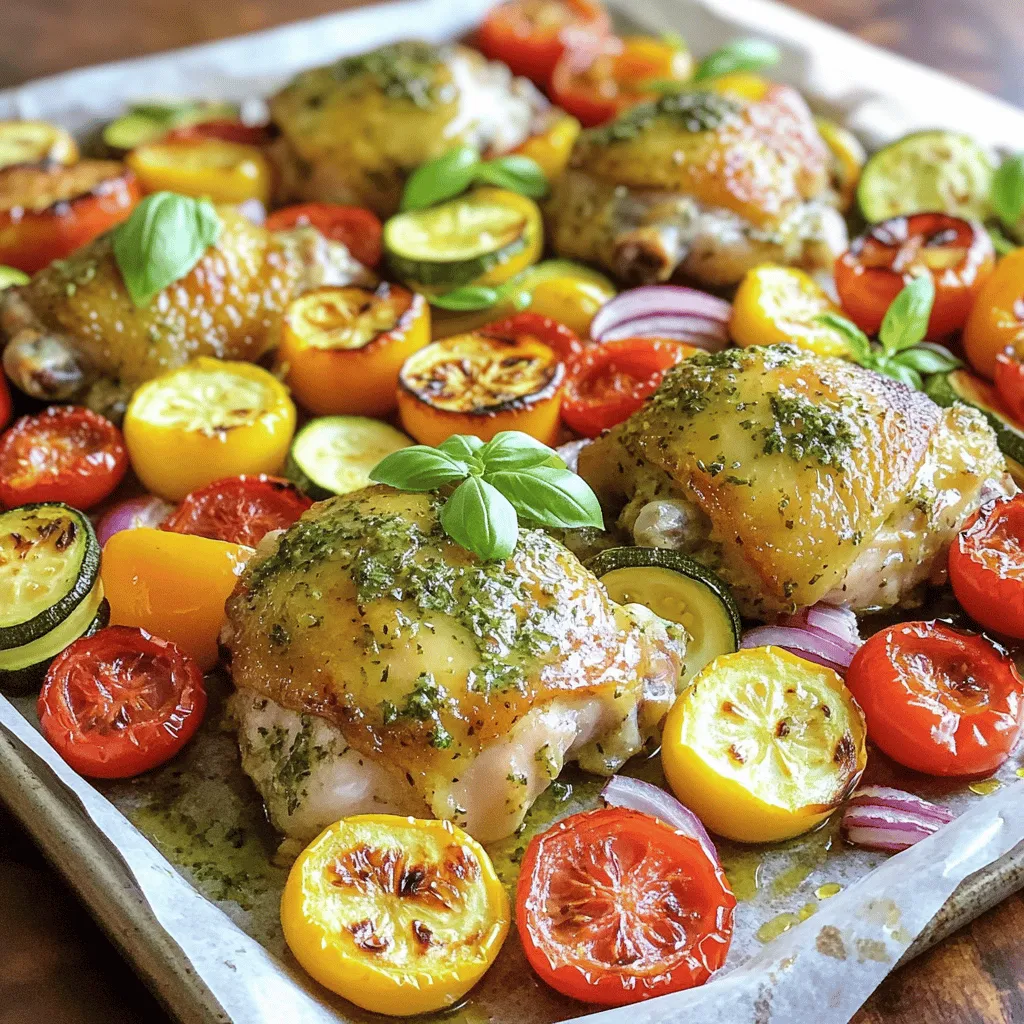- 4 boneless, skinless chicken thighs - 2 medium zucchinis, sliced into half-moons - 1 red bell pepper, diced - 1 yellow bell pepper, diced - 1 red onion, sliced - 1 cup cherry tomatoes, halved - 3 tablespoons olive oil - Juice and zest of 1 large lemon - 3 cloves garlic, minced - 2 teaspoons dried oregano - 1 teaspoon dried thyme - 1 teaspoon dried rosemary - Salt and pepper to taste - Fresh basil or parsley When I prepare this dish, I choose fresh, high-quality ingredients. They make a big difference in flavor. For the chicken, I prefer thighs. They stay juicy and tender during cooking. The veggies add color and nutrients. I like using zucchini, bell peppers, onions, and cherry tomatoes. The marinade is where the magic happens. I use olive oil for richness. The lemon juice and zest brighten the flavors. Garlic adds a nice kick, while herbs like oregano, thyme, and rosemary bring depth. Salt and pepper enhance everything. For a fresh touch, I like to add basil or parsley as a garnish. It makes the dish look beautiful and adds a pop of flavor. First, preheat your oven to 425°F (220°C). This high heat helps the chicken and veggies cook quickly. Next, line a large sheet pan with parchment paper. This makes cleanup easy and keeps food from sticking. In a large bowl, combine these ingredients: - 3 tablespoons olive oil - Juice and zest of 1 large lemon - 3 cloves garlic, minced - 2 teaspoons dried oregano - 1 teaspoon dried thyme - 1 teaspoon dried rosemary - Salt and pepper to taste Whisk the ingredients together until well mixed. The lemon juice adds a bright flavor that pairs well with the herbs. Add 4 boneless, skinless chicken thighs to the bowl. Make sure each piece is fully coated in the marinade. Let the chicken sit for at least 20 minutes. For more flavor, you can marinate it for several hours in the fridge. While the chicken marinates, prepare the veggies. In another bowl, toss the following: - 2 medium zucchinis, sliced into half-moons - 1 red bell pepper, diced - 1 yellow bell pepper, diced - 1 red onion, sliced - 1 cup cherry tomatoes, halved Drizzle olive oil over the veggies, along with salt and pepper. Toss until everything is evenly coated. Spread the marinated chicken thighs on one side of the sheet pan. Make sure they have space between them for even cooking. On the other side, spread out the seasoned vegetables in a single layer. This layout helps everything cook well. Place the sheet pan in the preheated oven. Roast for 25-30 minutes. The chicken is done when it reaches an internal temperature of 165°F. The veggies should be tender and slightly caramelized. Once finished, remove the pan from the oven and let it rest for about 5 minutes. Optionally, you can squeeze more lemon over the dish for extra brightness. For great taste, marinate the chicken for at least 20 minutes. You can also let it rest in the fridge for several hours. The longer you marinate, the better the flavor. I love using a mix of lemon juice, zest, and herbs. It really brings out the fresh taste. Pick veggies that roast well together. I suggest using zucchini, bell peppers, and cherry tomatoes. These colors and textures create a lovely dish. You can also add carrots or asparagus for more variety. Just make sure to cut them into even sizes. To check if the chicken is cooked, use a meat thermometer. The chicken should reach an internal temperature of 165°F. If you don’t have one, cut into the thickest part. The meat should be white, not pink. Let the chicken rest for a few minutes after cooking. This helps keep it juicy and tender. {{image_2}} You can switch up the protein in this dish. Chicken thighs work great, but chicken breasts are leaner. If you prefer a plant-based option, use tofu. Tofu absorbs flavors well. You can also try fish, like salmon or tilapia. Fish cooks faster, so keep an eye on it while roasting. The veggies in this dish are flexible. In spring, add asparagus or snap peas. In summer, try corn or eggplant. Fall brings great choices like butternut squash or Brussels sprouts. Winter calls for hearty greens, like kale or spinach. Using seasonal veggies makes your meal fresh and tasty. You can add more flavor with spices or sauces. For a kick, try red pepper flakes or smoked paprika. You can also mix in a tablespoon of Dijon mustard for a tangy twist. If you love herbs, add fresh thyme or rosemary. Experiment with different flavors to find your favorite mix. To keep your sheet pan lemon herb chicken and veggies fresh, store leftovers in an airtight container. Make sure to refrigerate them within two hours of cooking. This will help prevent bacteria growth. Leftovers can last for up to three days in the fridge. When you’re ready to eat, check for any spoilage before reheating. To reheat the dish without drying it out, use the oven or microwave. If using the oven, set it to 350°F (175°C). Place the chicken and veggies on a baking sheet. Add a splash of water or broth to keep moisture. Cover with foil and heat for about 15 minutes. For the microwave, place the chicken and veggies in a bowl. Cover with a damp paper towel and heat in 30-second intervals until warm. If you want to freeze your dish, let it cool completely first. Place portions in freezer-safe bags or containers. Remove as much air as possible to avoid freezer burn. This dish can last up to three months in the freezer. To thaw, move it to the fridge overnight or use the microwave for a quicker option. Always ensure it’s heated to 165°F (74°C) before eating. For the best flavor, marinate the chicken for at least 20 minutes. If you have more time, let it sit for several hours in the fridge. This helps the chicken soak up the lemon, garlic, and herbs. More time means more flavor! Yes, you can use frozen chicken thighs. If cooking from frozen, add extra time to your cooking. Make sure the chicken reaches an internal temperature of 165°F. You can also marinate the chicken while it’s still frozen. Just allow more time for the marinade to soak in. Roast your vegetables at 425°F (220°C). This temperature helps the veggies get tender and slightly brown. Spread them out in a single layer on the sheet pan. This allows them to cook evenly and get that nice caramelization. Absolutely! You can marinate the chicken and chop the veggies the night before. Store them in the fridge until you’re ready to cook. This makes meal time quick and easy. Just pop everything on the sheet pan and roast when you’re ready! This blog post detailed how to make a delicious sheet pan chicken dish. We covered the key ingredients like chicken thighs and fresh veggies, plus an easy marinade. The step-by-step instructions make it simple to follow. I shared tips to ensure your chicken cooks perfectly and how to customize with different proteins or veggies. Remember, you can store leftovers well and easily reheat them. Enjoy your cooking and experiment with flavors. You’ll create a meal everyone will love.