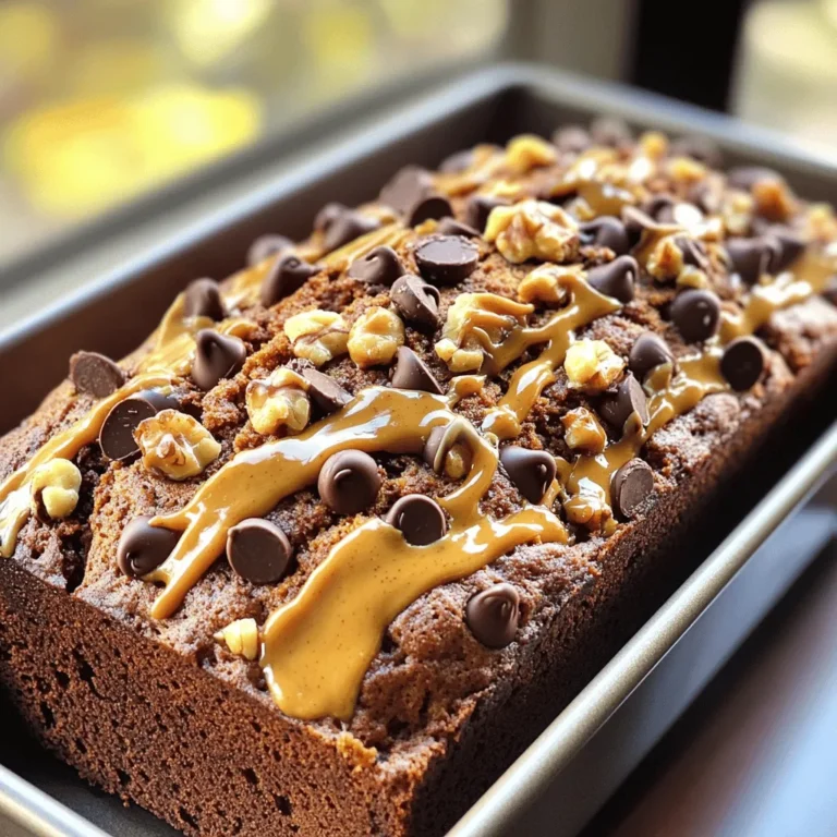 To make Chocolate Peanut Butter Banana Bread, gather the following ingredients: - 3 ripe bananas, mashed - 1/3 cup melted coconut oil - 1/2 cup creamy peanut butter - 1/2 cup brown sugar - 2 large eggs - 1 teaspoon vanilla extract - 1 teaspoon baking soda - 1 pinch of salt - 1 1/2 cups all-purpose flour - 1/2 cup dark chocolate chips - 1/4 cup chopped walnuts (optional) Each ingredient plays an important role in making this bread rich and tasty. Ripe bananas add natural sweetness, while coconut oil gives it a moist texture. Creamy peanut butter brings a nutty flavor that pairs perfectly with chocolate. Brown sugar adds depth to the sweetness. The eggs help bind everything together, while vanilla extract enhances the overall flavor. Baking soda acts as a leavening agent, ensuring the bread rises nicely. A pinch of salt balances the sweetness and highlights all the flavors. All-purpose flour is the base of our bread, giving it structure. Dark chocolate chips provide bursts of chocolatey goodness, and walnuts add a nice crunch if you choose to include them. Gathering these ingredients sets you up for a delightful baking experience. Enjoy the process and the delicious smells that will fill your kitchen! - Preheat your oven to 350°F (175°C) and grease a 9x5-inch loaf pan. - In a large bowl, mash the bananas until smooth. Add the melted coconut oil and mix well. - Stir in the creamy peanut butter until it blends into the banana mixture. - Next, add the brown sugar, eggs, and vanilla extract. Mix until everything is smooth. - In a separate bowl, whisk together the baking soda, salt, and all-purpose flour. - Gradually add the dry mix to the wet ingredients. Stir gently until just combined. A few lumps are okay. - Fold in the dark chocolate chips and chopped walnuts if you like them. - Pour the batter into the greased loaf pan. Use a spatula to smooth the top. - Place the pan in the oven and bake for 50-60 minutes. Check for doneness by inserting a toothpick into the center. - If it comes out clean, your banana bread is ready! - Once baked, let it cool in the pan for about 10 minutes. Then, transfer it to a wire rack to cool completely. To make the best chocolate peanut butter banana bread, pay close attention to a few key factors. - How to avoid over-mixing: Mix the batter gently. When you add the dry ingredients, stir just until you see no more flour. This keeps the bread light and fluffy. A few lumps are fine! - Choosing the right bananas: Use ripe bananas that are spotted and soft. They have more flavor and sweetness. If your bananas are not ripe, place them in a paper bag for a day or two. - Tips for achieving moistness: Coconut oil and peanut butter add moisture. Make sure you measure them accurately. Also, do not bake too long. A toothpick should come out with a few crumbs for perfect moistness. Get creative when serving your chocolate peanut butter banana bread! - Serving with peanut butter and chocolate toppings: You can spread extra peanut butter on warm slices. Add a sprinkle of chocolate chips or chopped walnuts for extra texture and flavor. - Pairing with beverages: This bread goes great with coffee or tea. The rich flavors balance well with a warm drink. You can also enjoy it with a glass of milk for a classic treat. {{image_2}} You can change things up a bit in this recipe! Here are some easy swaps: - Alternative nut butters: You can use almond, cashew, or sunflower seed butter. Each nut butter brings its own taste. Swap them for a fun twist! - Using different types of chocolate: Instead of dark chocolate chips, try milk chocolate or white chocolate. Each type gives a new flavor to the bread. - Gluten-free options: To make this banana bread gluten-free, use almond flour or a gluten-free all-purpose flour blend. Just make sure to check the package for the right measurements. Want to make your banana bread even better? Here are some ideas: - Adding spices such as cinnamon: A sprinkle of cinnamon adds warmth and depth. It pairs well with the banana and chocolate flavors. - Incorporating fruits like blueberries: Blueberries add a burst of flavor and color. Just fold them in with the chocolate chips for a fruity twist. These variations let you make the recipe your own. Enjoy experimenting with your chocolate peanut butter banana bread! To keep your chocolate peanut butter banana bread fresh, follow these tips: - Let the bread cool completely before storing. - Wrap it tightly in plastic wrap or foil. - Place it in an airtight container. - Store at room temperature for up to three days. - For longer storage, keep it in the fridge. Freezing banana bread is simple and great for future treats: - Slice the bread before freezing. - Wrap each slice in plastic wrap, then foil. - Place the wrapped slices in a freezer bag. - Store in the freezer for up to three months. To enjoy later, thaw slices in the fridge overnight. Reheat in the toaster or microwave for a warm treat. Can I substitute ingredients? Yes, you can! Swap coconut oil for melted butter. Use almond butter instead of peanut butter. You can also replace brown sugar with honey or maple syrup. Just keep the same amount for a good mix. How long does this banana bread last? This banana bread lasts about 3 to 4 days at room temperature. For longer storage, keep it in the fridge for up to a week. Wrap it well to keep it fresh and tasty. What’s the best way to know when it’s done? A toothpick is your best friend! Insert it into the center of the bread. If it comes out clean, the bread is ready. If it has batter on it, bake for a few more minutes. What to do if the bread is too dry? If your bread is too dry, try adding a bit of milk or more mashed banana next time. You can also check your oven temperature. It might be too hot, causing the bread to dry out quickly. Fixing overbaking issues If you overbake the bread, slice it while warm. Serve it with butter or yogurt to add moisture. You can also make a banana bread pudding with the leftovers for a sweet treat! You learned how to make delicious banana bread. We covered ingredients, easy steps, and tips to succeed. I shared ways to change flavors and how to store it well. Making banana bread is fun and rewarding. You can enjoy it warm or freeze some for later. With these skills, you’ll impress family and friends. Enjoy baking your banana bread!