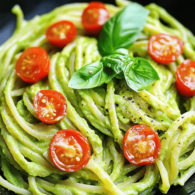 - Ripe avocados (2) - Garlic cloves (2) - Lemon juice (1 tablespoon) - Fresh basil leaves (1/4 cup) - Olive oil (2 tablespoons) - Salt and pepper - Pasta of choice (8 oz spaghetti) - Parmesan cheese (optional, 1/4 cup) - Cherry tomatoes (for garnish) - Extra basil leaves (for garnish) Creamy avocado pasta is simple and tasty. You need just a few fresh ingredients. Start with two ripe avocados. Their rich texture creates the creamy sauce. Next, use two garlic cloves to add flavor. Fresh garlic gives the dish a nice kick. For brightness, add one tablespoon of lemon juice. This helps balance the creaminess. Fresh basil leaves are a must. Use about a quarter cup for a fresh taste. Olive oil adds richness to the sauce. Use two tablespoons for a smooth blend. Always remember to season with salt and pepper to taste. For the pasta, spaghetti works well, but you can choose any type. Eight ounces is enough for four servings. If you love cheese, add grated Parmesan. About a quarter cup will enhance the flavor. Finally, gather cherry tomatoes for garnish. They add color and a fresh bite. Extra basil leaves also make a nice touch on top. With these ingredients ready, you can make a delightful meal that everyone will love. 1. First, fill a large pot with water and bring it to a boil. 2. Add a generous pinch of salt to the boiling water. This adds flavor to the pasta. 3. Next, add 8 ounces of spaghetti to the pot. Cook according to the package instructions until it is al dente. 4. Once the pasta is ready, carefully drain it in a colander. 5. Remember to save about a cup of the pasta water before draining. This water helps make the sauce creamy. 1. While the pasta cooks, take two ripe avocados and cut them in half. Remove the pits. 2. In a food processor, add the avocado flesh, two minced garlic cloves, and one tablespoon of lemon juice. 3. Toss in 1/4 cup of fresh basil leaves and two tablespoons of olive oil. 4. Blend the mixture until it is smooth and creamy. If it feels too thick, you can add a bit of reserved pasta water to your liking. 5. Season the sauce with salt and pepper. 1. Return the drained spaghetti to the pot over low heat. 2. Pour the creamy avocado sauce over the pasta. Toss gently to coat every strand. 3. If you like, sprinkle in 1/4 cup of grated Parmesan cheese and mix it well. 4. Serve your pasta right away. Garnish with halved cherry tomatoes and extra basil leaves for a fresh look. If your avocado sauce is too thick, use pasta water to fix it. After cooking your spaghetti, set aside a cup of the pasta water. When you mix the sauce with the pasta, add a little pasta water at a time. This helps the sauce coat the pasta better. Aim for a smooth and creamy texture that clings to every strand. Want to make your dish even better? Consider adding spices. A pinch of red pepper flakes gives heat. Fresh herbs like cilantro or parsley can add a fresh taste. You can also mix in some lemon zest for brightness. Experiment with these ingredients to find your favorite flavor boost. Different pasta types cook at different speeds. For example, penne or fusilli may need extra time compared to spaghetti. Always check the package instructions. For best results, cook pasta until al dente, so it holds its shape. Adjust your cooking times based on your choice of pasta to ensure it pairs well with the creamy sauce. {{image_2}} You can easily make this dish gluten-free. Simply swap regular pasta for gluten-free pasta. Choices like brown rice pasta or chickpea pasta work great. Cook them just like regular pasta and follow the same steps. Want to make this vegan? Omit the Parmesan cheese and try a plant-based substitute. Nutritional yeast gives a cheesy flavor without dairy. You can also add a splash of almond milk for extra creaminess. This keeps the dish rich and satisfying. To make your creamy avocado pasta even more special, add proteins or veggies. Grilled chicken or shrimp enhances the dish. If you prefer plants, try adding spinach or peas. Cherry tomatoes add a pop of color and taste too. Mix and match to find your favorite combo! Store your creamy avocado pasta in an airtight container. Make sure to cover it well. You can keep it in the fridge for up to three days. The avocado may darken slightly, but it will still taste great. If you see brown spots, just mix it well before serving. To reheat the pasta, use a pan over low heat. Add a splash of water or olive oil to help it stay creamy. Stir gently to warm it through without cooking it again. You can also use a microwave, but cover it to keep moisture in. Heat in short bursts, stirring often for even warmth. You can freeze creamy avocado pasta, but it may change in texture. To freeze, place the pasta in a freezer-safe container. Leave some space at the top for expansion. It stays good for about one month. When you're ready to eat, let it thaw in the fridge overnight. Reheat as mentioned before for the best results. Yes, you can prepare this dish ahead of time. Cook the pasta and make the sauce separately. Store the pasta in an airtight container in the fridge. Keep the avocado sauce in another container. When ready to eat, mix them together. This keeps the pasta fresh and the sauce creamy. To ripen avocados fast, place them in a brown paper bag. Add an apple or banana to speed up the process. The gases from these fruits help avocados ripen quicker. Check them after a day. If they're soft, they're ready to use! Absolutely! You can try parsley, cilantro, or mint. Each herb adds a unique flavor. Parsley gives a fresh taste, while cilantro adds a bit of zest. Mint brings a cool twist. Feel free to mix them for a fun flavor blend! This blog post covers a delicious avocado pasta recipe. We explored key ingredients, from ripe avocados to pasta. I shared simple steps to cook the pasta and make a creamy sauce. Tips showed ways to enhance flavor and ensure perfect texture. We also discussed variations for gluten-free and vegan diets. In closing, I encourage you to try this recipe. It’s easy, healthy, and full of flavor. Enjoy your cooking adventure!