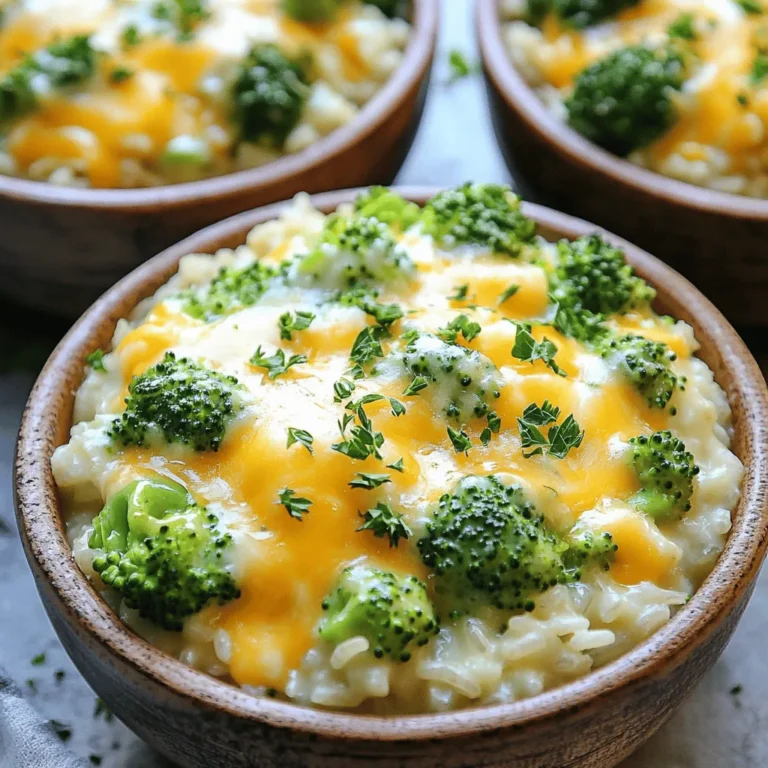 - 2 cups broccoli florets (fresh or frozen) - 1 cup long-grain white rice - 3 cups vegetable broth The main stars of this dish are the broccoli, rice, and vegetable broth. Broccoli adds a nice crunch and color. You can use fresh or frozen, so it's easy to find. Long-grain white rice cooks well in the slow cooker and absorbs all the flavors. The vegetable broth gives a rich taste to the rice and broccoli. - 1 cup shredded cheddar cheese - 1/2 cup cream cheese, softened - 1/2 cup grated Parmesan cheese Cheese is key for this casserole. Cheddar cheese gives it a sharp flavor and melts nicely. Cream cheese makes the dish creamy and rich. Parmesan cheese adds a salty kick. Together, they create a cheesy goodness that makes this casserole irresistible. - 1 small onion, finely chopped - 2 cloves garlic, minced - 1 teaspoon garlic powder - 1 teaspoon onion powder - 1/2 teaspoon black pepper - Salt to taste Flavor is all about the details. Onions and garlic bring depth to every bite. Fresh garlic and garlic powder work together to boost that garlic flavor. Black pepper and salt enhance the taste and balance the dish. These little ingredients make a big difference in flavor. 1. Start by mixing the rice and broth. In a medium bowl, combine 1 cup of long-grain white rice with 3 cups of vegetable broth. Stir until well mixed. This step adds flavor to the rice as it cooks. 2. Next, layer the broccoli in the slow cooker. Place 2 cups of broccoli florets evenly at the bottom of the slow cooker. This creates a nice base for your casserole. 1. Now, prepare the cream cheese mix. In a separate bowl, mix 1/2 cup of softened cream cheese, 2 cloves of minced garlic, 1 small finely chopped onion, 1 teaspoon of garlic powder, 1 teaspoon of onion powder, 1/2 teaspoon of black pepper, and salt to taste. Blend until smooth. This creamy mix is key for flavor. 2. Spoon this mixture over the rice and broccoli layer in the slow cooker. Spread it out gently to cover everything. This helps create an even taste throughout the dish. 1. Cover the slow cooker and set it to low heat. Cook for 3 to 4 hours. Check the rice to ensure it is fully cooked and the liquid is absorbed. 2. Once cooked, add in 1 cup of shredded cheddar cheese and 1/2 cup of grated Parmesan cheese. Stir well to combine. This step makes the casserole cheesy and delicious. 3. Cover the slow cooker again for 10 to 15 minutes. This allows the cheese to melt and become ooey-gooey. 4. Finally, stir gently and taste for seasoning. Adjust with more salt or pepper if needed. Enjoy your warm, cheesy casserole! To ensure your rice is fully cooked, check it after 3 hours. The rice should be soft and fluffy. If you use brown rice, add an extra cup of broth and cook for 4 to 5 hours. This helps the rice absorb enough liquid. If you choose a different rice type, adjust the liquid. For basmati rice, use 2.5 cups of broth. For jasmine rice, stick with the original 3 cups. Each rice type has a unique water need, so this step is key! To boost flavor, add fresh herbs. Chopped parsley or thyme can brighten the dish. You can also sprinkle in some paprika for a warm taste. For a twist, try using smoked cheese instead of cheddar. This adds a rich depth. If you want a creamy alternative, swap out regular cheese for goat cheese. It adds a tangy note that pairs well with broccoli. Each option can change the casserole’s flavor and feel. Garnish your casserole with chopped fresh parsley. This adds color and freshness. You can also sprinkle some extra cheese on top right before serving for a gooey finish. Serve in large bowls for a cozy feel. For a fun twist, layer the casserole in small jars. This makes for a cute presentation at parties. You can even add a sprig of parsley on top for a pop of color! {{image_2}} You can make this dish even better by swapping some ingredients. Try using different cheeses. Gouda or mozzarella can add a nice twist. You can mix things up with vegetables too. Add bell peppers, carrots, or peas for extra color and taste. If you want a vegan version, use dairy-free cream cheese and cheese substitutes. There are many great vegan cheese options available now. Also, for gluten-free needs, make sure your broth is gluten-free. Use gluten-free rice if that’s your choice. Want to add a protein? Chicken, sausage, or even tofu works well. Just cook it first before adding it to the slow cooker. For a spicy kick, drizzle some hot sauce or add jalapeños. These changes can make your casserole exciting and new! To keep your Slow Cooker Cheesy Broccoli Rice Casserole fresh, follow these steps: - Refrigeration tips: Place leftovers in an airtight container. Store in the fridge for up to four days. - Freezing options for long-term storage: For longer storage, freeze in a freezer-safe container. It can last for up to three months. Make sure to label the container with the date. Reheating your casserole is simple. Here are the best methods: - Best methods for reheating: Microwave individual portions on medium heat. Stir every minute until hot. Alternatively, reheat in the oven at 350°F (175°C) for 20-30 minutes. - Maintaining texture and flavor after storage: To keep the creamy texture, add a splash of broth or milk when reheating. This helps restore moisture. Knowing how long your casserole lasts is key. Here’s what to expect: - Expected duration in the refrigerator: In the fridge, expect your casserole to last about four days. - Signs of spoilage to watch for: Look for off smells, mold, or changes in texture. If any signs appear, throw it away to stay safe. Yes, you can use brown rice. Brown rice takes longer to cook. You should increase the cooking time to about 5-6 hours on low heat. Also, add an extra cup of vegetable broth to help it cook through. You have many options here. You can use homemade broth made from veggies. You can also use water with a bit of added salt. Store-bought options include chicken broth or mushroom broth. Each will give a different flavor, so choose what you like best. You can tell it's done when the rice is tender and the liquid is absorbed. The casserole should look creamy and not soupy. To test the rice, take a spoonful and taste it. If it’s soft and cooked, you’re good to go! We covered a simple and tasty slow cooker broccoli cheese casserole. You learned about the main and dairy ingredients, plus all the flavorings. I shared easy cooking steps and key tips to boost taste and avoid mishaps. With fun variations, you can tailor the recipe to suit your needs. Lastly, I included storage tips to keep your leftovers fresh. Remember, this dish is all about creativity and comfort. Enjoy making your casserole, and let it bring smiles to your table!