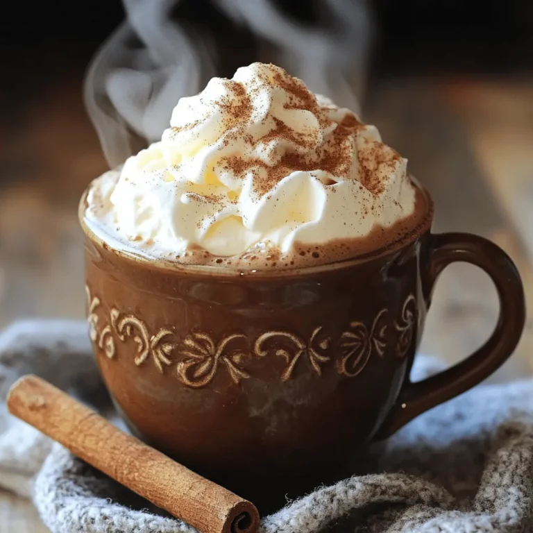 - 2 cups milk (dairy or non-dairy) - 2 tablespoons cocoa powder - 2 tablespoons sugar (adjustable) - 1/2 teaspoon ground cinnamon - 1/4 teaspoon ground ginger - 1/4 teaspoon ground cardamom - 1/4 teaspoon ground cloves - 1/4 teaspoon black pepper (optional for a spicier kick) - Whipped cream or marshmallows - Cinnamon sticks For my Chai Spiced Hot Cocoa, I use simple and easy ingredients. Start with milk, which can be dairy or non-dairy, depending on your taste. I recommend using 2 cups for a rich drink. Next, I add cocoa powder. You need 2 tablespoons to give it that nice chocolate flavor. Sweetness is key too, so I add 2 tablespoons of sugar. You can change this amount to suit your taste. The real magic happens with the spices. Ground cinnamon gives warmth. I use 1/2 teaspoon, but you can add more if you love cinnamon. Ground ginger and ground cardamom each get 1/4 teaspoon for a sweet, spicy kick. I also add 1/4 teaspoon of ground cloves for depth and richness. If you like a bit of heat, try 1/4 teaspoon of black pepper. It’s a bold choice, but I love it! Lastly, don't forget the toppings. Whipped cream or marshmallows make it fun. A cinnamon stick adds flair and flavor. These little touches make your drink special. Enjoy your cozy cup of Chai Spiced Hot Cocoa! To start, pour 2 cups of milk into a small saucepan. You can choose dairy or non-dairy milk, depending on your taste. Heat the milk over medium heat. Watch closely as it warms. The goal is to steam the milk without letting it boil. Once you see steam rising, you are ready to move on. Next, grab a bowl. In this bowl, mix 2 tablespoons of cocoa powder and 2 tablespoons of sugar. Adjust the sugar based on how sweet you want your drink. Now, add the spices: 1/2 teaspoon of ground cinnamon, 1/4 teaspoon of ground ginger, 1/4 teaspoon of ground cardamom, and 1/4 teaspoon of ground cloves. If you like a spicy kick, add 1/4 teaspoon of black pepper. Stir everything together until it blends well. Now that your milk is heated and your cocoa mix is ready, it's time to combine them. Pour the cocoa and spice mixture into the saucepan with the milk. Whisk continuously to dissolve the cocoa powder fully. This helps create a smooth drink. Add 1/2 teaspoon of vanilla extract for extra flavor. Keep heating until the mixture is steaming but not boiling. Finally, remove the saucepan from the heat. Pour the hot cocoa into mugs. You can top it with whipped cream or marshmallows. If you like, add a cinnamon stick for garnish. Enjoy your cozy drink! To make your chai spiced hot cocoa just right, start with sweetness. You can adjust the sugar to match your taste. If you like it sweeter, add more sugar. If you prefer less sweetness, just use a bit less. Remember, the spices also add flavor. So, taste as you mix! For that creamy finish, focus on your whipped cream. Whipping it well makes it light and fluffy. Use cold cream in a cold bowl. Whip until soft peaks form. This means the cream holds its shape but is still smooth. Add some sugar or vanilla to the cream for extra flavor. Presentation matters! Pour your hot cocoa into pretty mugs. Top with a generous dollop of whipped cream or a few marshmallows. If you want to impress, add a cinnamon stick for garnish. This not only looks great but adds a subtle spice as you sip. Enjoy your cozy drink with a cookie or a slice of cake for a perfect treat. {{image_2}} For a dairy-free Chai Spiced Hot Cocoa, you can use alternative milk. Almond milk, oat milk, or coconut milk all work well. Each option brings its unique flavor. Almond milk adds a nutty taste, while oat milk gives a creamy feel. Coconut milk offers a tropical twist. Choose what you enjoy most. You can add extracts or flavored syrups to boost the taste. A splash of peppermint extract can create a fun twist. Caramel or hazelnut syrups also add a sweet touch. Experiment with different flavors to find your favorite mix. Just remember to start with a small amount and adjust as needed. Playing with spice ratios can change the whole drink. If you like more warmth, add extra cinnamon or ginger. For a more complex flavor, try increasing cardamom or cloves. Just keep track of your changes. This way, you can recreate your favorite version again. Don't hesitate to get creative! To store your Chai Spiced Hot Cocoa, let it cool first. Pour it into an airtight container. You can use glass jars or plastic containers. Make sure to seal it tightly. Then, place it in the refrigerator. This helps keep the flavors fresh. When you want to enjoy your leftover cocoa, pour it into a saucepan. Heat it over low to medium heat. Stir it often to keep it from burning. You can also use the microwave. Heat it in short bursts, stirring between each burst. This helps maintain the rich flavor. Your Chai Spiced Hot Cocoa will stay good for about three days in the fridge. After that, the taste may fade. Always check for any changes in smell or texture before drinking. Enjoy it soon for the best flavor and warmth! Chai Spiced Hot Cocoa is a warm, rich drink that blends cocoa with chai spices. You get cozy flavors like cinnamon, ginger, and cardamom. This drink warms you up on chilly days. It has a sweet taste that pairs perfectly with the spices. The result is a comforting treat that makes you feel good inside. Yes, you can easily make this drink vegan. Simply use non-dairy milk instead of regular milk. Almond, oat, or soy milk works well. For sugar, make sure to choose a vegan-friendly option. You can also use maple syrup or agave nectar as sweeteners. This way, everyone can enjoy the drink without any animal products. To give your hot cocoa a kick, add more spices. You can increase the ground cinnamon or ginger for more heat. Try adding a pinch of extra black pepper for a bold flavor. You can also sprinkle in cayenne pepper if you like it really hot. Adjust the spices to fit your taste and enjoy the warmth! This blog post covered the essential ingredients for Chai Spiced Hot Cocoa, including milk, cocoa powder, and spices. We discussed tips for perfecting flavor and texture, plus variations for dietary preferences. You can store leftovers properly and reheat them without losing taste. Enjoy the warmth and comfort this drink brings. So, gather your ingredients and start making your own cozy cup today!