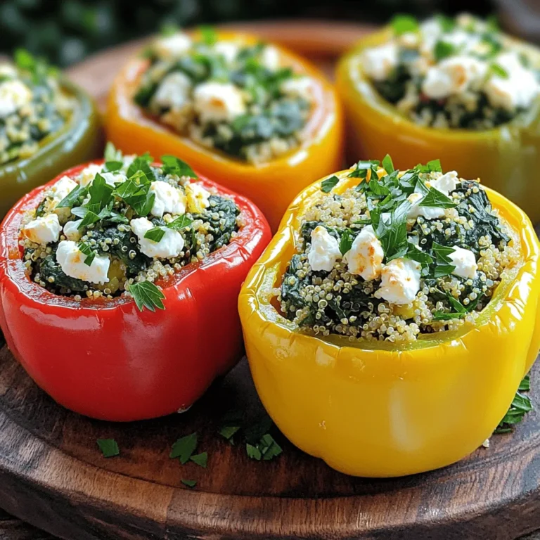 - 4 large bell peppers (any color) - 2 cups fresh spinach, chopped - 1 cup feta cheese, crumbled - 1 cup cooked quinoa (or rice) - 1 small onion, finely chopped - 2 cloves garlic, minced - 1 teaspoon dried oregano - 1 teaspoon olive oil - Salt and pepper to taste - ½ cup marinara sauce (optional) - Fresh parsley, chopped (for garnish) When I make spinach feta stuffed peppers, I love to gather fresh ingredients. You can use any color bell peppers, like red, yellow, or green. They add a nice touch to the dish. The star of this recipe is the fresh spinach. I always chop it finely for even mixing. Feta cheese gives a nice salty flavor, which pairs well with the spinach. Cooked quinoa or rice works well as a base. Quinoa adds protein, making the dish more filling. You can add a small onion and minced garlic for extra flavor. Dried oregano adds an herbal touch that brightens the taste. I use a little olive oil to sauté the onion and garlic until soft. Salt and pepper bring all the flavors together. If you like, you can use marinara sauce for a tangy twist. Finally, fresh parsley makes a great garnish. It adds color and freshness to your plate. You can add other ingredients to make your stuffed peppers unique. Consider adding chopped tomatoes or olives for extra flavor. If you like a bit of heat, diced jalapeños can spice things up. If you're gluten-free, make sure to use rice instead of quinoa. You can also swap feta for a dairy-free cheese if needed. For a lower-carb option, try using cauliflower rice instead of quinoa or rice. 1. Preheat your oven to 375°F (190°C). This makes sure your peppers cook well. 2. Prepare the bell peppers. Cut off the tops and remove seeds and membranes. Set them aside. This step keeps the peppers firm and ready for stuffing. 3. Sauté onions and spinach. In a skillet, heat 1 teaspoon of olive oil over medium heat. Add 1 small finely chopped onion. Cook for 3-4 minutes until it looks clear. 4. Add 2 minced garlic cloves and 2 cups of chopped spinach to the skillet. Cook until the spinach wilts, about 2-3 minutes. This mix adds great flavor to your dish. 1. Combine ingredients in a bowl. In a large bowl, mix the sautéed onions and spinach with 1 cup of cooked quinoa, 1 cup of crumbled feta cheese, and 1 teaspoon of dried oregano. Season with salt and pepper. Make sure to blend well. 2. Pack the mixture into peppers. Stuff each bell pepper with the spinach and feta mixture. Press down gently to pack it in. This ensures every bite is full of flavor. 1. Baking instructions and time. If you like, spread ½ cup of marinara sauce at the bottom of a baking dish. Place the stuffed peppers upright. Drizzle more sauce on top if you want. Cover the dish with foil and bake for 25 minutes. 2. Tips for checking pepper tenderness. After 25 minutes, remove the foil. Bake for another 10 minutes. Check if the peppers are soft by poking them with a fork. If they are tender, they are ready to serve. - Suggested spices and herbs: You can boost the taste with more herbs. Try adding basil or thyme. A pinch of red pepper flakes adds heat. For a zing, use lemon zest. - Incorporating additional vegetables: Feel free to add chopped mushrooms, zucchini, or carrots. They add texture and nutrition. Just sauté them with the onions and garlic. Make sure to cook the quinoa or rice properly. This keeps the filling light and fluffy. When stuffing the peppers, pack the mixture gently. This helps them cook evenly. Covering with foil while baking keeps moisture in. Remove the foil later for a slightly crispy top. Serve the stuffed peppers on a colorful platter. A drizzle of marinara sauce adds a nice touch. Garnish with fresh parsley for a pop of color. Pair them with a simple side salad for a balanced meal. {{image_2}} You can easily make this dish vegetarian or vegan. For a vegetarian meal, simply keep the feta cheese. If you want it vegan, swap feta for tofu or a nut-based cheese. Both options keep the flavor rich and delicious. Adding more veggies like mushrooms or zucchini can boost nutrition too. Feel free to change the grain. Quinoa is great, but rice, barley, or farro work well too. Each grain brings a unique taste and texture. When it comes to cheese, try goat cheese or a dairy-free option. These choices add a twist to the classic flavor. Boost the Mediterranean vibe by adding olives or sun-dried tomatoes. These ingredients add saltiness and depth to the dish. You can also sprinkle fresh herbs like basil or mint on top. These additions can make your stuffed peppers even more vibrant and tasty. To store your leftover spinach feta stuffed peppers, let them cool first. Place them in an airtight container. You can keep them in the fridge for up to four days. If you want to enjoy them later, separate the filling from the peppers to keep them fresh longer. This helps prevent sogginess. When you're ready to eat your leftovers, preheat your oven to 350°F (175°C). Place the peppers in a baking dish. Cover with foil to keep them moist. Heat for about 15-20 minutes or until they are warm throughout. You can also use a microwave, but the oven keeps the peppers from getting too soft. You can freeze spinach feta stuffed peppers for up to three months. To freeze, wrap each pepper in plastic wrap and then place them in a freezer bag. When you want to eat them, thaw in the fridge overnight. Then, bake them at 350°F (175°C) until heated through. This keeps the flavors and textures nice. Yes, you can make spinach feta stuffed peppers ahead of time. Prepare the filling and stuff the peppers. Store them in the fridge for up to 24 hours. When you are ready to bake, just pop them in the oven. This saves time and makes a quick meal. Stuffed peppers pair well with many sides. Here are some great options: - A simple green salad with lemon vinaigrette. - Garlic bread for a crunchy bite. - Steamed vegetables like broccoli or green beans. - A side of quinoa or rice. These sides add color and nutrients to your meal. You can tell the peppers are done baking by their color and texture. They should be tender and slightly wrinkled. You can pierce them with a fork. If it goes in easily, they are ready. Bake them for 25 minutes covered, then 10 more minutes uncovered for the best results. This blog post covers how to make spinach feta stuffed peppers. We discussed the key ingredients, step-by-step instructions, and helpful tips. You can customize the recipe with different grains or vegetables as needed. For best results, store leftovers properly and reheat carefully. Enjoy creating this tasty dish. With the right steps, you'll impress everyone at your table. Happy cooking!