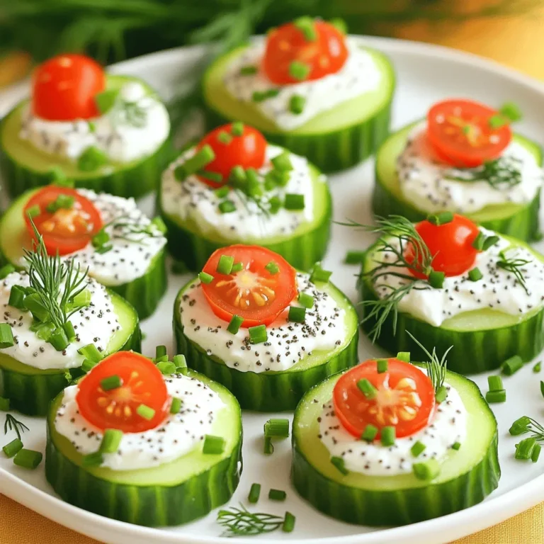 - 1 large cucumber - 4 oz cream cheese, softened - 1/4 cup Greek yogurt - 2 tablespoons fresh chives, finely chopped - 2 tablespoons fresh dill, finely chopped - 1 tablespoon lemon juice - 1 tablespoon Everything Bagel seasoning - Salt and pepper to taste These ingredients create a fresh and tasty snack. The cucumber gives a nice crunch. The cream cheese and Greek yogurt make it creamy and smooth. Fresh herbs like chives and dill add great flavor. Lemon juice adds a zing, while Everything Bagel seasoning ties it all together. - Cherry tomatoes, cut in half for garnish - Alternative seasonings Cherry tomatoes add a pop of color and sweetness. You can also try different seasonings if you like. This keeps the recipe fun and flexible. Experiment with what you have in your pantry! Start with a large cucumber. First, wash it well under cold water. This step ensures you remove any dirt. Next, cut the cucumber into 1-inch thick rounds. Lay the slices flat on a serving platter. This arrangement looks nice and makes serving easy. In a medium bowl, combine 4 ounces of softened cream cheese and 1/4 cup of Greek yogurt. Mix them until smooth and creamy. This blend gives a great texture. Next, add 2 tablespoons each of finely chopped chives and dill. Then, squeeze in 1 tablespoon of fresh lemon juice. Finally, stir in 1 tablespoon of Everything Bagel seasoning. This adds that iconic flavor. Taste the mixture and adjust with salt and pepper if needed. Now, it’s time to put it all together! Use a small spoon or a piping bag to top each cucumber slice with the cream cheese mixture. Make sure to add a generous amount for the best flavor. For a fun touch, you can place half a cherry tomato on top of each cucumber bite. This step adds color and extra taste. After assembling, chill the bites in the fridge for about 30 minutes. This allows the flavors to blend beautifully. How to Achieve the Right Consistency To get the perfect mix, blend the softened cream cheese and Greek yogurt. Make sure they are smooth. If your mix seems too thick, add a bit more yogurt. This adds creaminess and helps the mixture spread easily on your cucumber. Adjusting Flavor Profiles with Seasoning Taste your mixture before you serve it. You can add a pinch of salt or pepper to enhance the flavors. If you want more zing, a splash of lemon juice can brighten it up. Just remember, adjust slowly; you can always add more, but you can’t take it away. Arranging for Visual Appeal Presentation matters! Arrange your cucumber bites in a neat circle on a platter. This makes a lovely display. You can sprinkle extra Everything Bagel seasoning on top. It adds a nice touch and looks great. Optional Additions to Enhance Flavor For a pop of color and taste, top each cucumber bite with half a cherry tomato. This not only adds flavor but also makes the bites more appealing. You can also add small sprigs of fresh herbs for an extra fresh look. Preparing Ingredients in Advance You can prep your ingredients ahead of time. Slice the cucumber and store it in the fridge. You can also mix the cream cheese blend a few hours before serving. Just keep it covered to stay fresh. Shortcuts for Quick Assembly If you're short on time, use a piping bag to top the cucumber rounds. This speeds up the process. You can also use store-bought cream cheese blends with Everything Bagel flavor for a fast option. {{image_2}} You can spice things up with spicy Everything Bagel cucumber bites. Just add some red pepper flakes to the cream cheese mix. This small change brings heat and a nice twist. For a vegan version, try using cashew cream instead of cream cheese. Blend soaked cashews with lemon juice and a bit of water until smooth. Then, mix in Greek yogurt and seasonings. This makes a rich, creamy topping that everyone can enjoy. These cucumber bites work great as a salad topper. Just chop the cucumber into smaller pieces. Then, add the cream cheese mix on top of your favorite greens. It adds flavor and fun to your salad. You can also include these bites on grazing boards. They look bright and colorful among cheeses, crackers, and nuts. This makes your board more appealing and tasty. In summer, you can add fresh vegetables like bell peppers or radishes. Cut them into small pieces and mix them into the cream cheese topping. This creates a refreshing and crunchy bite. For the holidays, make your cucumber bites festive. Try using red and green toppings, like diced peppers or pomegranate seeds. This not only tastes good but also looks beautiful on your table. To keep Everything Bagel Cucumber Bites fresh, store them in the fridge. Use an airtight container to prevent drying out. If you stack them, place parchment paper between layers. This helps keep them fresh and prevents sogginess. You can keep them in the fridge for up to two days. After that, the cucumber may become too soft, and the cream cheese mix can lose its flavor. If you want to prepare these bites for a party, you can make them a few hours ahead. Prepare the cucumber slices and cream cheese mix separately. Then, assemble them just before serving. Do not freeze these bites. The cucumber's texture changes when frozen, and that will ruin the dish. Check your cucumber bites for signs of spoilage. If they smell sour or look slimy, it’s time to toss them. Also, if the cucumber looks discolored or mushy, don’t eat them. Freshness is key for the best taste. Yes, you can make Everything Bagel Cucumber Bites ahead of time. I recommend chilling them for about 30 minutes before serving. You can store them in the fridge for up to 2 hours. This gives the flavors time to blend perfectly. If you want a dairy-free option, try cashew cream or silken tofu. Both will give you a nice creamy texture. You can also use vegan cream cheese if you prefer. To ensure your Everything Bagel Cucumber Bites are gluten-free, check all labels. Use gluten-free cream cheese and yogurt. Most Everything Bagel seasonings are safe, but confirm the ingredients. You can use store-bought Everything Bagel seasoning, or you can make your own. To make it, mix equal parts sesame seeds, poppy seeds, garlic powder, onion flakes, and salt. It's easy and adds a fresh touch! These cucumber bites are a tasty and fun snack. We explored ingredients, steps, and tips to make them great. You learned how to prepare cucumbers and mix cream cheese with yogurt. I shared variations and storage tips too, ensuring freshness and flavor. Consider the options for different diets and occasions. Enjoy serving these bites at your next gathering, knowing they will impress. Simple, tasty, and ready in no time—these are a must-try!
