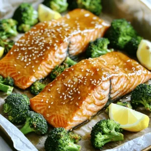- 4 salmon fillets - 1 cup broccoli florets - 1/4 cup pure maple syrup - 2 tablespoons soy sauce (or tamari for gluten-free) - 1 tablespoon Dijon mustard - 1 tablespoon olive oil - 2 cloves garlic, minced - Salt and pepper to taste - 1 teaspoon sesame seeds (for garnish) - Lemon wedges (for serving) Gathering these ingredients makes cooking easy and fun. You can find fresh salmon at most grocery stores. Look for fillets that are bright in color and firm to the touch. Always choose broccoli that is bright green and firm. The maple syrup adds a sweet touch while the soy sauce brings depth. Dijon mustard gives it a nice tang. Fresh garlic adds great flavor, and sesame seeds make for a lovely garnish. I love using lemon wedges on the side. A squeeze of fresh lemon right before eating lifts the flavor. The brightness of lemon works perfectly with the rich salmon and sweet glaze. This simple yet delicious combination makes for a meal that is both healthy and satisfying. Enjoy cooking with these fresh ingredients! First, preheat your oven to 400&deg;F (200&deg;C). This heat helps cook the salmon and broccoli evenly. Next, line a baking sheet with parchment paper. This makes cleanup easy and keeps your food from sticking. In a small bowl, whisk together the following ingredients: - 1/4 cup pure maple syrup - 2 tablespoons soy sauce - 1 tablespoon Dijon mustard - 1 tablespoon olive oil - 2 cloves garlic, minced - Salt and pepper to taste Mix them until smooth. This glaze gives a sweet and savory flavor to the salmon. Now, place the salmon fillets in the middle of your baking sheet. Make sure they have space around them. Brush the salmon generously with the maple glaze. Then, add 1 cup of broccoli florets around the salmon. Drizzle some olive oil on the broccoli and sprinkle salt and pepper over it. This enhances the taste of the veggies. Roast everything in the oven for 12-15 minutes. The salmon should flake easily with a fork when done. Keep an eye on the broccoli; it should be tender but still bright green. For a nice caramelization, broil for an extra 2-3 minutes. Watch closely to avoid burning. This step adds a beautiful finish to your dish. How do I check for doneness? To check if your salmon is done, look for its color. It should turn from a bright pink to a pale orange. The fish should also feel firm to the touch. What does flaking easily with a fork mean? When salmon flakes easily with a fork, it indicates it is cooked. This means you can gently pull apart the fish with a fork. This is a great sign of perfect doneness. If it resists, it needs more time in the oven. Can I precook broccoli for extra tenderness? Yes, you can. Precooking the broccoli makes it softer. To do this, simply steam or blanch it for a few minutes before adding it to the sheet pan. This gives a nice bite and flavor. What alternative seasonings can I use? Try adding lemon zest, garlic powder, or chili flakes for a kick. You can also use Italian herbs like oregano or thyme. These will change the taste, making it fun and new. Why should I serve with lemon wedges? Serving lemon wedges adds freshness. A squeeze of lemon brightens each bite. It helps balance the sweetness of the maple glaze. How can I enhance the flavor with the remaining glaze? Drizzle any leftover glaze over the salmon and broccoli just before serving. This adds extra flavor and makes the dish look beautiful. It&rsquo;s an easy way to impress your guests! {{image_2}} You can swap salmon for chicken fillets or tofu. Both options work well. If you choose chicken, use thin fillets. They will cook evenly with the broccoli. For tofu, press it first to remove extra water. Then, cut it into cubes. Use the same glaze on these proteins for a tasty meal. Feel free to add more vegetables. Carrots, bell peppers, or asparagus are great choices. Cut them into similar sizes as the broccoli. This way, they cook at the same time. You can also use green beans or zucchini for a fresh twist. Each veggie adds its own flavor and nutrition. Want to change the taste? You can add spices or herbs to the glaze. Try ginger for warmth or chili flakes for heat. Fresh herbs like parsley or cilantro can bring freshness. Even a splash of lime juice adds zing. Experiment with flavors to suit your taste. Each change can make the dish exciting and new! To keep your maple glazed salmon fresh, store leftovers in an airtight container. Make sure to let the salmon cool first. Place it in the fridge within two hours of cooking. This helps maintain its taste and texture. Leftovers are best eaten within three days for optimal flavor. When you reheat the salmon, aim for gentle heat. Use the oven for the best results. Preheat your oven to 350&deg;F (175&deg;C). Place the salmon on a baking sheet and cover it with foil. Heat for about 10 minutes or until warm. This method keeps the salmon moist and tasty. You can also use the microwave, but be cautious. Heat in short bursts to avoid drying it out. If you want to freeze your salmon, do so right away. Wrap each fillet in plastic wrap, then place it in a freezer bag. Remove as much air as possible. This helps prevent freezer burn. You can freeze the salmon for up to three months. To reheat, thaw it in the fridge overnight before cooking. Then, follow the reheating instructions for best results. It takes about 12 to 15 minutes to cook salmon on a sheet pan. You want the salmon to flake easily with a fork. The broccoli usually cooks at the same time, making this a quick meal. Yes, you can use other syrups like honey or agave. Each will change the flavor a bit. Honey gives a richer taste, while agave is milder. Try what you like best! Serve your salmon and broccoli with rice or quinoa. A fresh salad pairs nicely too. You can also add roasted potatoes for a heartier meal. Lemon wedges add a nice touch of flavor. Yes, this recipe can be gluten-free. Use tamari instead of soy sauce. Make sure to check all labels for hidden gluten. This way, everyone can enjoy this dish! This blog post covered a simple recipe for maple glazed salmon and broccoli. We discussed ingredients, step-by-step instructions, and tips for perfecting your dish. You learned how to make a glaze, roast your meal, and store leftovers. Keep experimenting with flavors, proteins, and veggies to find your favorite twist. Enjoy this healthy dish tonight, and make it your own! By following these tips, you can ensure a satisfying meal that&rsquo;s both delicious and easy to prepare.