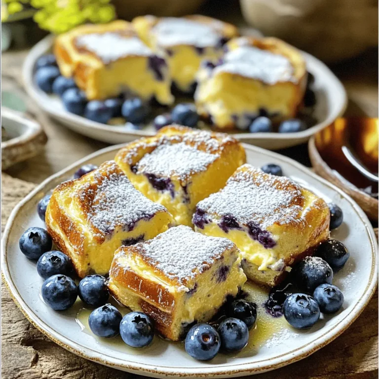 - 1 loaf of challah bread - 2 cups fresh or frozen blueberries - 8 oz cream cheese - 4 large eggs - 2 cups milk - 1/2 cup granulated sugar - 1 teaspoon vanilla extract - 1 teaspoon ground cinnamon - 1/4 teaspoon salt - Zest of 1 lemon - 1/4 cup powdered sugar (for serving) - Maple syrup (for serving) To make Blueberry Cheesecake French Toast Casserole, you need simple, fresh ingredients. Start with a loaf of challah bread. This bread is soft and perfect for soaking up flavors. You can use fresh or frozen blueberries, which add a sweet and tart taste. Cream cheese gives the dish its cheesecake flavor and rich texture. You will also need eggs, which help bind everything together. For the liquid mixture, gather milk, granulated sugar, and vanilla extract. These ingredients add creaminess and sweetness. Ground cinnamon gives warmth and depth to the flavor. A touch of salt balances the sweetness, while lemon zest brightens the whole dish. Lastly, powdered sugar makes a lovely garnish, and maple syrup adds a delicious drizzle on top. With these ingredients, you create a delightful breakfast or brunch dish that everyone will love. - Preheat your oven to 350°F (175°C). This step is key for even baking. - Grease a 9x13-inch baking dish with butter or cooking spray. This helps to prevent sticking. - In a large bowl, beat 8 oz of softened cream cheese until it is smooth and creamy. - Add 4 large eggs one by one, mixing well after each addition. This makes the mixture fluffy. - Pour in 2 cups of milk, 1/2 cup of granulated sugar, 1 teaspoon of vanilla extract, 1 teaspoon of ground cinnamon, 1/4 teaspoon of salt, and zest of 1 lemon. Mix until everything is fully combined. - Place 1 loaf of challah bread, cut into 1-inch cubes, into the greased baking dish. - Gently fold in 2 cups of fresh blueberries. You can use frozen blueberries, but thaw them first. - Pour the cream cheese mixture evenly over the bread and blueberries. Make sure every piece is coated well. - Cover the dish tightly with foil. If you want, you can refrigerate it for at least 30 minutes or overnight. - If you chill it overnight, let the casserole sit at room temperature for 15 minutes before baking. - Bake the casserole covered with foil for 30 minutes. Then, remove the foil and bake for another 15 to 20 minutes. Look for a golden brown top and a set center. - Once done, take it out and let it cool slightly. You can dust it with powdered sugar before serving. Enjoy it warm! - Choosing the right bread: Use challah bread for the best texture. Its soft and fluffy nature absorbs the egg mixture well. If you cannot find challah, brioche is a good option too. - Ensuring even coating of blueberries: Gently fold the blueberries into the bread cubes. This helps spread the berries throughout the dish. Avoid smashing the blueberries to keep them whole and juicy. - Baking tips for a golden brown finish: Bake covered for the first half to keep it moist. Remove the foil for the last 15-20 minutes. This creates a nice golden crust on top. - Best garnishes for presentation: Dust with powdered sugar before serving. Add a few fresh blueberries on top for color. This makes the dish look inviting and fresh. - Pairing with syrup or fruits: Serve with warm maple syrup for sweetness. You can also add sliced bananas or strawberries for extra flavor and texture. - Overmixing the batter: Mix just until combined. Overmixing can make the casserole dense and tough. Aim for a smooth mixture without lumps. - Not allowing it to rest: Let the casserole sit before baking. This helps the bread soak up the mixture. You can refrigerate it overnight for a richer flavor. {{image_2}} You can get creative with the bread. Instead of challah, try brioche or sourdough. Each bread brings a unique taste. For fruits, mix it up with strawberries, raspberries, or peaches. Seasonal fruits add new flavors and colors to your casserole. Spices can boost flavor. A pinch of nutmeg or cardamom brings warmth and depth. You may also consider adding chocolate chips. The sweet chocolate pairs well with blueberries and cream cheese. If you need gluten-free options, use gluten-free bread. Many brands offer tasty choices. For dairy-free, swap cream cheese with a plant-based version and use almond or oat milk. These swaps keep the dish delicious while catering to dietary needs. To store your Blueberry Cheesecake French Toast Casserole, use an airtight container. Place it in the refrigerator for up to three days. If you want to keep it longer, you can freeze it. Wrap it tightly with plastic wrap, then foil. It will last up to three months in the freezer. When you reheat, the best method is the oven. Preheat it to 350°F (175°C). Place the casserole in a baking dish and cover it with foil. Heat for about 20 minutes. This keeps it moist. You can also microwave it on medium heat. Just cover it loosely and check every minute until warm. The casserole stays fresh in the fridge for three days. In the freezer, it can last for three months. For the best taste, eat it within one month of freezing. Always look for signs of spoilage, like off-smells or changes in color. Yes, you can make this casserole ahead of time. Prepare it the night before and place it in the fridge. This gives the bread time to soak up the mixture. Bake it in the morning for a fresh breakfast! If you don’t have challah bread, you can use other types. Brioche or French bread works well too. Just make sure it’s soft and slightly sweet. This will help keep the same delicious taste. Yes, you can use frozen blueberries. Just thaw them first and drain excess water. This ensures they won’t make your casserole soggy. Fresh blueberries are great, but frozen ones work just as well. To avoid sogginess, let the casserole rest after mixing. Also, don’t skip the refrigeration step. This helps the bread absorb the liquid without getting too mushy. Absolutely! You can mix in fruits like strawberries or raspberries. Just remember to keep the same amount so the liquid ratio stays right. This adds more flavor and variety to your dish. Bake the casserole for about 45-50 minutes. Cover it with foil for the first 30 minutes. Remove the foil to let it brown for the last 15-20 minutes. This casserole pairs well with maple syrup and a dusting of powdered sugar. You can also add whipped cream or fresh fruit on the side for extra flavor. Store leftovers in an airtight container in the fridge. They will stay fresh for up to three days. Reheat in the oven or microwave when you’re ready to enjoy again. You now have the tools to create a delicious blueberry challah casserole. We covered the key ingredients, step-by-step instructions, and helpful tips to make it perfect. Remember to choose the right bread and not to overmix the batter. You can also explore various ingredient swaps to keep it exciting. Store your leftovers properly to enjoy them later. With this recipe, breakfast or brunch can become a delightful and easy experience. Now, it's time to bake and enjoy!