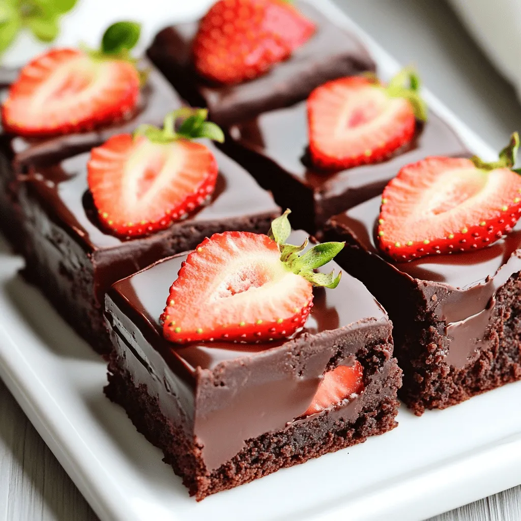 - 1 cup unsalted butter, melted - 2 cups granulated sugar - 1 teaspoon vanilla extract - 4 large eggs - 1 cup all-purpose flour - ½ cup unsweetened cocoa powder - ½ teaspoon baking powder - ¼ teaspoon salt - 1 cup fresh strawberries, hulled and sliced - 1 cup semi-sweet chocolate chips - 1 cup heavy cream When making chocolate covered strawberry brownies, the right ingredients matter. Each part plays a role in creating that perfect treat. - Choosing the best quality chocolate chips: Look for semi-sweet chocolate chips with a rich flavor. Brands with higher cocoa content provide more depth. This enhances the taste of your brownies. - Fresh strawberries vs. frozen strawberries: Fresh strawberries are best for this recipe. They provide a juicy burst of flavor. Frozen strawberries may turn mushy and water your brownies down. - Recommended baking supplies: Use a sturdy mixing bowl and a good whisk. A baking pan lined with parchment helps with easy removal. These tools make your baking process smoother and more enjoyable. Choosing the right ingredients will elevate your dessert. Each item adds to the flavor and texture of your chocolate covered strawberry brownies. Happy baking! - Preheat your oven to 350°F (175°C). Grease a 9x13-inch pan or line it with parchment paper. - In a large bowl, mix melted butter and sugar. Stir until smooth and well combined. - Add eggs and vanilla extract to the mix. Beat until the mixture is creamy and smooth. - Sift the flour, cocoa powder, baking powder, and salt into the bowl. Gently fold until just combined. - Pour the brownie batter into the prepared pan. Spread it evenly across the bottom. - Bake for 25-30 minutes. Check with a toothpick; it should come out with a few moist crumbs. - While brownies bake, prepare the chocolate ganache. Heat heavy cream in a small pot until it simmers. - Remove from heat and stir in chocolate chips. Mix until melted and smooth. Let it cool slightly. - Once brownies cool in the pan, pour ganache on top. Spread it evenly for a nice layer. - Place sliced strawberries on top of the ganache. Press them gently so they stick. - Refrigerate for at least 30 minutes. This helps the ganache set before you cut them. To make the best brownies, avoid common mistakes. Don't overmix the batter. Gently fold in the dry ingredients until just combined. If you mix too long, your brownies can turn out dry. Check for doneness by using a toothpick. Insert it into the center of the brownies. If it comes out with a few moist crumbs, they are ready. Remember, they will continue to cook a bit after you take them out. Cooling is key for the best texture. Let the brownies cool in the pan for about 15 minutes. Then transfer them to a wire rack. This helps them set and keeps them from getting soggy. When serving, presentation matters. Use a white platter to make the brownies pop. Garnish with whole strawberries or a light sprinkle of powdered sugar. This adds a nice touch. Pair the brownies with ice cream or whipped cream. The cold creaminess balances the rich chocolate. Vanilla ice cream works nicely, but feel free to explore other flavors too. Beverage pairings can elevate your dessert. A glass of milk goes great with brownies. For adults, try a rich coffee or a sweet dessert wine. These drinks complement the chocolate flavor well. {{image_2}} You can make these brownies even more fun. Try adding nuts like walnuts or pecans for a crunch. You can also sprinkle on coconut flakes or drizzle caramel for extra flavor. If you want a twist, swap the strawberries for other fruits. Raspberries or bananas work well too. They add a nice touch and keep it fresh. To change the taste, consider infusing flavors. A hint of almond extract or a dash of cinnamon can add warmth. You might also mix in a bit of espresso powder. This will give your brownies a rich depth without being too sweet. You can enjoy these brownies while sticking to your diet. For a gluten-free version, swap all-purpose flour with almond or coconut flour. Make sure to check the packaging to ensure they are gluten-free. If you want a vegan treat, replace eggs with flaxseed meal. Mix one tablespoon of flaxseed with three tablespoons of water. Let it sit until it thickens. Use almond milk instead of heavy cream for the ganache. For those watching sugar, use a sugar substitute in the batter. Many options work well, like stevia or erythritol. They keep the sweetness without the calories. Always check the ratios on the packaging for the best results. To keep your chocolate covered strawberry brownies fresh, store them properly. Use an airtight container to avoid drying out. Place parchment paper between layers if stacking them. This prevents sticking and keeps them nice. - The brownies last up to four days at room temperature. - For longer storage, place them in the fridge for up to a week. - You can also freeze them for up to three months. Wrap each brownie in plastic wrap and then in foil to keep them safe. When you're ready to enjoy a brownie, you may want to reheat it. For the best flavor, use the oven. Preheat to 350°F (175°C). Place the brownies on a baking sheet and warm for about 10 minutes. If you're in a hurry, the microwave works too. Heat on medium power for 15 to 20 seconds. This warms them gently without making them tough. Enjoy your treat warm with the chocolate still gooey! How do I know if my brownies are baked properly? You can check if your brownies are done by inserting a toothpick. If it comes out with a few moist crumbs, they are ready. If it comes out clean, they may be overbaked. Can I make the brownies ahead of time? Yes, you can make the brownies one day ahead. Just store them in an airtight container. This helps the flavors meld and improves the taste. What can I do if I don’t have heavy cream? If you lack heavy cream, use half-and-half or milk with butter. Mix two tablespoons of melted butter with a cup of milk to create a similar texture. What’s the best way to cut brownies? To cut brownies neatly, use a sharp knife. Dip the knife in hot water, wipe it dry, and make your cuts. This method prevents tearing and gives you clean edges. Can I substitute different types of chocolate? Yes, you can use dark chocolate or white chocolate. Just adjust the sugar slightly if you use dark chocolate, as it is less sweet. How should I serve these brownies for a party? For parties, slice brownies into small squares. Serve them on a white platter for a nice contrast. You can also add whole strawberries or a dusting of powdered sugar for decoration. In this blog post, we explored making rich, chocolatey brownies with fresh strawberries. We covered essential ingredients, tips for choosing the best quality, and step-by-step instructions for perfect results. I shared helpful tricks to avoid common mistakes and suggested tasty serving ideas. Whether you're looking for classic flavors or fun variations, these brownies can fit any occasion. With these tips, you can bake delicious brownies that impress everyone. Enjoy your baking journey and the joy these treats bring!