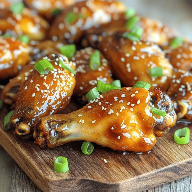 To make sticky honey garlic chicken wings, you will need: - 2 lbs chicken wings, separated into drumettes and flats - 1/2 cup honey - 1/4 cup low sodium soy sauce - 4 cloves garlic, minced - 1 tablespoon grated fresh ginger - 1 tablespoon apple cider vinegar - 1 tablespoon sesame oil - 1 teaspoon red pepper flakes (optional) - Salt and pepper to taste - 1 tablespoon sesame seeds (for garnish) - 2 green onions, thinly sliced (for garnish) The key flavors in these wings come from the honey and soy sauce. Honey adds sweetness, while soy sauce brings a salty depth. Garlic and ginger give a warm, aromatic touch. Each ingredient plays a role in creating that sticky glaze we all love. To boost the flavor, consider adding these: - Fresh herbs like cilantro or parsley for a fresh taste. - A splash of lime juice can add brightness. - Use smoked paprika for a hint of smokiness. - Add more red pepper flakes for extra heat. These optional additions can help you create a dish that suits your taste perfectly! Start by rinsing the chicken wings under cold water. This step keeps the wings clean. Next, pat them dry with paper towels. Dry wings help achieve a crispy texture. After that, season them with salt and pepper. This simple step adds flavor right from the start. In a medium bowl, whisk together the following ingredients: - 1/2 cup honey - 1/4 cup low sodium soy sauce - 4 cloves garlic, minced - 1 tablespoon grated fresh ginger - 1 tablespoon apple cider vinegar - 1 tablespoon sesame oil - 1 teaspoon red pepper flakes (optional) Mix these well until they blend nicely. This sauce is sweet and savory, perfect for the wings. Place the chicken wings in a large resealable bag or bowl. Pour the marinade over the wings. Seal the bag or cover the bowl. Let them sit in the fridge for at least 2 hours, or overnight if you can. This wait allows the flavors to soak in. When you're ready to cook, preheat your oven to 425°F (220°C). Line a baking sheet with aluminum foil and set a wire rack on it. This way, the heat circulates around the wings, helping them cook evenly. Remove the wings from the marinade, shaking off the extra liquid. Arrange them in a single layer on the rack. Save the marinade for later use. Bake the wings for 25-30 minutes until they turn crispy and golden. Flip them halfway through for even cooking. While they bake, pour the reserved marinade into a small saucepan. Bring it to a boil, then lower the heat. Let it simmer for 5-10 minutes until it thickens a bit. Once baked, toss the wings in the thickened glaze. Serve them in a bowl and garnish with sesame seeds and sliced green onions. Enjoy your delicious sticky honey garlic chicken wings! To get that ideal sticky feel, focus on the glaze. When you simmer the reserved marinade, it thickens and coats the wings well. This makes them shiny and sticky. Don't rush this step. Let it simmer slowly to reach the right thickness. Toss the hot wings in the glaze right after baking. This adds a nice layer of flavor. You can cook these wings in many ways. Here are my favorites: - Oven: Preheat to 425°F (220°C). This method gives crispy wings. Use a wire rack on a baking sheet to let air flow around the wings. - Air Fryer: Cook at 375°F (190°C) for 25-30 minutes. This method makes them crispy without much oil. - Grill: Grill over medium heat. This adds a smoky flavor. Make sure to turn them often to avoid burning. Each method gives a delicious result, so pick what you prefer! To make these wings even better, try these tips: - Add Heat: Mix in more red pepper flakes or fresh chili for spice. - Citrus Zest: Add lemon or lime zest to the marinade for a fresh twist. - Herbs: Fresh herbs like cilantro or parsley can brighten the dish. - Toasted Sesame Oil: Use toasted sesame oil instead of regular for a deeper flavor. These simple changes can take your wings from great to amazing! {{image_2}} If you love heat, add red pepper flakes. Use one teaspoon for a mild kick. For extra spice, double the flakes. You can also blend in hot sauce for more flavor. Try Sriracha or your favorite hot sauce. This change turns your wings into a spicy treat. Baking wings gives a crispy texture without extra oil. Bake them at 425°F for best results. This method is simple and healthy. If you prefer frying, heat oil in a large pot. Fry the wings until golden brown. This option is tasty but less healthy. Both methods give great flavors. You can switch up the marinade for new flavors. Try using maple syrup instead of honey for a different sweetness. You can also add citrus juice like lime or orange for freshness. Want a smoky taste? Use smoked soy sauce or add some liquid smoke. These changes can make your wings unique. To keep your sticky honey garlic chicken wings fresh, follow these simple steps: - Let the wings cool down to room temperature. - Place them in an airtight container. - Add a layer of parchment paper between layers to avoid sticking. - Store in the fridge for up to three days. This method preserves their flavor and texture. When you're ready to enjoy leftover wings, reheating them right is key. Here’s how to do it: - Preheat your oven to 375°F (190°C). - Place the wings on a baking sheet lined with foil. - Bake for about 10-15 minutes until they are heated through. - For extra crispiness, broil them for an additional 2-3 minutes. This will help restore their delicious crunch. Freezing is a great way to save extra chicken wings. Here are some do's and don'ts: - Do freeze the wings right after cooking. - Do place them in a single layer on a baking sheet first, then transfer to a freezer-safe bag. - Don't store wings with the glaze on them. This can make them soggy when reheated. - Don't keep them in the freezer for more than three months for best quality. Following these tips will help you enjoy your wings later without losing their yummy taste! Yes, you can make these wings in an air fryer. Start by preheating the air fryer to 400°F (200°C). Prepare the wings as you normally would. After marinating, arrange the wings in a single layer in the air fryer basket. Cook for about 25 minutes, flipping halfway through. This method gives you crispy wings with less oil. Chicken wings pair well with many sides. Here are some tasty options: - Celery sticks - Carrot sticks - Ranch or blue cheese dressing - French fries - Potato wedges - Salad with a light vinaigrette - Garlic bread These sides add crunch and balance the meal. You can also serve them with cold drinks like soda or beer. You can store leftover wings in the fridge for up to four days. Place them in an airtight container to keep them fresh. If you want to keep them longer, freeze them. They can last up to three months in the freezer. Just make sure to reheat them properly to keep them crispy. You now have a clear guide to making sticky honey garlic chicken wings. We covered essential ingredients, step-by-step cooking methods, and tips for that perfect bite. Try different variations to keep meals exciting. Don’t forget the best practices for storage to enjoy leftovers. These simple steps and ideas will help you impress at your next gathering. Dive in, experiment, and enjoy the process of creating delicious wings!