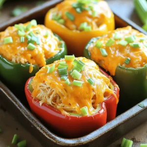 - 4 large bell peppers (any color) - 2 cups cooked chicken, shredded - 1/2 cup buffalo sauce - 1 cup cream cheese, softened - 1 cup shredded cheddar cheese - 1/2 cup celery, diced - 1/4 cup green onions, sliced - Salt and pepper to taste - Cooking spray or olive oil Buffalo chicken stuffed peppers are a great meal. They are colorful, tasty, and easy to make. First, you need four large bell peppers. You can choose any color you like. Red, green, yellow, or orange all work well. Next, you will need cooked chicken. You can use rotisserie chicken or any leftover chicken you have. Shred it into small pieces. Buffalo sauce gives the dish a spicy kick. You can adjust the amount to fit your taste. For creaminess, use softened cream cheese. It blends well with the chicken and buffalo sauce. Don't forget the shredded cheddar cheese! It adds flavor and melts wonderfully on top. You can also add diced celery for crunch and sliced green onions for freshness. Lastly, season with salt and pepper to enhance all the flavors. - Additional sliced green onions - Extra buffalo sauce If you want to make it even better, add some sliced green onions on top. A drizzle of extra buffalo sauce adds more flavor and spice. These ingredients make your dish look and taste amazing! - Preheat the oven to 375&deg;F (190&deg;C). - Cut the tops off the bell peppers. Remove the seeds and membranes. - Lightly coat the peppers with cooking spray or olive oil. Place them upright in a baking dish. - In a large bowl, combine shredded chicken and buffalo sauce. - Add cream cheese, diced celery, sliced green onions, and half of the cheddar cheese. - Mix well until the filling is smooth. Season with salt and pepper to taste. - Fill each pepper with the buffalo chicken mixture. Press it down to pack it in. - Top each stuffed pepper with the remaining cheddar cheese. - Cover the dish with foil and bake for 25 minutes. - Remove the foil and bake for another 10-15 minutes. The peppers should be tender, and the cheese should be bubbly. To make buffalo chicken stuffed peppers shine, adjust the buffalo sauce to fit your taste. If you like it spicy, add more sauce. If you prefer a milder flavor, use less. You can also try adding spices like garlic powder or onion powder to enhance the taste. A sprinkle of smoked paprika gives a nice, smoky kick. To avoid soggy bell peppers, make sure to coat them lightly with cooking spray. This keeps them from absorbing too much moisture. When baking, cover the dish with foil for the first part of cooking. This helps cook the peppers evenly. Remove the foil later to let the cheese brown nicely. For a beautiful display, arrange the stuffed peppers upright on a large platter. Add some colorful veggies around them, like cherry tomatoes or carrot sticks. Pair the peppers with dips like ranch or blue cheese for extra flavor. This not only looks great but also adds a tasty touch for your guests. {{image_2}} You can change some ingredients to fit your taste or needs. If you want an alternative for cream cheese, try using Greek yogurt. It gives a creamy texture with less fat. Another option is cottage cheese. It adds protein and a unique flavor. For cheese, cheddar is great, but feel free to mix it up. You can use Monterey Jack for a milder taste. Pepper Jack adds a spicy kick. Mozzarella will give you a gooey texture. Adding different sauces or spices can change the whole dish. Try ranch dressing for a cool twist. A splash of hot sauce can boost the heat. You can also mix in BBQ sauce for a sweet flavor. For extra nutrition, add diced vegetables. Zucchini or spinach blends well with the chicken. Corn can add a sweet crunch. Just chop them small so they cook evenly. If you need gluten-free options, make sure your sauces are gluten-free. Most buffalo sauces are gluten-free, but always check labels. Use gluten-free cooking spray as well. For a low-carb or keto-friendly meal, skip the cream cheese. Instead, use a mix of shredded cheese and sour cream. This keeps a rich taste without the carbs. Use smaller peppers like mini bell peppers to keep the portion size down. To store leftover stuffed peppers, let them cool first. Place them in an airtight container. You can keep them in the fridge for up to four days. Make sure to separate layers with parchment paper to avoid sticking. If you want to freeze stuffed peppers, you can do it both before and after cooking. For uncooked peppers, stuff them, cover with plastic wrap, and place them in a freezer bag. They will last for up to three months. For cooked peppers, let them cool, then freeze them in an airtight container. They can also last for three months in the freezer. To reheat your stuffed peppers, the oven works best. Preheat it to 350&deg;F (175&deg;C). Place the peppers in a baking dish with a little water. Cover with foil to keep them moist. Heat for about 20 minutes or until warm. You can also use the microwave. Just place a pepper on a plate and heat for 2-3 minutes. Enjoy your meal! Bake these stuffed peppers at 375&deg;F (190&deg;C). Cover them with foil and bake for 25 minutes. After that, remove the foil and bake for 10 to 15 more minutes. The peppers should be tender, and the cheese should be bubbly and golden when done. Yes, you can prep these stuffed peppers ahead. Just prepare the filling and stuff the peppers. Keep them in the fridge until you are ready to bake. This makes for a quick dinner on busy nights. If you prep them the night before, they will save time and taste great. To reheat stuffed peppers, use the oven for the best results. Preheat the oven to 350&deg;F (175&deg;C). Put the stuffed peppers in a baking dish and cover with foil. Bake for about 15 to 20 minutes until heated through. You can also use a microwave. Place them on a microwave-safe plate and heat for 2 to 3 minutes. Just be careful, as the peppers can get hot quickly. Buffalo chicken stuffed peppers combine tasty ingredients and easy steps for a great meal. We went over how to prepare the filling, bake, and serve this dish. You can add your twist with different flavors or garnishes. These stuffed peppers are quick to make and perfect for any day. Enjoy them fresh or save leftovers for later. I hope this guide helps you make a dish your family loves!
