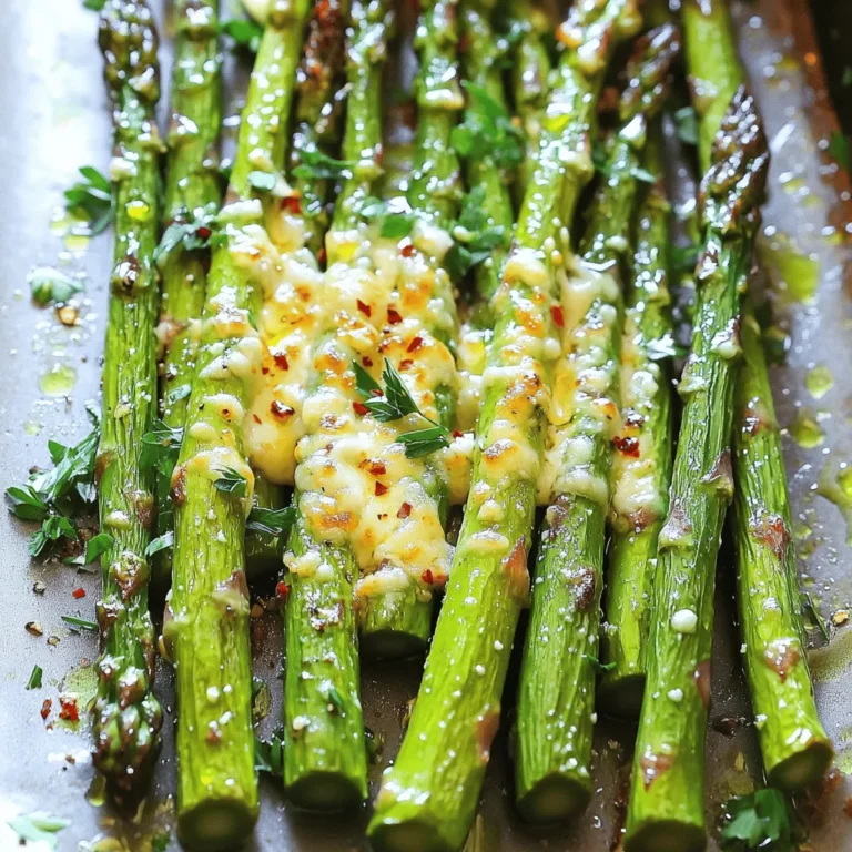 To make Garlic Parmesan Roasted Asparagus, gather these simple ingredients: - 1 lb fresh asparagus, trimmed - 4 cloves garlic, minced - 3 tablespoons olive oil - 1/2 cup grated Parmesan cheese - 1 teaspoon lemon zest - 1/2 teaspoon red pepper flakes (optional) - Salt and pepper to taste - Fresh parsley, chopped (for garnish) When choosing asparagus, look for bright green stalks. They should be firm and straight. The tips must be closed and compact. Avoid asparagus that looks wilted or has soft spots. Fresh asparagus has a sweet, earthy smell. If you can, buy it in season for the best flavor. If you need a substitute for Parmesan cheese, try Pecorino Romano. It has a salty kick. Grated nutritional yeast is a great vegan option. It adds a cheesy flavor without dairy. You can also use a blend of any hard cheese you have on hand. Just keep the cheese grated for the best melt! Start by rinsing the asparagus under cold water. This removes dirt and sand. Next, trim the tough ends. You can do this by bending the asparagus gently. It will snap where it becomes tender. You want to use the best parts for this dish. In a big bowl, add the trimmed asparagus. Then, add the minced garlic and olive oil. Toss it all together well. Make sure the asparagus gets coated evenly. Now, sprinkle the grated Parmesan cheese, lemon zest, red pepper flakes, salt, and pepper over the top. Toss again to mix everything nicely. Spread the asparagus mixture on a baking sheet. Use parchment paper to prevent sticking. Lay the asparagus in a single layer. This helps it cook evenly. Roast in your preheated oven for 15 to 20 minutes. Look for the asparagus to be tender and the cheese to turn golden brown. Remove it from the oven and let it cool for a couple of minutes. Finish by garnishing with fresh parsley. Enjoy your tasty side dish! To get great roasted asparagus, start with fresh spears. Look for bright green color and firm texture. Trim the ends to remove any woody parts. This helps the asparagus cook evenly. Toss the asparagus with garlic and olive oil well. This step ensures every piece gets flavor. Spread the spears in one layer on the baking sheet. This allows hot air to circulate and cook them evenly. Roast for 15-20 minutes until tender and slightly crispy. To boost the flavor, add lemon zest. It gives a bright and fresh taste. You can also sprinkle red pepper flakes for heat. This step adds a nice kick if you like spice. For a unique twist, try adding herbs like thyme or rosemary. Fresh herbs can change the dish's taste completely. You can even mix in some balsamic vinegar before roasting for a sweet touch. Keep an eye on the oven while the asparagus roasts. Every oven is a bit different. Check for tenderness around the 15-minute mark. If they start to brown too much, take them out. Remember, you want them tender but still bright green. If you roast them too long, they can become mushy. Let them cool for a few minutes before serving. This helps keep them crisp and flavorful. {{image_2}} You can customize your Garlic Parmesan Roasted Asparagus with herbs and spices. Try adding fresh thyme or rosemary for a fragrant twist. If you like heat, sprinkle in some cayenne pepper. For a fresh touch, mix in fresh dill or basil after roasting. These flavors blend well with the cheese and garlic. To make this dish vegetarian, you can use nutritional yeast instead of Parmesan cheese. It gives a cheesy flavor without dairy. If you want it vegan, swap the cheese and add a splash of balsamic vinegar for depth. You can also use a vegan Parmesan, found in many stores today. Mixing asparagus with other veggies adds color and taste. Bell peppers and cherry tomatoes roast nicely alongside asparagus. You can also add zucchini or carrots for more crunch. Just make sure to cut them to a similar size so they cook evenly. This mix of veggies makes your dish exciting and nutritious. To store your Garlic Parmesan Roasted Asparagus, let it cool first. Place it in an airtight container. You can keep it in the fridge for up to three days. Avoid stacking the asparagus too high. This way, it stays crispy. If you have leftover cheese, store it separately to prevent sogginess. When you're ready to enjoy the leftovers, preheat your oven to 350°F (175°C). Spread the asparagus on a baking sheet. Bake for about 10 minutes. This helps to bring back the crispiness. You can also microwave it for a quick heat. Just be careful not to overheat. That can make it mushy. Garlic Parmesan Roasted Asparagus lasts about three days in the fridge. If you want to save it longer, freeze it. Wrap it tightly in plastic wrap or foil. Label it with the date. It can last for up to three months in the freezer. When you're ready to eat it, thaw it overnight in the fridge. Then, reheat as described above. Yes, you can use frozen asparagus. Just remember to thaw it first. Frozen asparagus may not get as crispy as fresh. If you use frozen, roast it a bit longer. Aim for about 20-25 minutes. Asparagus is done when it is tender and slightly browned. You can test it by piercing a spear with a fork. If it goes in easily, it’s ready. The cheese should be golden, too. Garlic Parmesan Roasted Asparagus pairs well with many dishes. Try it with grilled chicken or fish. It also goes great with pasta. For a simple meal, add it to a salad. Enjoy it alongside rice or quinoa for a healthy side. In this post, we explored how to make garlic Parmesan roasted asparagus. We covered choosing fresh asparagus and alternatives for cheese. I shared easy prepping and roasting steps, along with tips for perfect results. You learned about flavor boosts and healthy swaps too. Keep these ideas in mind next time you cook. Enjoy the bright flavors and great texture of this dish. Add your twist or pair with your favorite meals for a tasty experience!