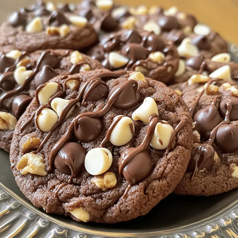 To make these tasty cookies, you will need: - 1 cup unsalted butter, softened - 1 cup brown sugar, packed - 1/2 cup granulated sugar - 2 large eggs - 1 teaspoon vanilla extract - 2 1/4 cups all-purpose flour - 1 teaspoon baking soda - 1/2 teaspoon salt - 1 cup semi-sweet chocolate chips - 1 cup milk chocolate chips - 1/2 cup white chocolate chips - 1/2 cup chopped walnuts (optional) You can add some fun flavors to your cookies. Try using: - 1/2 teaspoon espresso powder for a coffee kick - 1 teaspoon orange zest for a citrus twist - A sprinkle of sea salt on top for added depth These ingredients can make your cookies even more special. Measuring your ingredients correctly is key. Here are some tips: - Use a kitchen scale for precise measurements. - For flour, spoon it into the cup and level it off with a knife. - Always pack brown sugar firmly into the measuring cup. - For sticky ingredients like honey or syrup, spray the cup with cooking spray first. These small steps help ensure your cookies turn out just right. To make the dough, start by preheating your oven to 350°F (175°C). This step is key. It helps your cookies bake evenly. Now, grab a large bowl. Cream together 1 cup of softened unsalted butter, 1 cup of packed brown sugar, and 1/2 cup of granulated sugar. Mix until it looks light and fluffy. This usually takes about 2-3 minutes. Next, add 2 large eggs, one at a time. Mix well after each egg. Then, stir in 1 teaspoon of vanilla extract. In another bowl, whisk together 2 1/4 cups of all-purpose flour, 1 teaspoon of baking soda, and 1/2 teaspoon of salt. This is your dry mix. Slowly add the dry mix to the wet mix. Stir gently until just combined. Do not over-mix; this keeps your cookies soft. Now, it’s time for the fun part! Fold in 1 cup of semi-sweet chocolate chips, 1 cup of milk chocolate chips, and 1/2 cup of white chocolate chips. If you like, add 1/2 cup of chopped walnuts for extra crunch. Ensure that all the chocolate and nuts are evenly spread in the dough. Drop rounded tablespoons of dough onto a lined baking sheet. Space them about 2 inches apart. This gives them room to spread as they bake. Bake in your preheated oven for 10-12 minutes. Look for golden edges but soft centers. They will firm up as they cool, so don’t worry if they seem a bit soft. Keep an eye on them while they bake. Ovens can vary, and you want the best result. When they are done, remove the baking sheet from the oven. Let the cookies cool on the sheet for 5 minutes. This helps them set before you move them. After 5 minutes, carefully transfer the cookies to a wire rack. This step is crucial to keep them from getting soggy. Let them cool completely on the rack. Once cool, you can arrange them on a platter. For a special touch, drizzle some melted chocolate over the top. Enjoy your delicious triple chocolate chip cookies with a glass of cold milk! To keep your cookies fresh, store them in an airtight container. This will seal in moisture and keep them soft. You can also add a slice of bread to the container. The bread will help keep the cookies nice and chewy. If you want to save them for later, place the cookies in the freezer. They can last up to three months in a freezer bag. Just remember to let them thaw at room temperature before enjoying! Baking can be tricky, and some mistakes are easy to make. One common error is over-mixing the dough. This can make your cookies tough. Mix until just combined for the best texture. Another mistake is not measuring your ingredients correctly. Using too much flour can lead to dry cookies. Always use a scale or proper measuring cups. Lastly, don’t skip the cooling time. Letting cookies cool on a wire rack helps them firm up without becoming hard. The right dough consistency is key to great cookies. Your dough should be soft but not sticky. When you mix the wet and dry ingredients, stop once everything is combined. If the dough feels too wet, add a little more flour. If it’s too dry, a splash of milk can help. Once you fold in the chocolate chips, the dough will feel rich and thick. This means it’s ready to scoop and bake! {{image_2}} You can make these cookies gluten-free. Use a gluten-free flour blend instead of all-purpose flour. Look for blends that have xanthan gum. This keeps your cookies soft and chewy. You can also try almond flour or coconut flour. Adjust the amount of flour to get the right texture. To make vegan triple chocolate chip cookies, swap eggs for flaxseed meal. Mix one tablespoon of flaxseed with three tablespoons of water. Let it sit for five minutes before adding. Use coconut oil or vegan butter instead of regular butter. Choose dairy-free chocolate chips for a full vegan treat. Add fun flavors to your cookies! Try adding a teaspoon of espresso powder for a coffee kick. You can mix in a half-cup of peanut butter chips for a nutty taste. Dried fruit like cherries or cranberries can add a sweet twist. Chopped nuts, like pecans or hazelnuts, also give a nice crunch. Freezing cookies is easy and keeps them fresh. First, let your cookies cool completely. This step prevents ice crystals from forming. After they cool, you can freeze them in batches. Place them on a baking sheet in a single layer. Freeze for about an hour. Once solid, transfer them to a freezer-safe bag. Remove as much air as possible. Label the bag with the date. This method helps keep your cookies tasty. To store cookies, choose an airtight container. I like using glass or plastic containers with tight lids. Line the bottom with parchment paper to absorb moisture. If you stack cookies, separate layers with wax paper. This keeps them from sticking together. For longer freshness, you can also add a slice of bread. This trick helps keep cookies soft. You can store baked cookies at room temp for about a week. Keep them in an airtight container. If you freeze them, they last up to three months. Just remember to thaw them in the fridge overnight for the best taste. Enjoy your cookies fresh, chewy, and full of flavor! To make your cookies chewy, use more brown sugar than white sugar. Brown sugar has moisture, which helps keep cookies soft. Chill the cookie dough for at least an hour before baking. This step slows the spread and helps create a chewy texture. Bake them just until the edges turn golden. The centers should look underbaked. They will firm up as they cool. Chocolate chips are small, round pieces made for baking. They hold their shape when baked. Chocolate chunks are larger and have a rustic look. They melt and create gooey pockets in your cookies. Both add great flavor, but they give different textures. You can mix and match them for fun! Yes, you can swap sugars based on what you have. Brown sugar gives a rich flavor and chewy texture. White sugar makes cookies crispier. You can use coconut sugar or maple sugar as alternatives. Just keep the same total amount of sugar. Adjust the taste slightly, but the cookies will still be yummy! You now have all the tools to make delicious Triple Chocolate Chip Cookies. We explored the key ingredients, helpful measuring tips, and step-by-step instructions to make perfect cookies every time. We also shared ways to store and enhance these treats, along with variations for different diets. With these tips, you can avoid common mistakes and enjoy cookies at their best. Remember, the right ingredients and techniques lead to tasty results. Happy baking!
