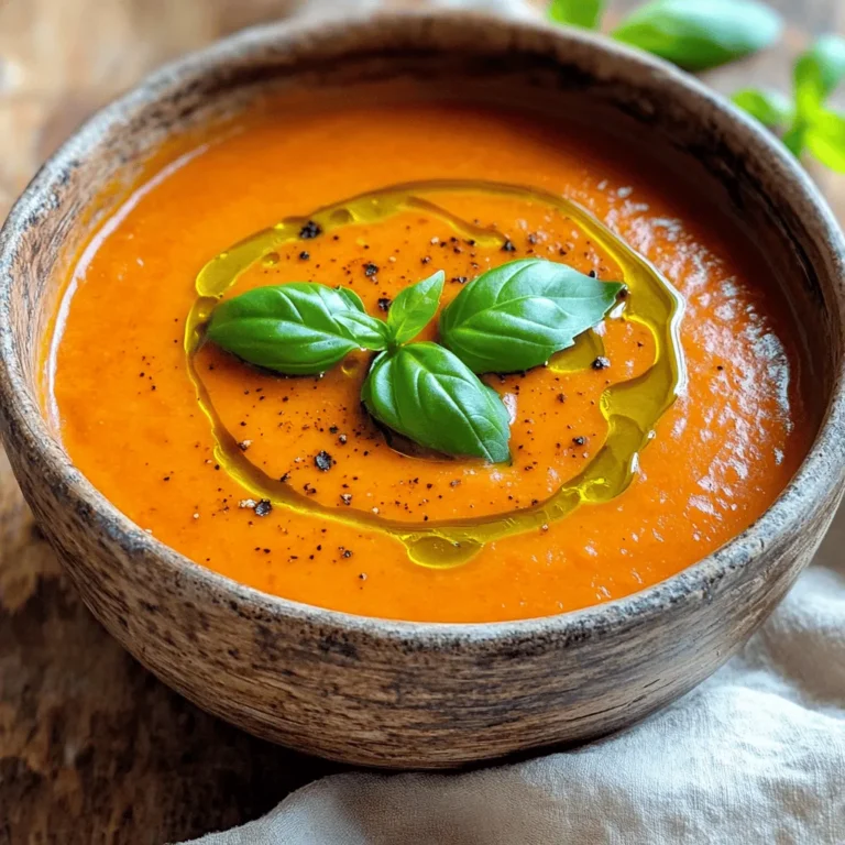 - 4 large red bell peppers - 1 medium onion, chopped - 3 cloves garlic, minced - 2 cups vegetable broth - 1 cup coconut milk (or heavy cream) - 1 tablespoon olive oil - 1 teaspoon smoked paprika - 1 teaspoon dried basil - Salt and pepper to taste - Fresh basil leaves for garnish The ingredients for this creamy roasted red pepper soup are simple yet flavorful. The key players are the red bell peppers. They provide a rich sweetness and a vibrant color. When you roast them, their natural sugars caramelize, enhancing the taste. The onion and garlic add depth. They form a perfect base. Don’t skip the smoked paprika; it gives a warm, smoky flavor. Coconut milk or heavy cream makes the soup silky and creamy. Make sure to have fresh basil on hand for the final touch. It adds a burst of freshness to each bowl. This soup is not just a dish; it’s a cozy experience. 1. Preheat your oven to 400°F (200°C). This step is key for roasting. 2. Cut the red bell peppers in half. Remove all the seeds carefully. 3. Place the peppers skin-side up on a baking sheet. Drizzle with olive oil and season with salt and pepper. 4. Roast the peppers for 25-30 minutes. Watch for the skins to blacken. 5. Once done, take them out and put them in a bowl. Cover with plastic wrap to steam for 10 minutes. This makes peeling easier. 1. In a large pot, heat a tablespoon of olive oil over medium heat. 2. Add the chopped onion first. Sauté until soft and translucent, about 5 minutes. 3. Next, add the minced garlic and cook for an additional minute. Enjoy the aroma! 4. Peel the roasted peppers. Add them to the pot with the sautéed onion and garlic. 5. Stir in the smoked paprika and dried basil. Mix well to combine all the flavors. 1. Pour in the vegetable broth. Bring the mixture to a simmer. Let it cook for about 10 minutes to meld the flavors. 2. Remove the pot from heat. Use an immersion blender to puree the soup until smooth. If you do not have one, transfer in batches to a blender. 3. Stir in the coconut milk. Adjust seasoning with salt and pepper to your liking. 4. If needed, gently reheat the soup. Serve warm and garnish with fresh basil leaves for a lovely touch. Use an immersion blender to make your soup smooth. This tool is easy to use and clean. If you want a creamier soup, adjust the coconut milk based on your taste. You can add more for a richer feel or less for a lighter version. To brighten the soup, add a splash of lemon juice. This small touch makes a big difference. You can also experiment with spices. A dash of cayenne adds heat, while thyme brings earthiness. Try small amounts and adjust to your liking. Garnish your soup with fresh basil for a pop of color. A drizzle of olive oil adds a nice touch too. Serve the soup with crusty bread or crunchy croutons for texture. These simple details make your meal look and taste amazing. {{image_2}} You can switch up the cream in this soup. Use heavy cream for a rich taste. It adds a nice smoothness. If you prefer a nut-based option, try cashew cream. It gives a unique flavor and great creaminess. Both choices make the soup feel luxurious and comforting. To make your soup heartier, consider adding protein. You can stir in cooked chicken for a meaty touch. Chickpeas are another great choice for plant-based protein. They add texture and flavor. You can also serve this soup with a protein-rich side, like a salad or sandwich, to make it a full meal. If you want a vegan version, it’s simple. Just use vegetable broth instead of chicken broth. It tastes just as good! You can also garnish the soup with avocado slices or vegan cheese. These toppings add creaminess and a fresh taste to the soup, making it even more delicious. After you enjoy your creamy roasted red pepper soup, store any leftovers in an airtight container. This keeps it fresh for you. It will stay good in the fridge for up to 4 days. If you want to keep it longer, freeze the soup. It lasts up to 3 months in the freezer. Label the container with the date so you know when to use it. When you are ready to eat the soup again, thaw it overnight in the fridge. This makes reheating easier. You can gently heat the soup on the stove or in the microwave. Stir occasionally to warm it evenly. Just be careful not to boil it, as it can change the texture. For easy reheating, use glass containers. They are safe for both the microwave and the oven. Remember to label and date any frozen portions. This way, you can keep track of what you have. It helps to avoid any waste and ensures you enjoy your soup at its best. You can easily swap coconut milk for heavy cream or any non-dairy milk. This change keeps the soup creamy while offering different flavors. If you use heavy cream, the soup may taste richer. Non-dairy options like almond or oat milk work well, too. Just remember, the taste may shift slightly, but it will still be delicious! Absolutely! This soup stores well in both the fridge and the freezer. If you make it ahead, let it cool before storing. In the fridge, it stays fresh for up to four days. For longer storage, freeze it for up to three months. Just remember to label your containers! This soup pairs nicely with grilled cheese sandwiches or a fresh salad. The crunchy texture of the sandwich contrasts well with the soup's creaminess. You can also serve it with crusty bread for dipping. Adding a side salad brings freshness to the meal. Yes, all ingredients in this soup are gluten-free! Just make sure to check the labels on your vegetable broth. Some brands add gluten, so it’s good to be cautious. Enjoy this soup without worry if you follow these tips! In this article, we explored how to make Creamy Roasted Red Pepper Soup. We covered the main ingredients, easy steps for preparation, and tips to enhance flavor. You learned how to store leftovers and even saw variations for different tastes. Making this soup is simple and rewarding. It’s tasty, healthy, and perfect for any meal. Enjoy making it your own, and don’t forget to share it with loved ones. This delightful recipe brings warmth and comfort to your kitchen. Try it out and savor every spoonful!