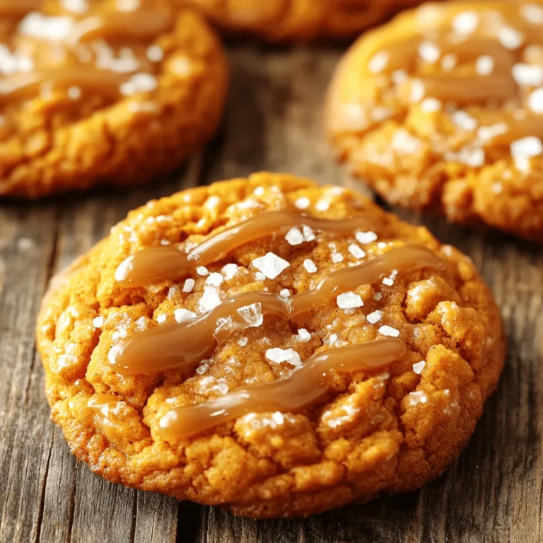 To make the best salted caramel pumpkin cookies, you need a few simple ingredients. Each one adds great flavor and texture. Here’s what you will need: - 1 cup pumpkin puree - 1/2 cup unsalted butter, softened - 1 cup brown sugar, packed - 1/2 cup granulated sugar - 1 large egg - 1 teaspoon vanilla extract - 2 1/2 cups all-purpose flour - 1 teaspoon baking soda - 1 teaspoon baking powder - 1 teaspoon ground cinnamon - 1/2 teaspoon ground ginger - 1/4 teaspoon ground nutmeg - 1/2 teaspoon salt - 1 cup salted caramel sauce (store-bought or homemade) - Sea salt flakes for topping Each ingredient plays a key role in creating a rich, warm flavor. The pumpkin puree brings moisture and a nice sweetness. The butter gives the cookies a tender crumb. Brown sugar adds depth, while granulated sugar helps them spread just right. Eggs act as a binder, and vanilla gives a warm aroma. The flour and leavening agents work together for a perfect rise. Spices like cinnamon, ginger, and nutmeg create that cozy fall vibe. Salt enhances all these flavors. Finally, the salted caramel sauce provides that dreamy finish, while sea salt flakes add a little crunch. Now you are ready to gather these ingredients and start baking. Enjoy the process and the delicious smells that will fill your kitchen! 1. Preheat the oven Set your oven to 350°F (175°C) and line a baking sheet with parchment paper. This step is key for even baking. 2. Creaming the butter and sugars In a large bowl, mix the softened butter with brown sugar and granulated sugar. Beat for 2-3 minutes until it becomes light and fluffy. This step adds air, which makes the cookies soft. 3. Mixing in wet ingredients Add the pumpkin puree, egg, and vanilla extract to the creamed mixture. Mix until everything is well combined. The pumpkin will give your cookies moisture and flavor. 4. Combining dry ingredients In another bowl, whisk together the flour, baking soda, baking powder, spices, and salt. This mix will help the cookies rise and adds warmth. 5. Folding in salted caramel sauce Gently fold the salted caramel sauce into the wet mixture. Make sure it is evenly mixed in. This is where the magic happens, adding a rich flavor to each bite. 6. Shaping and placing on baking sheet Use a cookie scoop or tablespoon to drop rounded balls of dough onto the prepared baking sheet, about 2 inches apart. Spacing is important for even baking. 7. Baking time and cooling process Bake the cookies for 10-12 minutes. The edges should be golden, while the centers may look a bit soft. Let them cool on the baking sheet for about 5 minutes before moving them to a wire rack. This helps them hold their shape while cooling. Enjoy the sweet and salty burst of flavor with each bite of these dreamy cookies! - Achieving the right texture: Start with softened butter. Cream it well with the sugars. This helps create a light, fluffy mix. Use the right amount of flour; too much makes cookies dry. The dough should be soft but not sticky. - Substituting ingredients: You can swap unsalted butter for coconut oil. If you prefer a lighter cookie, use half the brown sugar and add a bit more granulated sugar. For a richer flavor, mix in some chocolate chips or nuts. - Ensuring proper mixing techniques: Mix the wet ingredients well before adding dry ones. This helps blend flavors. When adding dry ingredients, stir gently. Overmixing can lead to tough cookies. You want to keep it light and airy. - Overmixing the dough: This can make your cookies tough. Mix just until you see no dry flour. It’s okay if the dough looks a bit lumpy. Remember, less is more. - Not measuring ingredients accurately: Use measuring cups and spoons for precision. Too much flour can dry out the cookies. Always level off dry ingredients. For liquids, use clear measuring cups to see the amount. Accurate measurements ensure delicious cookies every time. {{image_2}} You can make these cookies your own by adding nuts or chocolate chips. Nuts like pecans or walnuts add a nice crunch. Chocolate chips bring rich sweetness. Both options enhance the cookie's texture and flavor. You can also try different spices. For example, add cloves or allspice for extra warmth. You could even swap cinnamon for pumpkin pie spice. Each spice brings its own character to the cookies. If you're looking for gluten-free options, use almond flour or a gluten-free blend. These alternatives keep the cookies soft and delicious. Just make sure to check your baking powder, as some contain gluten. For vegan alternatives, replace the egg with a flaxseed meal mix. Use coconut oil instead of butter for a rich flavor. Also, make sure your caramel sauce is vegan. These swaps keep the cookies tasty and suitable for everyone. You can store your salted caramel pumpkin cookies at room temperature. Place them in an airtight container. This keeps them soft and fresh. If you want to keep them longer, you can refrigerate them. Just make sure to seal them well to prevent drying out. For even longer storage, consider freezing the cookies. Wrap them tightly in plastic wrap, then place them in a freezer bag. This helps lock in their flavor and texture. These cookies are best for about one week when stored at room temperature. In the fridge, they can last up to two weeks. If you freeze them, they can stay good for about three months. Just remember to let them thaw before enjoying. The flavors will still shine through, making them a perfect treat anytime! To make your cookies softer, use room-temperature butter. Cream it well with sugars. Add an extra egg yolk for moisture. Bake for a shorter time. Do not overbake! Check them at 10 minutes. They should look slightly underbaked. They'll firm up as they cool. Yes, you can use fresh pumpkin! Just cook and mash it first. Make sure it is smooth and not too watery. Drain extra liquid if needed. Canned pumpkin is often easier. It saves time and ensures proper texture. You can use regular caramel sauce if you want. Add a pinch of sea salt to mimic the flavor. For a healthier option, try maple syrup. It won't be as rich, but it adds sweetness. You can also make a quick homemade version with sugar and cream. This blog post covered how to make delicious pumpkin cookies. We talked about key ingredients like pumpkin puree and salted caramel. You learned step-by-step instructions for mixing and baking. I shared tips for perfecting texture and common mistakes to avoid. You also discovered cool flavor variations and storage tips. Remember, baking is all about having fun. Enjoy experimenting and make these cookies your own!