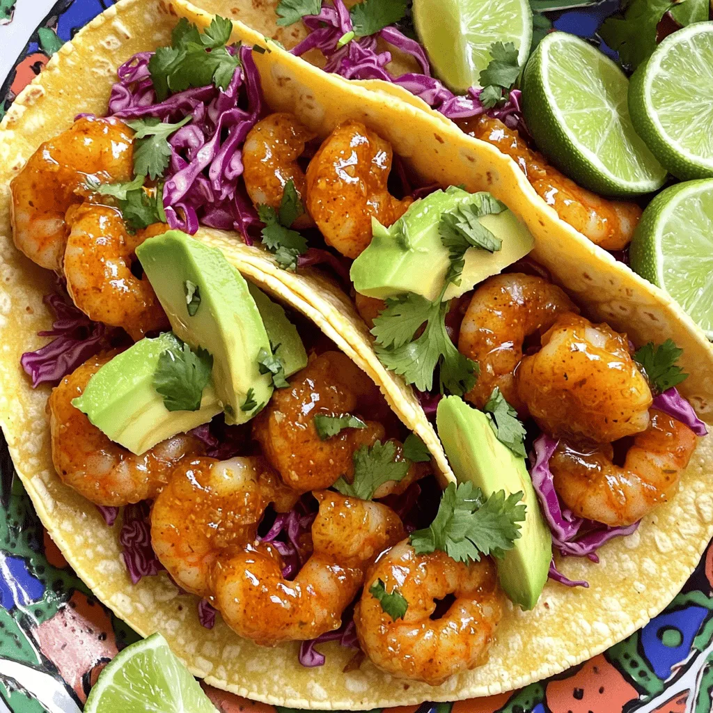 To make sweet chili garlic shrimp tacos, you need some key items. Here’s what to gather: - 1 pound large shrimp, peeled and deveined - 2 tablespoons sweet chili sauce - 2 cloves garlic, minced - 1 tablespoon olive oil - 1 teaspoon lime juice - Salt and pepper to taste - 4 small corn tortillas - 1 cup shredded red cabbage - 1/2 avocado, sliced - Fresh cilantro for garnish - Lime wedges for serving These ingredients give the tacos a sweet and savory taste. The shrimp adds a nice texture. The sweet chili sauce and garlic create a flavorful marinade that makes the shrimp shine. You can also add extra toppings to make your tacos even better. Here are some ideas: - Diced tomatoes - Sliced jalapeños - Sour cream or Greek yogurt - Crumbled queso fresco - Radish slices These toppings can give your tacos a fun twist. Each adds its own flavor and crunch, so mix and match as you like! To prepare these tasty tacos, you need a few simple tools: - Mixing bowl for marinating shrimp - Large skillet for cooking shrimp - Tongs to flip the shrimp - Spatula for serving - Small plates for assembling tacos Having these tools ready helps speed up your cooking time. You can easily make these tacos in just 15 minutes! First, get a bowl. Add 1 pound of shrimp, 2 tablespoons of sweet chili sauce, and 2 cloves of minced garlic. Drizzle in 1 tablespoon of olive oil and 1 teaspoon of lime juice. Now, sprinkle salt and pepper to taste. Toss everything well to coat the shrimp. Let them sit for about 5 minutes. This step really helps the flavors mix. Next, heat a large skillet over medium-high heat. When it is hot, add the marinated shrimp in a single layer. Cook for 2-3 minutes on one side. You will see them start to turn pink. Now, flip each shrimp and cook for another 2 minutes. They should turn fully cooked and opaque. Once done, take them off the heat. Now, it’s time for the tortillas. Grab 4 small corn tortillas. Warm them in a dry skillet for a few seconds on each side. You want them just pliable. This makes them easier to fold later. Now, let’s build your tacos! Start by placing a handful of shredded red cabbage in each tortilla. Then, add 3-4 shrimp on top. Slice half an avocado and place some slices in each taco. Finally, sprinkle fresh cilantro over everything. Serve your tacos right away with lime wedges on the side. This adds a zesty kick! You can make these tacos unique. Start by changing the sauce. Try using sriracha for heat or a mango salsa for sweetness. You can also mix in some diced jalapeños for a spicy kick. Want more crunch? Add sliced radishes or cucumber. If you love cheese, sprinkle some queso fresco on top. Your taco, your rules! To cook shrimp well, focus on timing. Heat your skillet until it's hot. This helps the shrimp sear nicely. Don’t overcrowd the pan; cook in batches if needed. This keeps the shrimp juicy and tender. Watch closely; shrimp cooks fast. When they are pink and opaque, they are done. This usually takes 4 to 5 minutes. Make your tacos look great to impress your guests. Use a bright platter to serve them. Arrange lime wedges around the tacos for color. You can drizzle some extra sweet chili sauce on top for flair. Finally, add a sprinkle of fresh cilantro for a pop of green. These small touches make a big difference! {{image_2}} You can switch shrimp for other proteins. Chicken, fish, or tofu work well. For chicken, use bite-sized pieces and marinate the same way. For fish, try a white fish like tilapia or cod. Tofu can be cubed and pressed to remove extra water. Each protein absorbs the sweet chili sauce nicely. Feel free to mix up the sauce. Try using sriracha for heat or teriyaki for sweetness. A yogurt sauce adds creaminess and balances the spice. For a zesty twist, blend lime juice and mayonnaise. Each option gives a unique taste while keeping the tacos fun and fresh. If you can't find corn tortillas, you have options. Flour tortillas are a great substitute. Lettuce wraps make a low-carb choice. You can also use cabbage leaves for a crunchy bite. Each option offers a different texture and flavor to your tacos. To store leftover shrimp tacos, first, separate the shrimp from the tortillas. Place the shrimp in a container with a tight lid. Use parchment paper between layers to keep them fresh. Store the tortillas in a different container. Make sure to seal them well to avoid drying out. Keep everything in the fridge for up to two days. This way, your shrimp will stay tasty. To reheat shrimp, use a skillet on medium heat. Add a little olive oil to the pan. Place the shrimp in the skillet for 2-3 minutes. Stir gently until they are warm. For tortillas, warm them in the skillet for a few seconds on each side. This helps them stay soft and flexible. Avoid using the microwave, as it can make them tough. You can freeze the shrimp before cooking. Just place them in a freezer bag. Remove as much air as you can, then seal it. They will stay good for up to three months. You can also freeze the sweet chili sauce in ice cube trays. Once frozen, transfer the cubes to a bag. This way, you can easily use them later. However, tortillas do not freeze well. They can become dry and brittle. Yes, you can use frozen shrimp. Just make sure to thaw them first. Place the frozen shrimp in the fridge overnight or run them under cold water. This helps keep the shrimp tender and juicy. Many toppings can enhance your shrimp tacos. Here are some ideas: - Chopped tomatoes - Sliced jalapeños - Crumbled feta cheese - Sour cream or Greek yogurt - Fresh radishes Feel free to mix and match your favorites for extra flavor and crunch. To spice things up, try these tips: - Add sliced jalapeños directly to the tacos. - Mix in some hot sauce with the shrimp marinade. - Use a spicy chili sauce instead of sweet chili sauce. Adjust the heat level to fit your taste! This blog offers a simple guide to making sweet chili garlic shrimp tacos. You learned about key ingredients, tools, and step-by-step cooking instructions. We explored tasty toppings and ways to customize your dish. I shared tips for cooking shrimp just right and serving it nicely. Plus, I talked about storage and answered your common questions. Now go ahead and create your own delicious tacos. Enjoy experimenting with flavors and toppings!